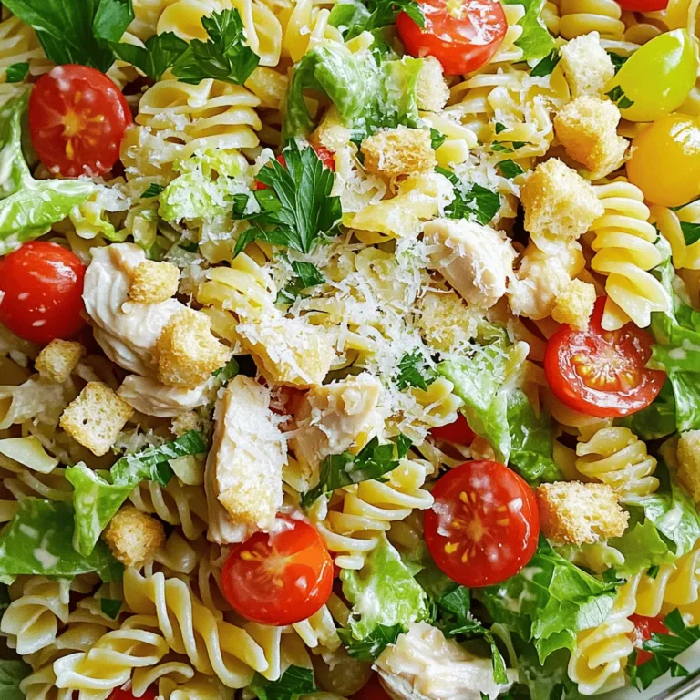 - 2 cups rotini pasta - 1 cup cooked chicken breast, diced - 1/2 cup cherry tomatoes, halved - 1/4 cup grated Parmesan cheese - 3 cups romaine lettuce, chopped - 1/4 cup Caesar salad dressing (store-bought or homemade) - 1/4 teaspoon garlic powder - Salt and black pepper to taste - Croutons for garnish - Fresh parsley, chopped (for garnish) To make the Chicken Caesar Pasta Salad, you need fresh and high-quality ingredients. The rotini pasta gives the salad a fun twist. It holds the dressing well and adds a nice texture. Using cooked chicken breast makes it hearty. You can use leftover chicken for a quick meal too. Cherry tomatoes bring a burst of color and flavor. They add sweetness, balancing the savory taste of the Caesar dressing. Grated Parmesan cheese adds a rich and nutty taste. It melts slightly into the warm pasta, creating a creamy feel. Romaine lettuce adds crunch and freshness. This salad is not just tasty; it looks good too. The colors from the ingredients make it appealing. You can pick a Caesar dressing you enjoy. Store-bought is fine, but homemade can be even better. Garlic powder adds depth to the dressing, enhancing the overall flavor. Don’t forget salt and black pepper! They help bring all the flavors together. Croutons add an extra crunch on top, making every bite exciting. Lastly, fresh parsley gives a pop of color and a hint of herbal flavor. For the full recipe, you can check the detailed instructions. 1. Bring salted water to a boil in a large pot. 2. Add 2 cups of rotini pasta. 3. Cook until the pasta is al dente, usually about 8-10 minutes. 4. Drain the pasta and rinse it under cold water. This stops the cooking. 1. In a large bowl, mix 1 cup of diced cooked chicken, 1/2 cup of halved cherry tomatoes, 1/4 cup of grated Parmesan cheese, and 3 cups of chopped romaine lettuce. 2. Add the cooled rotini pasta to the bowl. 1. In a small bowl, whisk together 1/4 cup of Caesar dressing, 1/4 teaspoon of garlic powder, salt, and pepper. 2. Taste and adjust seasoning as necessary. 1. Pour the dressing over the salad mixture in the bowl. 2. Toss gently until everything is well coated with dressing. 1. Cover the salad and refrigerate for at least 30 minutes. This helps the flavors mix. 2. Just before serving, garnish with croutons and chopped parsley for extra crunch and color. For the full recipe, check out the details above. To make great pasta, start with a big pot. Use plenty of water and add salt. This helps the pasta taste better. Cook the rotini until it is al dente. This means it should be firm but not hard. You can check this by tasting a piece. After cooking, rinse the pasta under cold water. This stops the cooking process and keeps it from getting mushy. Rinsing also helps cool it down for your salad. Feel free to add other tasty ingredients. You might try diced bell peppers for color or olives for a salty kick. Avocado can make it creamy. Just remember to keep any extra ingredients in balance. If you want a vegan version, swap the chicken for chickpeas. You can also use a plant-based dressing. For a gluten-free option, choose gluten-free pasta. There are many choices that taste great! To boost the taste of your dressing, add fresh lemon juice. A dash of Worcestershire sauce can add depth. You can also mix in some Dijon mustard for a zing. For herbs, try fresh basil or parsley. These add freshness. Sprinkle some black pepper for a little heat. These simple steps can really lift your Chicken Caesar Pasta Salad. For the full recipe, check out the detailed instructions above. {{image_2}} You can swap the chicken for many other proteins. Shrimp works great. Just cook it quickly in a pan. Tofu is another option. It soaks up flavors well. You can also use leftover chicken from another meal. This makes cooking fast and easy. While Caesar dressing is classic, there are many other choices. You can try ranch, blue cheese, or vinaigrette. Each brings a different taste. If you want to make your own, blend Greek yogurt, lemon juice, and herbs. This gives a fresh twist. Using seasonal veggies can brighten your salad. In summer, add bell peppers, cucumbers, or corn. They add crunch and color. For winter, try roasted squash or Brussels sprouts. These veggies add warmth and depth. You can always mix and match. Enjoy the flavors of each season in your salad! After enjoying Chicken Caesar Pasta Salad, you might have some leftovers. To store them, use an airtight container. Make sure the salad is cool before sealing. This keeps it fresh and prevents sogginess. You can store it in the fridge for up to three days. However, for the best taste, try to eat it within two days. Can you freeze Chicken Caesar Pasta Salad? It’s not the best idea. When frozen, the dressing can separate, and the lettuce will get mushy. If you still want to freeze it, consider freezing the pasta and chicken separately. This helps maintain their texture. When ready to eat, thaw everything in the fridge overnight. Mix fresh lettuce and dressing before serving. This way, you keep the salad fresh and tasty. Chicken Caesar pasta salad mixes pasta with chicken, lettuce, and Caesar dressing. It combines the classic Caesar salad with pasta. This dish likely comes from the need to add heartiness to a traditional salad. It’s perfect for lunch or a light dinner. Yes, you can make this salad ahead of time. Prepare it a few hours before you eat. Just keep it in the fridge to stay fresh. The flavors blend better when it chills. However, wait to add croutons until just before serving. They stay crispy this way. This salad pairs well with many sides. You can serve it with garlic bread or a light soup. A simple fruit salad also makes a good match. If you want something more filling, add grilled veggies or roasted potatoes. Yes, this recipe is quite healthy. It includes lean chicken, fresh veggies, and pasta. Chicken adds protein, while romaine lettuce offers fiber and vitamins. The dressing gives flavor but can be adjusted for fewer calories. Use less dressing or a lighter version if desired. To boost the flavor, try adding fresh herbs like basil or parsley. You can also squeeze some lemon juice over the salad. This adds brightness. If you like a bit of heat, sprinkle in some red pepper flakes. Taste as you go to find your favorite balance. If you want an alternative, use ranch or yogurt-based dressings. A simple vinaigrette can also work. For a homemade option, mix olive oil, lemon juice, and garlic. These substitutes give you a new spin while keeping the salad tasty. This blog post covered how to make a tasty Chicken Caesar Pasta Salad. You learned about the ingredients, cooking steps, and storage tips. You can customize the salad with different proteins and dressings. Don't be afraid to experiment with seasonings and seasonal veggies. In the end, this salad is easy to make and perfect for any meal. Enjoy making it your own!