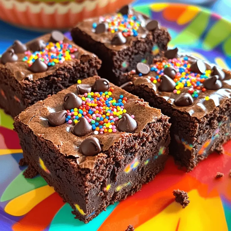 To make Cosmic Brownie Copycat, gather these simple ingredients: - 1 cup unsalted butter, melted - 1 1/4 cups granulated sugar - 1 teaspoon vanilla extract - 3 large eggs - 1 cup all-purpose flour - 1/2 cup unsweetened cocoa powder - 1/2 teaspoon baking powder - 1/4 teaspoon salt - 1/2 cup semi-sweet chocolate chips - 1/2 cup rainbow sprinkles - 1/3 cup chopped nuts (optional) - Extra chocolate chips and sprinkles for topping If you need to make substitutions, try using dairy-free butter for a vegan option. You can also swap all-purpose flour with a gluten-free mix if needed. When baking, precise measurements matter. Use dry measuring cups for flour and cocoa powder. For sticky items like sugar or butter, pack them lightly in the cup, then level with a knife. Also, it is key to use room temperature eggs. They mix better with other ingredients and help create a smooth batter. If your eggs are cold, place them in warm water for a few minutes. This small step makes a big difference in your brownies’ texture! First, preheat your oven to 350°F (175°C). This step is key for even baking. While the oven heats, prepare your pan. Grease a 9x13-inch pan with butter or use parchment paper. Parchment makes it easy to lift the brownies out later. Next, let’s mix the wet ingredients. In a large bowl, combine melted butter and granulated sugar. Whisk them together until they blend well. This step is important for a creamy texture. Then, add eggs one by one, mixing well after each. Include one teaspoon of vanilla extract for extra flavor. Now, it’s time for the dry ingredients. In a separate bowl, sift together all-purpose flour, cocoa powder, baking powder, and salt. Sifting helps keep the batter smooth. Gradually add the dry mix to the wet mix. Stir gently until just combined. Be careful not to overmix, or the brownies can become tough. Pour the batter into the prepared pan. Spread it evenly with a spatula. This helps them bake evenly. Before you bake, sprinkle extra chocolate chips and rainbow sprinkles on top. Bake for 25-30 minutes. To check if they are done, insert a toothpick in the center. It should come out with moist crumbs, not wet batter. Once baked, let them cool for at least 15 minutes before cutting. For the complete recipe, refer to the Full Recipe section. To get that perfect fudgy brownie, avoid overmixing. Stir the batter until just combined. This keeps your brownies soft and chewy. Also, use a 9x13-inch baking pan for best results. This size gives even baking and a nice texture. You can add fun flavors like espresso or peppermint extract. Just a little goes a long way. For extra fun, try mix-ins like nuts, toffee bits, or even peanut butter chips. Each mix-in adds a new twist to your Cosmic Brownie. To get the best texture, cool the brownies in the pan for 15 minutes. Then, move them to a wire rack to cool completely. This helps keep them moist. When cutting, use a sharp knife for clean squares. Wipe the knife between cuts for neat edges. Enjoy your delicious Cosmic Brownies! {{image_2}} You can add nuts to your Cosmic Brownies for more flavor. Walnuts, pecans, or almonds work well. Each nut brings a unique taste. Walnuts add a rich, earthy note. Pecans give a buttery flavor, while almonds offer a nice crunch. Chop the nuts into small pieces. Mix them into the batter before baking. This will give your brownies an extra layer of texture. To make gluten-free Cosmic Brownies, swap the all-purpose flour for a gluten-free blend. Look for blends that include rice flour and tapioca flour. These help keep the texture nice and chewy. You may need to add a bit more liquid. Start with 1-2 tablespoons of extra melted butter or milk. This will help keep the brownies moist and delicious. You can make vegan Cosmic Brownies by replacing eggs and butter. Use flax eggs or applesauce to substitute eggs. For butter, try coconut oil or vegan butter. Both options work great and keep the flavor rich. If you choose applesauce, use 1/4 cup for each egg. This keeps the brownies soft and tasty. Enjoy every bite without the animal products! For the full recipe, check out the details above. To keep your Cosmic Brownies fresh, use air-tight containers. This helps lock in moisture and flavor. Store them at room temperature for up to five days. If you want them to last longer, refrigerate them. Just remember to wrap them well to avoid drying out. Freezing Cosmic Brownies is easy and a great way to save leftovers. First, let them cool completely. Then, cut them into squares. Wrap each square in plastic wrap. Place the wrapped brownies in a freezer bag. They can stay frozen for up to three months. To thaw, take out the desired number of brownies. Leave them at room temperature for about an hour. You can also microwave them for a few seconds if you’re in a hurry. Enjoy your treats as if they were fresh out of the oven! You can use several items instead of eggs. Here are some good options: - Flaxseed meal: Mix 1 tablespoon of flaxseed meal with 2.5 tablespoons of water. Let it sit for 5 minutes. - Applesauce: Use 1/4 cup of unsweetened applesauce for each egg. It adds moisture. - Mashed banana: Use 1/4 cup of mashed banana for one egg. This gives a hint of sweetness. - Yogurt: Use 1/4 cup of plain yogurt for each egg. It keeps the brownies rich. These substitutes can change the texture and taste. Flaxseed gives a nutty flavor while applesauce adds sweetness. You may want to try different options to find what you like best. Yes, you can! Making brownies ahead is easy. Just follow these tips: - Bake and cool: Make the brownies as normal. Let them cool completely in the pan. - Wrap well: Wrap the cooled brownies tightly in plastic wrap. This keeps them fresh. - Store in the fridge: You can keep them in the fridge for up to a week. - Freeze for longer: For longer storage, freeze them. Cut the brownies into squares and place them in an airtight container. They will last for about three months in the freezer. When you’re ready to enjoy, let them thaw in the fridge overnight. Cosmic Brownies can last a while if stored right. Here’s what you need to know: - At room temperature: They stay fresh for about 3-4 days. Keep them in an airtight container. - In the fridge: If you place them in the fridge, they can last up to a week. - In the freezer: They last for about three months in the freezer. Just remember to wrap them well. Check for any signs of spoilage before eating. If they smell off or have mold, it’s best to toss them. Enjoy your sweet treat! For the full recipe, check out the Cosmic Brownie Copycat Recipe. In this post, we covered the key ingredients for Cosmic Brownies, from mixing to baking. I shared tips on measuring, enhancing flavors, and achieving that perfect texture. We also explored variations, storage methods, and frequently asked questions. Remember, small changes can lead to great results. Enjoy experimenting with your own Cosmic Brownie recipe, and share with others. Happy baking!
