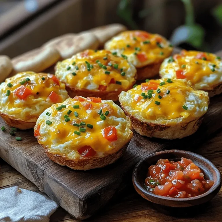 To create your breakfast egg and cheese muffins, you’ll need: - 6 large eggs - 1 cup shredded cheddar cheese - ½ cup diced bell peppers (mix of colors for visual appeal) - ½ cup cooked and crumbled breakfast sausage (optional) - ¼ cup milk - 1 teaspoon garlic powder - 1 teaspoon onion powder - Salt and pepper to taste - 1 teaspoon chopped fresh chives or parsley (for garnish) - 6 English muffins, split Using fresh ingredients makes a big difference. Look for eggs that are local and organic. Fresh bell peppers should be bright and firm. If you opt for sausage, choose high-quality, fully cooked options. Fresh herbs, like chives or parsley, add a burst of flavor and color. You can use fresh vegetables too, such as spinach or zucchini, to boost nutrition. Cheddar is a classic choice for these muffins. It melts well and adds rich flavor. You can also try mozzarella for a milder taste or pepper jack for some spice. When it comes to meat, cooked bacon or turkey sausage works nicely. Always check the labels for additives and preservatives. You want options that are fresh and tasty. For the full recipe, refer to the scrumptious egg & cheese breakfast muffins section. To start, gather your ingredients. You need six large eggs, a cup of shredded cheddar cheese, and half a cup of diced bell peppers. If you like meat, include half a cup of cooked and crumbled breakfast sausage. In a bowl, crack the eggs and whisk them well. Add the milk, garlic powder, onion powder, salt, and pepper. Mix until it's smooth. Next, fold in the cheese, bell peppers, and sausage if you are using it. This egg mixture is rich and colorful. Now, let’s move to baking. Preheat your oven to 350°F (175°C). Prepare your muffin tin with non-stick spray or use muffin liners. This helps with easy removal later. Pour the egg mixture into each muffin cup, filling them about three-quarters full. Bake for 20-25 minutes. You want them slightly golden on top and set in the center. While they bake, toast your English muffins. This adds a nice crunch. Once they’re done, let them cool for a bit. Use a knife to run around the edges for easy removal. Serving is fun and simple! Place the baked egg muffins on top of the toasted English muffins. For a bright touch, garnish with fresh chives or parsley. You can also add a small bowl of salsa or hot sauce on the side for extra flavor. This makes for a tasty and colorful breakfast that everyone will enjoy. For the full recipe, check the earlier section. To make your muffins fluffy, beat the eggs well. Mix in the milk slowly. This helps create air pockets, making them light. Avoid over-mixing after adding the cheese and veggies. This keeps the texture airy. Bake them until they are just set; a little jiggle is okay. One big mistake is not preheating the oven. This can lead to uneven cooking. Another mistake is overfilling the muffin cups. Fill each cup only ¾ full. If you add too much, they will overflow. Lastly, don’t skip the cooling step. Letting them cool slightly helps them firm up for easy removal. Serve your muffins warm, right after baking. Place them on toasted English muffins for a nice crunch. Add fresh herbs on top for color and taste. Offer salsa or hot sauce on the side for extra flavor. For a fun twist, pair them with a fruit salad for a balanced meal. For the full recipe, check out the Scrumptious Egg & Cheese Breakfast Muffins section. {{image_2}} You can easily make these muffins without meat. Just skip the sausage and add more veggies. Try using spinach, mushrooms, or zucchini. These options add great taste and color. You can also swap the cheddar for a tasty cheese like feta or goat cheese. This gives a nice twist to the recipe. Feel free to mix up the ingredients. If you love spice, add diced jalapeños or a pinch of cayenne. Prefer a milder flavor? Use sweet bell peppers or even corn. You can also switch the cheese. Try mozzarella, pepper jack, or even a mix! Each choice changes the muffin's taste. Want to explore global tastes? Give these muffins an Italian twist. Add sun-dried tomatoes, basil, and mozzarella. For a Mexican flavor, mix in black beans, corn, and pepper jack cheese. You can even try a Mediterranean style with olives and feta. Each version brings a new adventure to your breakfast table. Check out the Full Recipe for more ideas! To keep your muffins fresh, let them cool completely. Place them in an airtight container. You can also wrap them in plastic wrap first. Store the container in the fridge if you plan to eat them within a week. For longer storage, use the freezer. When you want to enjoy your muffins again, preheat the oven to 350°F (175°C). Place the muffins on a baking sheet. Heat them for about 10-15 minutes. You can also use a microwave for quick reheating. Just heat each muffin for about 30 seconds to 1 minute. To freeze your muffins, wrap each one in plastic wrap. Then place them in a freezer bag. This keeps them from getting freezer burn. They can last up to three months in the freezer. To thaw, simply take them out and leave them at room temperature for a few hours. If you want them warm, reheat them in the oven or microwave. Enjoy your delicious breakfast anytime! For the full recipe, check out the instructions above. Yes, you can make these muffins ahead of time. I often prepare them the night before. Just follow the recipe and store them in the fridge. You can either bake them and reheat or make the egg mixture and bake fresh in the morning. This saves time and makes mornings easier. If you don’t have English muffins, you have options! You can use bagels, pita bread, or even tortillas. Each choice brings a unique twist to the muffins. Just remember to adjust the baking time if you change the base. These muffins last about four days in the fridge. Make sure to store them in an airtight container. If you want them to last longer, consider freezing them. They freeze well and can be reheated easily for a quick breakfast. For the full recipe, check the details above! In this post, we covered how to make tasty Breakfast Egg and Cheese Muffins. We discussed key ingredients, including fresh options, cheese, and meats. I shared step-by-step baking instructions and serving tips. We explored common mistakes and great storage ideas, too. These muffins are easy and fun to customize. Try different flavors to keep things fresh. Enjoy the process and make breakfast easier with these muffins. Happy baking!