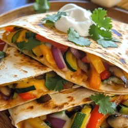 - 4 large flour tortillas - 1 cup shredded cheese (cheddar or mozzarella) - 1 cup bell peppers, thinly sliced (mixed colors) - 1 cup zucchini, thinly sliced - 1 cup mushrooms, sliced - 1 small red onion, thinly sliced - 1 teaspoon garlic powder - 1 teaspoon cumin - Salt and pepper, to taste - 2 tablespoons olive oil - Sour cream or Greek yogurt, for serving (optional) - Fresh cilantro, for garnish (optional) To create your easy veggie quesadillas, gather these fresh ingredients. The colorful bell peppers add crunch and sweetness. Zucchini and mushrooms bring a nice earthy flavor. Red onion gives a slight bite that balances the dish. I like to use both cheddar and mozzarella for cheese. Cheddar adds sharp flavor, while mozzarella melts beautifully. The spices, garlic powder and cumin, give warmth and depth to the mix. You can adjust the salt and pepper to fit your taste. Olive oil is key for sautéing the vegetables to perfection. Lastly, sour cream or Greek yogurt adds creaminess when served. Fresh cilantro is a nice touch on top. For the full recipe, check the details provided above. Enjoy cooking! First, I heat 2 tablespoons of olive oil in a large skillet over medium heat. Next, I add 1 cup of thinly sliced bell peppers, 1 cup of thinly sliced zucchini, 1 cup of sliced mushrooms, and 1 small sliced red onion. I sauté these vegetables for about 5-7 minutes. I want them to be tender but still crisp. After the veggies are tender, I sprinkle 1 teaspoon of garlic powder and 1 teaspoon of cumin over the mix. I add salt and pepper to taste. I stir everything well to combine and let it cook for another 2 minutes. This step brings out all the great flavors. Now, I take a flour tortilla and place it in a clean skillet over medium heat. On one half of the tortilla, I sprinkle a layer of 1 cup of shredded cheese. Then, I add a generous amount of my sautéed veggie mixture on top. I sprinkle a bit more cheese on the veggies to help hold it all together. Then, I fold the tortilla in half. I cook this quesadilla for about 3-4 minutes on each side. I want it to be golden brown and the cheese to melt perfectly. After cooking, I transfer the quesadilla to a cutting board and slice it into wedges. I love serving these warm with some sour cream or Greek yogurt. I also like to sprinkle fresh cilantro on top for a pop of color. If you want to see the details, check the Full Recipe. To make the perfect quesadilla, you want a crispy outside. Here’s how to achieve that ideal crispiness: - Use medium heat: Cooking on medium heat allows the tortilla to crisp without burning. - Oil the pan: Adding a little olive oil helps the tortilla brown nicely. For cheese melting, here are some tips: - Grate cheese: Grated cheese melts better than slices. - Cover while cooking: A lid traps heat and helps the cheese melt faster. To boost the taste of your quesadillas, try these spices and herbs: - Add chili powder: It gives a nice kick. - Use fresh herbs: Cilantro or parsley adds freshness. If you want to switch things up, consider these ingredient substitutes: - Swap bell peppers for spinach: Spinach offers a different texture. - Try feta cheese instead of cheddar: Feta brings a tangy flavor. For cooking quesadillas, the right pan matters: - Nonstick skillet: It helps prevent sticking and burning. - Cast iron skillet: This option provides even heat for great browning. Don’t forget to use a good spatula for flipping: - Wide spatula: It supports the quesadilla well when you flip. - Silicone spatula: It protects your pan's surface while flipping. These tips will help you make easy veggie quesadillas that taste great and look inviting. For the full recipe, check out the Easy Veggie Quesadillas section above. {{image_2}} You can boost your veggie quesadilla with protein. Black beans or refried beans work great. They add rich flavor and extra fiber. Grilled chicken is another option. It adds a nice texture and taste. If you prefer a plant-based option, try tofu. Just grill it with your veggies for a tasty twist. Cheese is the heart of any quesadilla. You can use different types for unique flavors. Cheddar gives a sharp taste, while mozzarella melts wonderfully. Mixing cheese types can create a fun flavor blend. Try combining pepper jack for heat with cheddar for creaminess. This mix will make your quesadilla even more delicious. Feel free to explore other vegetables in your quesadillas. Spinach, kale, or corn add nice colors and nutrients. You can even use leftover vegetables from your fridge. Seasonal veggies work well too. In summer, try fresh tomatoes or bell peppers. In winter, add roasted squash or sweet potatoes. Each season brings new flavors to enjoy. For more details on making these tasty quesadillas, check out the Full Recipe. To keep your leftover quesadillas fresh, place them in an airtight container. You can refrigerate them for up to three days. Make sure they cool before sealing. For longer storage, you can freeze them. Wrap each quesadilla in plastic wrap and then place them in a freezer-safe bag. They can last up to three months in the freezer. When you want to eat them, just pull them out and reheat. For the best taste, reheat quesadillas in a skillet. Heat on medium-low for around 5 minutes on each side. This method keeps them crispy. You can also use an oven. Preheat it to 350°F (175°C) and bake the quesadillas for about 10-15 minutes. If you want to keep them crispy, place them directly on the oven rack or on a baking sheet. Avoid microwaving, as this makes them soggy. Enjoy your easy veggie quesadillas just like fresh! You can prep these quesadillas a day in advance. Start by cooking the veggies as the recipe says. Once they cool, store them in an airtight container in the fridge. This saves time when you are ready to cook. When you want a quesadilla, just assemble it with cheese and your veggie mix. Cook as directed until golden and crispy. Yes, you can! Simply use gluten-free tortillas instead of flour ones. Many brands offer great options. Look for tortillas made from rice or corn. They work well and taste good too. Just follow the same cooking steps in the recipe. I love serving quesadillas with sour cream or Greek yogurt. They add creaminess and balance the flavors. You can also try salsa or guacamole for a fresh twist. Hot sauce or chipotle sauce adds a kick if you like spice. These sauces boost the flavor and make the meal more fun. For the complete recipe, check out the [Full Recipe]. You learned how to make tasty veggie quesadillas with simple steps. We covered ingredients, cooking tips, and even ways to store leftovers. You can mix flavors and add proteins to make this dish your own. Keep exploring with different vegetables and spices. Use this guide to impress your friends and family. Enjoy your cooking, and find joy in every bite of your quesadillas. Your kitchen skills will shine!