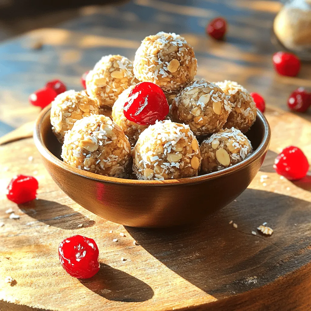 To make Cherry Almond Energy Balls, you need simple, healthy ingredients. This recipe takes about 10 minutes to prep and gives you about 15 to 20 energy balls. You mix everything in a food processor, shape the mix into balls, and chill them. - 1 cup pitted dried cherries: They add natural sweetness and a chewy texture. - 1 cup raw almonds: Almonds provide healthy fats, protein, and crunch. - 1 cup rolled oats: Oats give structure and fiber, making these snacks filling. - 2 tablespoons almond butter: This adds creaminess and binds the mix. - 2 tablespoons honey or maple syrup: These sweeteners help bind and add flavor. - 1 teaspoon vanilla extract: It enhances the overall taste with a warm note. - 1/2 teaspoon cinnamon: This spice adds warmth and depth to the flavor. - Pinch of salt: Salt enhances sweetness and balances flavors. - 1/4 cup unsweetened shredded coconut (optional): Coconut adds a fun texture and flavor when used for coating. This recipe is easy to adjust for dietary needs. To make it vegan, simply use maple syrup instead of honey. For gluten-free options, ensure you use certified gluten-free oats. These changes keep the energy balls tasty and accessible for everyone! To make Cherry Almond Energy Balls, you start with the right ingredients. Gather everything you need first. 1. In a food processor, add: - 1 cup pitted dried cherries - 1 cup raw almonds - 1 cup rolled oats - 2 tablespoons almond butter - 2 tablespoons honey or maple syrup - 1 teaspoon vanilla extract - 1/2 teaspoon cinnamon - A pinch of salt 2. Pulse the mixture until it looks crumbly and sticks together. Check that all parts blend well. You might need to stop and scrape the sides to mix. 3. When mixed, wet your hands. This helps prevent sticking. Form small balls, about 1 inch wide. 4. If you want, roll each ball in unsweetened shredded coconut. This adds a nice touch and flavor. 5. Place the balls on a parchment-lined baking sheet. Pop them in the fridge for at least 30 minutes. This helps them firm up. 6. After they set, store the balls in an airtight container in the fridge. Using a food processor can make this recipe quick and easy. Here are some tips: - Cut larger ingredients: If your dried cherries or almonds are big, chop them first. This helps the processor blend them better. - Don’t overfill: If you add too much at once, it may not mix well. Blend in batches if needed. - Pulse, don’t blend: Pulsing helps mix your ingredients without turning them into mush. Even simple recipes can have pitfalls. Here are mistakes to watch for: - Skipping the chilling step: Chilling helps the energy balls hold their shape. Don’t skip it! - Too many wet ingredients: If you add too much honey or almond butter, the mixture can get too sticky. Adjust as needed. - Not measuring: Accurate measurements keep the flavors balanced. Use measuring cups for best results. Now that you know the steps, you can make these energy balls with confidence. Enjoy your tasty, healthy snack! To make perfect cherry almond energy balls, choose fresh, high-quality dried cherries. Look for ones without added sugar. Use raw almonds for a great crunch. Blend the mixture until it is sticky. This helps the balls hold together. Wet your hands to form the balls. This prevents the mixture from sticking to your hands. Refrigerate the balls for at least 30 minutes. This helps them firm up nicely. If they feel too soft, add more oats. This will help with the texture. Adding toppings can make your energy balls fun and tasty. You can roll them in shredded coconut for a tropical twist. Chopped nuts or seeds also work well. You might try using cocoa powder for a chocolatey taste. For a sweet touch, drizzle melted dark chocolate on top. This adds flavor and makes them look fancy. You can even sprinkle sea salt on top for a sweet-savory combo. You can boost the flavor of your energy balls with some easy additions. Try adding a tablespoon of chia seeds or flax seeds. These add nutrition and a nice crunch. For a spicy note, consider adding a pinch of nutmeg or ginger. You can also mix in a scoop of protein powder. This gives you an extra energy boost. Experiment with different flavors to find your favorite. The key is to have fun and enjoy the process. For the complete process, check the Full Recipe. {{image_2}} You can easily change the taste of cherry almond energy balls. Want chocolate? Add 1/3 cup cocoa powder to the mix. You will love how it blends with cherry! For coconut fans, mix in 1/2 cup unsweetened shredded coconut. This gives a tropical twist. You can even toss in some mini chocolate chips for a sweet surprise. Not everyone can enjoy nuts or sugar. To make these energy balls nut-free, switch almonds for sunflower seeds. This keeps the crunch while avoiding allergens. For a sugar-free option, use agave syrup or a sugar substitute like stevia. These swaps let everyone enjoy this tasty treat! You can adjust the fruits in your energy balls based on the season. In summer, mix in dried apricots or peaches. In fall, try dried apples or pumpkin spice. This adds warmth and flavor that fits the season. You can even sprinkle in some nutmeg or ginger for a fun twist. For the full recipe, feel free to check out the details! To keep your cherry almond energy balls fresh, store them in an airtight container. Place a piece of parchment paper between layers to prevent sticking. I find that a glass container works best. It keeps the flavors intact and prevents moisture. Always keep them in the fridge. This ensures they stay firm and tasty. If you wish to store them longer, freezing is a great option. To freeze, first, place the energy balls on a baking sheet. Make sure they are not touching. Freeze them for about one hour, or until firm. Then, transfer the balls into a freezer-safe bag or container. Label the bag with the date. They can last up to three months in the freezer. When ready to eat, just thaw them in the fridge overnight. These energy balls stay fresh for about one week in the fridge. After that, they may lose their flavor and texture. Check for any signs of spoilage, like a change in smell or texture. If you notice anything off, it's best to toss them. For optimal taste, enjoy them within the first few days. Keeping them in the fridge helps maintain their yummy flavor. For more details, check the Full Recipe for insights on preparing and enjoying this nutritious snack! Yes, you can use other nuts in these energy balls. If you have a nut allergy, try seeds like sunflower or pumpkin. Walnuts or cashews can also add unique flavors and textures. Just keep the same amount, so substitute one cup for another. Each nut brings a different taste, making this recipe fun to customize. These energy balls can last up to one week in the fridge. Store them in an airtight container to keep them fresh. If you want to keep them longer, you can freeze them. They can last up to three months in the freezer. Just thaw them in the fridge before enjoying. Absolutely! You can make these energy balls ahead of time. They are perfect for meal prep. Make a batch at the start of the week and grab one whenever you need a snack. Just remember to store them properly to maintain freshness. For more details, check out the Full Recipe. In this blog post, we covered how to make tasty energy balls. We explored key ingredients and dietary options. I shared step-by-step instructions and tips for a perfect finish. We looked at flavor variations and how to store them well. These energy balls are fun and easy to make. They fit many diets and taste great. You can adjust the recipe based on what you like. Enjoy creating your own mix!