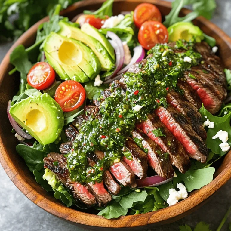 To make a great chimichurri steak salad, you need simple and fresh ingredients. Here is a list of what you will need: - 1 lb flank steak - Salt and pepper to taste - 2 cups mixed salad greens (arugula, spinach, and romaine) - 1 ripe avocado, sliced - 1 cup cherry tomatoes, halved - 1/2 red onion, thinly sliced - 1/4 cup crumbled feta cheese - 1/4 cup olive oil - 1/4 cup red wine vinegar - 1 cup fresh parsley, finely chopped - 3 cloves garlic, minced - 1 teaspoon red pepper flakes (optional) Each ingredient plays a key role in building flavor and texture in the salad. The flank steak offers a rich and meaty base. Seasoning it with salt and pepper brings out its natural taste. Mixed salad greens add crunch and freshness. The creamy avocado balances the steak's richness while the cherry tomatoes add a pop of color and sweetness. Red onion provides a sharp bite, and feta cheese adds a tangy note. The chimichurri sauce is a game-changer. Olive oil gives it a smooth texture. Red wine vinegar adds brightness. Fresh parsley brings in herbal notes. Garlic gives it depth, and red pepper flakes (if you choose to use them) add a spicy kick. You can adjust the recipe to suit your taste. Consider adding nuts for crunch, like walnuts or almonds. You could also mix in other seasonal veggies such as bell peppers or cucumbers for extra color and nutrition. If you like heat, add more red pepper flakes or a dash of hot sauce. Each of these will enhance your chimichurri steak salad and make it uniquely yours. For the complete recipe, check the Full Recipe section. To start, heat your grill or grill pan over medium-high heat. While it heats, season the flank steak with salt and pepper. This step adds flavor. Grill the steak for about 4 to 5 minutes on each side. This timing gives you a nice medium-rare steak. Adjust the time if you want it more done. Once grilled, remove the steak and let it rest for 5 minutes. This resting time helps keep the juices in the meat. While the steak rests, you can make the chimichurri sauce. In a bowl, mix together olive oil and red wine vinegar. Then add finely chopped parsley and minced garlic. If you like spice, toss in red pepper flakes. Mix all the ingredients well. Taste the sauce, and add salt and pepper as needed. This sauce brings a burst of flavor to your salad. Now, it’s time to put everything together. Slice the rested steak against the grain into thin strips. In a large serving bowl, combine mixed salad greens, sliced avocado, halved cherry tomatoes, and thinly sliced red onion. Crumble feta cheese on top for a creamy touch. Gently toss these ingredients to mix. Finally, place the sliced steak on top and drizzle generously with chimichurri sauce. You can toss everything gently if you like, or serve with extra sauce on the side. Enjoy your fresh and flavorful meal! For the complete recipe, check out the Full Recipe section. Grilling steak is simple if you follow a few easy steps. First, always start with a clean grill. This helps prevent sticking. Preheat your grill to medium-high heat for even cooking. Season your flank steak well with salt and pepper before placing it on the grill. Cook for 4-5 minutes on each side for medium-rare. Use a meat thermometer to check for doneness. Aim for 130°F for medium-rare. Let the steak rest for at least 5 minutes. This keeps the juices inside, making it tender. Chimichurri is very flexible. You can adjust it to fit your taste. Start with the basic recipe of parsley, garlic, olive oil, and vinegar. Want more heat? Add more red pepper flakes. You can also mix in fresh herbs like cilantro or oregano for new flavors. For a citrus twist, add some lime or lemon juice. Experiment until you find your favorite combo! A beautiful salad looks even more inviting. Use a large bowl to combine your salad greens, avocado, tomatoes, onion, and feta. Toss gently to mix the colors and textures. Slice your rested steak thinly against the grain. Place it on top of the salad. Drizzle with chimichurri sauce for a vibrant finish. You can even garnish with extra parsley for a pop of color. This makes your dish look as good as it tastes! Check out the Full Recipe for more details. {{image_2}} You can swap the flank steak for other proteins. Grilled chicken works well. Shrimp adds a nice touch too. For a meaty flavor, try lamb. Each protein brings a unique taste. Just season them like you do with steak. Cook until they reach the right doneness. This keeps your salad fresh and fun. If you want a vegetarian twist, skip the meat. Instead, use grilled portobello mushrooms. They have a rich flavor that stands out. Roasted chickpeas are another great choice. They add protein and a satisfying crunch. You can also use tofu. Marinate it with chimichurri for extra flavor. Seasonal swaps make this salad exciting all year. In spring, add fresh peas or radishes. In summer, include sweet corn or bell peppers. Fall calls for roasted butternut squash or beets. In winter, try adding kale or Brussels sprouts. These swaps keep your meal vibrant and full of life. For the full recipe, check out the details above. To keep your salad fresh, store it in an airtight container. Place the steak on top of the greens to prevent sogginess. If you have extra chimichurri, store it separately. This way, it won’t make the salad wet. Use the leftover salad within three days for the best taste. Reheating steak can be tricky. I recommend using a skillet on low heat. Add a splash of water or broth to keep it moist. Heat for a few minutes until warm. You can also use a microwave. Place the steak on a plate with a damp paper towel. Heat it in short bursts, checking often. This way, you avoid overcooking. Homemade chimichurri lasts about one week in the fridge. Store it in a sealed jar to keep it fresh. If you notice any changes in color or smell, it’s best to toss it. You can also freeze chimichurri for up to three months. Just thaw it in the fridge before using it again. For the complete recipe, check out the Full Recipe. Enjoy your flavorful meal! The best steak for this salad is flank steak. Flank steak is tender and flavorful. It absorbs the chimichurri sauce well. Other good options include skirt steak and sirloin. Each choice will give you a tasty result. Remember to slice the steak against the grain. This helps to keep it tender and easy to chew. Yes, you can make chimichurri sauce ahead of time. This sauce stays fresh for about a week in the fridge. Just store it in a sealed container. The flavors will mix and get even better over time. Stir it well before using. If it thickens, add a bit of olive oil to loosen it. Chimichurri steak salad is a healthy meal option. It has lean protein from the steak. The salad greens provide vitamins and fiber. Avocado adds healthy fats, while tomatoes and onions add nutrients. You can adjust the portion sizes to fit your diet. This salad is satisfying without being heavy. For a full recipe, check out the details above. This blog post covered the key steps to make a delicious Chimichurri Steak Salad. We discussed essential ingredients, how to prep the steak, and tips for grilling. You learned how to make a tasty chimichurri sauce and assemble your salad. We also explored variations, storage tips, and answered common questions about the dish. Enjoy experimenting with flavors and ingredients. This salad is not just a meal; it’s a fresh experience. You can make it your own!