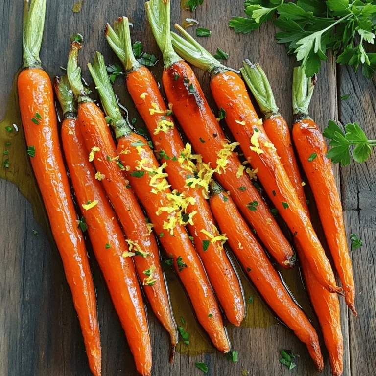 To make Lemon Garlic Roasted Carrots, you need a few simple items. Here’s what you will need: - 1 pound baby carrots (or regular carrots, cut into sticks) - 3 tablespoons olive oil - 3 cloves garlic, minced - Zest of 1 lemon - 2 tablespoons fresh lemon juice - 1 teaspoon honey (or maple syrup for a vegan option) - 1 teaspoon fresh thyme leaves (or ½ teaspoon dried thyme) - Salt and pepper to taste - Fresh parsley, chopped (for garnish) These ingredients blend together to create a bright and tasty side dish. The baby carrots are sweet and tender, while lemon and garlic add a fresh kick. This dish is quick to prepare and perfect for any meal. You can find the complete recipe details in the [Full Recipe]. Enjoy the vibrant flavors and colors! - Preheat your oven to 400°F (200°C). - Line a baking sheet with parchment paper for easy cleanup. - In a large bowl, combine: - 3 tablespoons olive oil - 3 cloves garlic, minced - Zest of 1 lemon - 2 tablespoons fresh lemon juice - 1 teaspoon honey (or maple syrup) - 1 teaspoon fresh thyme leaves (or ½ teaspoon dried thyme) - Salt and pepper to taste. Stir well to mix all the flavors. This marinade brings the carrots to life. - Toss the baby carrots in the marinade. - Make sure they are evenly coated. - Spread the carrots in a single layer on the baking sheet. Give them space so they roast well. Crowded carrots can steam instead of roast. - Roast the carrots for 25-30 minutes. - Toss halfway through for even cooking. - Remove from the oven and let them cool slightly. The carrots should turn tender and caramelized. - Garnish with fresh parsley before serving. This adds a nice color and fresh taste to your dish. For the full recipe, check the detailed instructions above. When making Lemon Garlic Roasted Carrots, you can choose between baby carrots and regular carrots. Baby carrots are sweet and tender. Regular carrots have a stronger flavor and more texture. If you pick regular carrots, cut them into sticks about the same size as baby carrots. This helps them cook evenly. Spacing the carrots on the baking sheet is very important. If they are too close, they will steam instead of roast. Aim for a single layer with some space between each carrot. To check if they're done, poke a carrot with a fork. If it goes in easily, they're ready to eat. To make your carrots even more tasty, try adding other spices. Cumin or paprika can add a nice kick. You can also change the oil you use. Instead of olive oil, try using avocado oil or melted coconut oil for a new flavor twist. If you want to learn more, check out the Full Recipe. {{image_2}} You can make this dish vegan. Simply swap honey for maple syrup. Maple syrup adds sweetness without using any animal products. This change keeps the dish tasty and friendly for all diets. Feel free to play with herbs. Instead of thyme, try rosemary or dill. These herbs add unique flavors to your lemon garlic roasted carrots. Each herb brings its own twist, making the dish even more exciting. Mix in other root vegetables for color. Parsnips or sweet potatoes work well. They roast nicely and blend with the carrots. This mix makes the dish vibrant and healthy. It also adds different textures and flavors. To store leftover roasted carrots, first let them cool. Place them in an airtight container. They will stay fresh for up to four days in the fridge. This keeps them tasty for your next meal. You can also use plastic wrap or a resealable bag. Just make sure to squeeze out as much air as possible. The best way to reheat roasted carrots is in the oven. Preheat it to 350°F (175°C). Spread the carrots on a baking sheet, and heat for about 10 minutes. This keeps them crisp and flavorful. You can also use a microwave. Heat them for 30 seconds to 1 minute at a time. Check often to avoid overcooking. Yes, you can freeze roasted carrots! Make sure they cool completely first. Place them in a freezer-safe bag or container. Remove as much air as possible. They can last up to three months in the freezer. To thaw, simply leave them in the fridge overnight. For a quick option, microwave them directly from the freezer. Enjoy your zesty lemon garlic roasted carrots anytime! For the full recipe, check out the [Full Recipe]. To make Lemon Garlic Roasted Carrots, start by preheating your oven to 400°F (200°C). Line a baking sheet with parchment paper. In a large bowl, mix olive oil, minced garlic, lemon zest, lemon juice, honey, thyme, salt, and pepper. Toss the baby carrots in this marinade until they are well coated. Spread the carrots on the baking sheet, making sure they have space to roast evenly. Roast for 25-30 minutes, tossing them halfway through for even cooking. When done, garnish with fresh parsley for a burst of color. For the full recipe, visit the details above. Typically, roasted carrots take about 25-30 minutes at 400°F (200°C). Factors like the size of the carrots and your oven can affect cooking time. Thicker carrots may need a few extra minutes. Always check for tenderness by piercing them with a fork. If they are not soft enough, let them roast for a few more minutes. Yes, you can use various vegetables in place of carrots. Some great options include parsnips, sweet potatoes, or bell peppers. You can even mix different vegetables to add color and flavor. Just make sure to cut them into similar sizes for even roasting. Enjoy experimenting with your favorite veggies! In this blog post, we explored how to make Lemon Garlic Roasted Carrots. We covered the ingredients needed and gave clear step-by-step instructions. You learned tips to choose and prepare carrots for the best results. We also shared ways to enhance flavor and offered alternatives for a vegan option. Finally, you discovered storage tips and solutions for reheating and freezing. Enjoy roasting your carrots and experimenting with flavors!