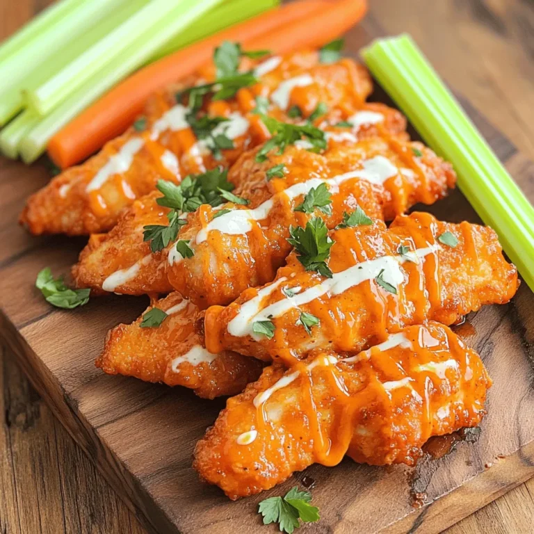 To make Buffalo Ranch Chicken Tenders, we need fresh and simple ingredients. Here’s what you will need: - 1 lb chicken tenders - 1 cup buttermilk - 1 cup all-purpose flour - 1 cup breadcrumbs (preferably panko for extra crunch) - 1 teaspoon garlic powder - 1 teaspoon onion powder - 1 teaspoon paprika - 1 teaspoon salt - 1 teaspoon black pepper - 1 cup buffalo sauce (store-bought or homemade) - 1/4 cup ranch seasoning mix - Cooking oil for frying Each ingredient plays a key role in building flavor and texture. The chicken tends to soak up the buttermilk, which makes it juicy. The flour and breadcrumbs create a crunchy outer layer. The spices add depth and zing to each bite. I like to use panko breadcrumbs because they give the tenders an extra crunch. You can buy buffalo sauce or make your own. The ranch seasoning mix adds a creamy twist that balances the heat from the buffalo sauce. Keep these ingredients handy as they are vital for this crispy and flavorful dish. For the full recipe, refer to the instructions below. To start, combine 1 cup of buttermilk with 1/4 cup of ranch seasoning mix in a bowl. This mixture adds flavor and keeps the chicken juicy. Next, add 1 pound of chicken tenders to the bowl. Make sure they are well coated. Cover the bowl and place it in the fridge for at least 1 hour. For the best taste, marinate overnight. Now, set up your breading station. In one shallow dish, mix 1 cup of all-purpose flour with 1 teaspoon each of garlic powder, onion powder, paprika, salt, and black pepper. This blend gives the chicken a nice flavor. In another dish, combine 1 cup of breadcrumbs with the remaining ranch seasoning mix. Using panko breadcrumbs will give you that extra crunch! After marinating, take the chicken tenders from the fridge. Let the excess buttermilk drip off. First, dredge each tender in the seasoned flour. Then, dip it back into the buttermilk. Finally, coat it in the breadcrumb mixture. Press firmly so the crumbs stick well. In a large skillet, heat about 1/2 inch of cooking oil over medium-high heat. The oil should be hot, around 350°F. Carefully add a few chicken tenders at a time. Avoid overcrowding the pan. Fry each tender for about 4-5 minutes on each side, or until they turn golden brown. Once done, drain them on paper towels to absorb excess oil. In a large bowl, combine the hot fried chicken tenders with 1 cup of buffalo sauce. Gently toss them to ensure every piece is coated in that spicy goodness. Arrange the buffalo ranch chicken tenders on a platter. For a fun touch, drizzle extra ranch dressing on top. Serve with celery sticks and some buffalo sauce on the side for dipping. This will make for a colorful and tasty presentation! For a complete guide, check out the Full Recipe. To make your chicken tenders extra crunchy, focus on the breading. It needs to coat evenly. This helps every bite have that satisfying crunch. I suggest using panko breadcrumbs instead of regular ones. Panko gives a light and airy texture that makes the tenders even more delicious. The temperature of your cooking oil matters a lot. If it's too cold, the chicken will soak up oil and become greasy. If it's too hot, the outside will burn before the inside cooks. To test if your oil is ready, drop a small piece of bread into it. If it sizzles and browns in about 60 seconds, your oil is just right. Aim for 350°F for the best results. Buffalo ranch chicken tenders taste great with celery sticks and ranch dressing. The coolness of the ranch balances the spicy buffalo sauce. You can also serve them with other dips like blue cheese or a spicy mayo. For sides, consider crispy fries or a fresh salad to complete your meal. {{image_2}} Want more heat? Add extra hot sauce to the buffalo sauce. You can adjust the spice level to your liking. Mix in a tablespoon or two of hot sauce before tossing the cooked chicken. This gives the tenders a bold, fiery kick. If you're feeling adventurous, try different hot sauces. Each brand has its own flavor profile, so experiment! For a healthier option, you can bake the chicken tenders. Preheat your oven to 400°F. After coating the chicken, place them on a baking sheet lined with parchment paper. Lightly spray the tenders with cooking oil. Bake for 20-25 minutes or until they are golden brown and cooked through. Flip them halfway for even cooking. This method keeps the tenders crispy without frying. If you need a gluten-free dish, substitute the all-purpose flour and breadcrumbs. Use almond flour or gluten-free flour as a one-to-one swap. For breadcrumbs, look for gluten-free panko or crush gluten-free crackers. These swaps will keep your tenders crispy and delicious without gluten. Enjoy the same great taste with these simple changes. For the full recipe, check the section above. To store chicken tenders properly, let them cool first. Place them in an airtight container. Make sure to separate layers with parchment paper. This helps keep them fresh. Store the container in the fridge. The tenders will last for 3 to 4 days. For best taste, eat them sooner rather than later. For the best texture, reheat chicken tenders in the oven. Preheat your oven to 375°F. Place tenders on a baking sheet. Heat for about 10 to 15 minutes. Check if they are warm throughout. You can also use an air fryer. This method keeps them crispy. Just heat at 350°F for about 5 to 7 minutes. To freeze chicken tenders, first, let them cool completely. Wrap each tender in plastic wrap. Then, place wrapped tenders in a freezer bag. Squeeze out as much air as possible. This prevents freezer burn. You can freeze them for up to 3 months. When ready to eat, thaw in the fridge overnight before reheating. Enjoy the great taste of buffalo ranch chicken tenders anytime! For the complete cooking process, check the Full Recipe. Yes, you can use frozen chicken tenders. Just remember to thaw them first. Thawing helps the chicken cook evenly. You can use the same steps as with fresh chicken. However, cook time may vary slightly. Check that the tenders reach an internal temperature of 165°F for safety. If you don’t have buttermilk, don’t worry! You can easily make a substitute. Mix 1 cup of milk with 1 tablespoon of vinegar or lemon juice. Let it sit for about 5 minutes until it thickens. This will mimic the tangy flavor of buttermilk. You can also use plain yogurt or sour cream thinned with a bit of water. To make the dish milder, reduce the buffalo sauce. You can also mix in a little extra ranch dressing. This cuts the heat while keeping great flavor. For even less spice, consider using a mild hot sauce or skipping it altogether. Your kids will enjoy a tasty meal without the kick! You’ve learned how to make delicious buffalo ranch chicken tenders. We discussed the key ingredients, step-by-step instructions, and helpful tips. With these guidelines, you can achieve crispy, flavorful tenders that everyone will love. Remember, you can customize this recipe to suit your tastes. Whether you prefer spicy or want a healthier option, there’s a way to make it work. Enjoy cooking and sharing your tasty creations with friends and family!