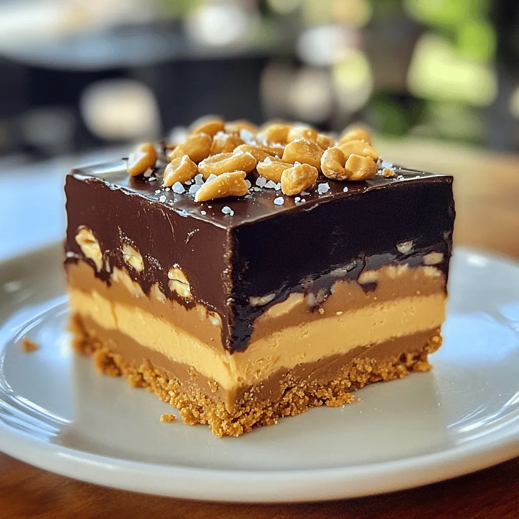 - Grahams & Cocoa: 1 cup graham cracker crumbs, 1/2 cup unsweetened cocoa powder - Nutty Base: 1/2 cup creamy peanut butter, 1/3 cup honey or maple syrup - Crunch Factor: 1 cup salted peanuts, chopped - Chocolate Coating: 1 cup chocolate chips, 1/4 cup heavy cream or coconut cream - Finishing Touch: Sea salt for sprinkling To create these no-bake Snickers bars, it helps to gather all your ingredients first. Start with graham cracker crumbs and cocoa powder for the base. The combination gives a rich flavor that mimics the classic Snickers. Next, you need creamy peanut butter mixed with honey or maple syrup. This keeps the bars sweet and adds that nutty taste. Don’t forget the salted peanuts! They add the crunch that makes each bite satisfying. For the chocolate coating, use either milk or dark chocolate chips. Mixing them with heavy cream or coconut cream gives a smooth finish. Finally, a sprinkle of sea salt on top enhances all the flavors. This list covers everything you need for making these treats. If you want to see how to put it all together, check out the full recipe. - In a medium bowl, combine 1 cup of graham cracker crumbs and 1/2 cup of cocoa powder. This mix gives the bars a rich base. - In a separate bowl, mix together 1/2 cup of creamy peanut butter and 1/3 cup of honey (or maple syrup) until smooth. This sweet layer adds flavor and binds the mixture. - Carefully blend both mixtures together. Stir until they combine well. The mix will be thick and sticky, making it easy to press into the dish. - Line a 9x9 inch baking dish with parchment paper. This makes it easy to lift the bars out later. - Press the chocolate-peanut butter mixture into the bottom of the dish evenly. It should cover the base fully. - Next, sprinkle 1 cup of chopped salted peanuts over the crust. Press them in lightly so they stick well. - Now, melt 1 cup of chocolate chips with 1/4 cup of heavy cream or coconut cream. Heat in a microwave-safe bowl in 30-second intervals, stirring in between. Do this until the mix is smooth and shiny. - Pour the melted chocolate over the peanut layer in the dish. Spread it evenly for the best coverage. - Chill the dish in the fridge for at least 2 hours. This helps the bars set and hold their shape. - Once set, lift the bars out using the parchment paper. Cut them into squares or rectangles. - For a tasty finish, sprinkle a little sea salt on top. Enjoy your homemade treat! For the full recipe, check the earlier section. To get the best texture in your No-Bake Snickers Bars, mix well. Make sure you blend all the ingredients completely. This helps the bars hold together when you cut them. Use room temperature ingredients for this. Cold peanut butter can lead to lumps and uneven mixing. Want to take your flavors up a notch? Try different nut butters. Almond butter or cashew butter can add unique tastes. You can also adjust the sweetness. If you want a less sweet treat, use less honey or maple syrup. Experimenting is key to finding your perfect balance. These bars are great on their own, but you can make them even better. Pair them with a scoop of ice cream or a dollop of whipped cream. This adds a creamy touch. For an extra burst of flavor, sprinkle a little sea salt on top. It balances the sweetness and enhances the chocolate flavor. {{image_2}} You can make this recipe your own by changing up the nut options. If you want a different taste, swap peanut butter for almond or cashew butter. Both options add a nice twist to the flavor. You can also use mixed nuts instead of salted peanuts. This gives the bars a fun crunch with every bite. Feeling adventurous? Try using white chocolate instead of dark or milk chocolate. It adds a sweet and creamy flavor that pairs well with the other ingredients. You can also add flavor extracts like vanilla or almond to the chocolate layer. These small changes can really enhance the overall taste of your bars. If you follow a vegan diet, you can easily make this treat vegan-friendly. Simply substitute honey with agave syrup. This keeps the sweetness while meeting your dietary needs. For those needing a gluten-free option, use gluten-free graham crackers in the base. This way, everyone can enjoy these delicious bars. Try these variations to create your perfect no-bake Snickers bars. Each change can lead to a new favorite treat! For the full recipe, be sure to check out the complete details. To keep your No-Bake Snickers Bars fresh, store them in an airtight container in the fridge. This helps maintain their taste and texture. I suggest placing parchment paper between layers. This prevents sticking and keeps each bar intact. When stored properly, these bars last up to 1 week in the refrigerator. If you want to enjoy them longer, you can freeze them. They freeze well for up to 3 months. Just make sure they are in a freezer-safe container. When you're ready to enjoy your frozen bars, thaw them in the refrigerator. This slow thaw helps keep their great texture. Avoid using the microwave to defrost them. Microwaving can make them too soft and change their fun crunch! - Prep Time: 20 minutes - Total Time: 2 hours 20 minutes with at least 2 hours of chilling - Yes, they can be prepared a few days in advance and stored properly. When I make these bars, I love how easy they are. With just 20 minutes of prep, you can dive right into a sweet treat. After you mix everything, the hardest part is waiting for them to chill. The bars need at least two hours in the fridge to set. I often make them a day ahead. This way, they are ready when I need a quick dessert. Just remember to store them well. Use an airtight container and keep them cool to enjoy later. No-Bake Snickers Bars are simple and fun to make. We covered the ingredients, from graham crackers to chocolate. I shared tips to enhance flavor and texture. Experiment with different nut butters or chocolate types for variety. Store these bars well, and they last for days. Enjoy them chilled or frozen. Now you can impress friends and family with this easy treat! I hope you try making them. It’s worth the wait.