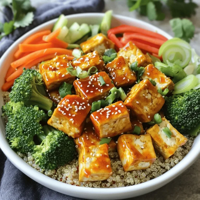 - Tofu and Marinade Ingredients - 1 block firm tofu, pressed and cubed - 2 tablespoons sriracha sauce - 1 tablespoon soy sauce - 1 tablespoon sesame oil - Vegetable Ingredients - 1 cup cooked quinoa - 1 cup broccoli florets - 1 red bell pepper, sliced - 1 carrot, julienned - Garnishing Ingredients - 2 green onions, sliced - 1 tablespoon sesame seeds - Salt and pepper to taste - Fresh cilantro, for garnish This list gives you everything you need to make tasty Spicy Sriracha Tofu Bowls. Each ingredient plays a key role in creating the perfect mix of flavors. The tofu absorbs the spicy marinade well, making every bite a delight. The fresh veggies add color and crunch, while garnishes bring it all together. You can find the full recipe above to guide you through the cooking process! Marinating the Tofu Start by mixing the sriracha, soy sauce, and sesame oil in a bowl. This mix gives the tofu its spicy kick. Cut your firm tofu into cubes. Toss the cubes gently in the marinade. Let it sit for at least 15 minutes. This allows the tofu to soak up the flavors. Prepping the Cooking Equipment You will need two skillets for this recipe. One skillet will be for the tofu, and another for the vegetables. Make sure both skillets are clean and ready for cooking. This step saves you time later on. Sautéing Techniques for Perfectly Cooked Vegetables Heat a splash of water or vegetable broth in a large skillet over medium heat. Add in the broccoli florets, sliced red bell pepper, and julienned carrot. Stir often and cook for about 5 to 7 minutes. You want the veggies to be tender but still crisp. Season them with salt and pepper to taste. This keeps the vegetables flavorful and bright. Achieving the Right Crispiness In the second skillet, heat a non-stick pan over medium-high heat. Add the marinated tofu cubes to the pan. Cook for about 8 to 10 minutes. Make sure to turn the cubes until they are golden brown and crispy on all sides. Perfectly cooked tofu adds a great texture to your bowl. Tips for Cooking in Batches If your skillet is small, cook the tofu in batches. This helps avoid overcrowding the pan. Overcrowding can lead to steaming instead of frying. Cook until each batch is crispy before moving on to the next. Layering Techniques for Flavor To make your bowls, start with a base of cooked quinoa. Quinoa adds protein and fiber. Next, layer on your sautéed vegetables and crispy tofu. This creates a colorful display. Finally, sprinkle sesame seeds, sliced green onions, and fresh cilantro on top. This adds extra flavor and makes the dish look great. Enjoy your Spicy Sriracha Tofu Bowls! For a full recipe, check out the complete instructions. Tofu comes in different types. Firm and extra-firm are the most common. Firm tofu has a softer texture. It absorbs flavors well but can break apart easily. Extra-firm tofu has less water and holds its shape better. For our Spicy Sriracha Tofu Bowls, I suggest using firm tofu. It mixes well with the marinade and gives a nice texture when cooked. Adjusting the Sriracha heat is simple. If you want less spice, mix in some honey or maple syrup. This adds sweetness and balances the heat. You can also try other sauces. For example, teriyaki sauce or hoisin sauce can give a sweet twist. Experiment to find what you love most! The right pan can make a big difference. A non-stick pan works best for cooking tofu. It helps achieve that golden brown color without sticking. If you want to get it extra crispy, use a cast-iron skillet. It retains heat well and gives a nice sear to the tofu. {{image_2}} If you're seeking protein alternatives, tempeh and seitan are great choices. Tempeh has a nutty flavor and a firm texture. It absorbs marinades well, making it a tasty option. You can slice or cube tempeh just like tofu. Seitan, made from wheat gluten, offers a chewy texture that mimics meat. It also soaks up flavors nicely. Try using either protein in the same marinade as the tofu. You can easily swap in seasonal vegetables for variety. Think about using zucchini, snap peas, or asparagus. Each brings its own taste and texture. In the fall, try butternut squash or Brussels sprouts. In summer, go for bell peppers or corn. Using a mix of colors makes your dish more appealing. Fresh veggies add flavor and nutrition. Pair your spicy sriracha tofu bowls with other dishes for a full meal. They go well with a simple side salad. You can also serve them with steamed rice or a grain like farro. For a refreshing touch, add a dollop of yogurt or a squeeze of lime juice. These options balance the heat and enhance the flavors. For the complete recipe, be sure to check the [Full Recipe]. Store your leftovers in an airtight container. This keeps the tofu fresh and tasty. Place the container in the fridge. Eat them within three days for the best flavor. If you have cooked quinoa, store it separately. This helps keep the texture nice. To reheat, use a skillet over medium heat. Add a little cooking oil to help keep the tofu crispy. Stir-fry the tofu for about five minutes. Check that it’s hot all the way through. You can also use an oven. Preheat to 350°F (175°C) and bake for 10-15 minutes. This method helps maintain crispiness without drying it out. To freeze tofu, start with firm tofu. Drain and press it well to remove excess moisture. Cut it into cubes, then spread them on a baking sheet. Freeze for about two hours until firm. Transfer the cubes to a freezer bag. For vegetables, blanch them first. This means boiling them for a short time, then cooling them quickly. This step helps keep their color and texture. Store the blanched veggies in freezer bags as well. Enjoy your Spicy Sriracha Tofu Bowls anytime with these storage tips! For the full recipe, check out the earlier section. Can I make this recipe vegan? Yes, this recipe is already vegan. It uses tofu, quinoa, and veggies. These ingredients are all plant-based. How can I make it less spicy? To cut down the heat, use less sriracha. You can also mix in some coconut milk. This will add creaminess and balance the spice. Can this dish be made ahead of time? Absolutely! You can prep the tofu and vegetables in advance. Just store them in the fridge. When you're ready to eat, cook and assemble the bowls. What can I serve with Spicy Sriracha Tofu Bowls? These bowls pair well with a side salad or soup. You can also serve them with steamed rice for extra carbs. Check out the Full Recipe for more serving ideas! In this blog post, we covered how to make tasty Sriracha tofu bowls. I shared the key ingredients, step-by-step cooking instructions, and useful tips. You learned about tofu choices, cooking methods, and how to assemble flavorful bowls. For your final meal, customize the recipe with veggies and sauces you love. Enjoy your cooking journey and have fun trying different toppings! Simple meals can be exciting when you mix and match.