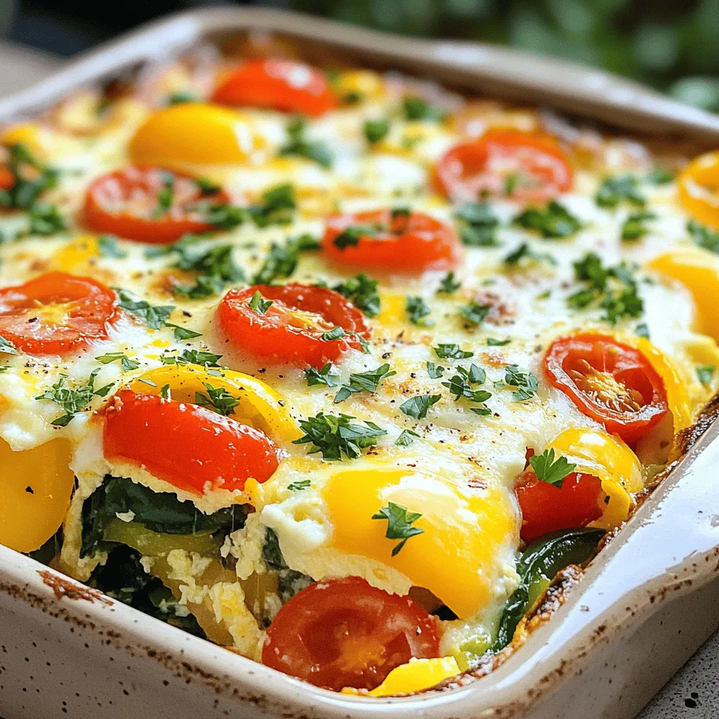 To make the Veggie Loaded Breakfast Casserole, you will need: - 6 large eggs - 1 cup milk (or plant-based milk) - 2 cups spinach, roughly chopped - 1 cup bell peppers (red and green), diced - 1 cup mushrooms, sliced - 1 medium zucchini, grated - 1 cup cherry tomatoes, halved - 1 medium onion, chopped - 1 teaspoon garlic powder - 1 teaspoon dried oregano - Salt and pepper to taste - 1 cup shredded cheese (cheddar or mozzarella) - 1 tablespoon olive oil You can swap ingredients based on what you have or like. If you don’t have spinach, try kale or Swiss chard. For bell peppers, use any color you like, or even skip them. If you're not a fan of mushrooms, leave them out or use diced eggplant. You can also choose any cheese you prefer, like feta or goat cheese. For a vegan option, replace eggs with tofu and cheese with a dairy-free kind. When choosing vegetables, look for bright colors and firm textures. Check for any soft spots or blemishes, as these can indicate spoilage. For leafy greens, pick those that are crisp and vibrant. Zucchini should feel heavy for its size and have smooth skin. As for bell peppers, they should feel firm and have shiny skin. Fresh cherry tomatoes should be plump and fragrant. These tips will help you create a tasty and healthy casserole. Start by gathering all your ingredients. You will need eggs, milk, and lots of veggies. Here’s what to prepare: - 6 large eggs - 1 cup milk (or plant-based milk) - 2 cups spinach, roughly chopped - 1 cup bell peppers, diced (use red and green) - 1 cup mushrooms, sliced - 1 medium zucchini, grated - 1 cup cherry tomatoes, halved - 1 medium onion, chopped - 1 teaspoon garlic powder - 1 teaspoon dried oregano - Salt and pepper to taste - 1 cup shredded cheese (cheddar or mozzarella) - 1 tablespoon olive oil Grease your baking dish with olive oil. It helps the casserole not stick. Heat a large skillet over medium heat. Add the chopped onion and cook for about 2-3 minutes. You want them soft. Next, add the diced bell peppers and sliced mushrooms. Cook these for another 4-5 minutes. The veggies should be tender. Stir in the chopped spinach and grated zucchini. Cook until the spinach wilts, which takes about 2 minutes. Season the mixture with garlic powder, oregano, salt, and pepper. Turn off the heat once everything is cooked. In a large bowl, whisk the eggs and milk together. Add a pinch of salt and pepper. Now, gently fold in your sautéed veggies. Next, add the halved cherry tomatoes and half of the cheese. Mix everything well. Pour this veggie and egg mixture into your prepared baking dish. Top it with the remaining cheese. Now you are ready to bake! Follow the full recipe for the baking time and enjoy your healthy start today. You can make this casserole your own. Try using different veggies! Broccoli, kale, or carrots work great. Want more flavor? Add some spices like cumin or paprika. You can also swap cheese types. Feta or goat cheese adds a nice twist. For a hearty meal, mix in cooked sausage or bacon. Don't be afraid to experiment. Your taste buds will thank you! Use a 9x13 inch baking dish for the best results. Glass or ceramic dishes help cook evenly. A good whisk is key for mixing eggs smoothly. A sturdy spatula helps to fold in the veggies. If you have one, a food processor can chop veggies quickly. These tools make your cooking more fun and easy! To get a fluffy texture, whisk the eggs well. Make sure to blend in the milk fully. Don't overcook the casserole; it should be set but moist. If you want a crunchy top, broil for a minute at the end. Let it cool for a few minutes before cutting. This helps it hold its shape better. For the complete details, check out the Full Recipe! {{image_2}} You can mix and match your veggies in this breakfast casserole. Try broccoli, kale, or carrots for a new taste. Sweet potatoes add a sweet note and great texture. Think about using seasonal veggies, too. Fresh, local produce can make your dish shine. Just chop them up and toss them in! Adding protein boosts your meal. Cooked sausage or bacon gives a hearty flavor. You can also add tofu for a plant-based option. Crumbled feta cheese or cottage cheese adds creaminess and protein. Mix in cooked chicken for a filling dish. The choice is yours! Need a dairy-free option? Use plant-based milk and skip the cheese or try vegan cheese. For a gluten-free meal, ensure your ingredients are gluten-free. Quinoa can replace bread for a unique twist. These swaps keep your casserole delicious for everyone! Check out the Full Recipe to get started on your veggie loaded breakfast casserole today! To keep your veggie loaded breakfast casserole fresh, store it in an airtight container. Place leftovers in the fridge within two hours of cooking. This helps prevent bacteria growth. Make sure to consume the leftovers within three to four days for the best taste and safety. When you're ready to eat, preheat your oven to 350°F (175°C). Place your casserole in an oven-safe dish. Cover it with foil to keep it moist. Heat for about 20-25 minutes, or until warm. You can also microwave individual pieces for 1-2 minutes. Just check that it’s hot all the way through. If you want to save some for later, freezing is a great option. Slice the casserole into portions. Wrap each piece tightly in plastic wrap, then place them in a freezer bag. Make sure to label the bag with the date. You can freeze it for up to three months. When you’re ready to enjoy it, let it thaw in the fridge overnight before reheating. This keeps the flavors intact and makes it easy to enjoy your delicious meal! For the full recipe, check out the details above. You can prepare this casserole the night before. Just follow the recipe steps up to pouring the mixture into the baking dish. Cover it tightly with plastic wrap and place it in the fridge. In the morning, simply remove the wrap and bake it straight from the fridge. This saves time and makes your morning easy. Yes, frozen vegetables work great in this dish. They are quick and easy to use. Just thaw them first and squeeze out any excess water. This helps keep your casserole from becoming too watery. You can also skip the sauté step with frozen veggies. Just mix them straight into the egg mixture. This casserole pairs well with many sides. Fresh fruit is a great choice. You can also serve it with whole-grain toast or a simple green salad. For a heartier option, consider adding some crispy bacon or sausage on the side. These options bring extra flavor and fun to your meal. Check out the Full Recipe for more serving ideas! This blog post covered how to make a tasty veggie breakfast casserole. We looked at fresh ingredients, cooking steps, and tips for perfect texture. You can customize with different veggies, proteins, or dietary needs. Plus, we discussed how to store leftovers and reheat them easily. In closing, this casserole is fun to make and share. Enjoy trying your own ideas!