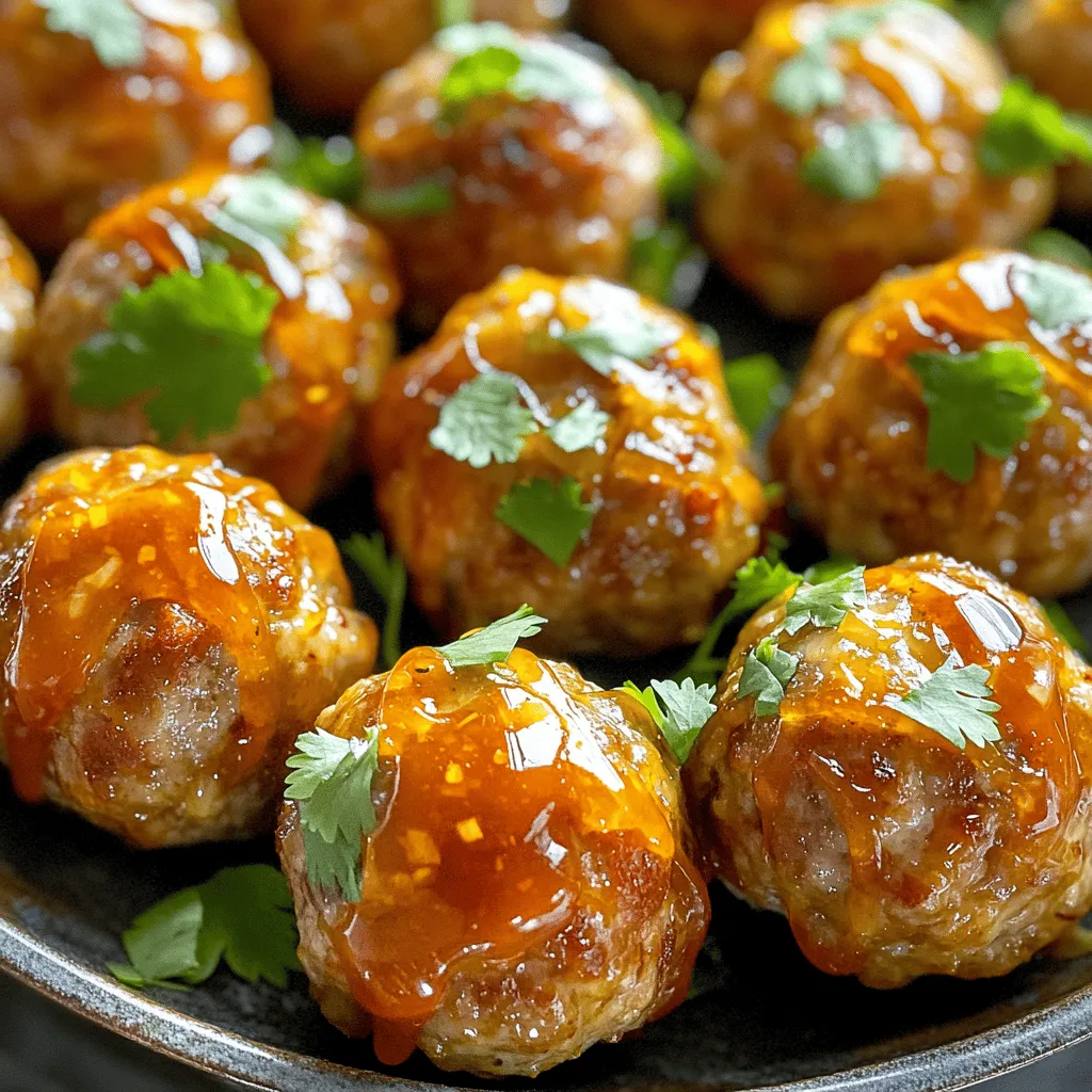 To make sweet chili turkey meatballs, you need: - 1 pound ground turkey - 1/2 cup breadcrumbs - 1/4 cup grated Parmesan cheese - 1/4 cup minced fresh cilantro - 1 large egg - 3 tablespoons sweet chili sauce - 2 cloves garlic, minced - 1 teaspoon ginger, minced - Salt and pepper to taste - 1 tablespoon olive oil (for frying) - Additional sweet chili sauce (for serving) These ingredients work together to create a tasty dish. The ground turkey provides lean protein. The breadcrumbs help bind the meatballs. Parmesan cheese adds a rich flavor, while cilantro gives it a fresh touch. You can add more flavors or textures if you want. Consider these options: - Chopped green onions for added crunch - Red pepper flakes for extra heat - Finely diced bell peppers for sweetness and color - A splash of soy sauce for a savory twist Feel free to mix and match these extras to fit your taste! If you have dietary needs, this recipe is quite flexible: - Gluten-Free: Use gluten-free breadcrumbs. - Low-Carb: Substitute breadcrumbs with almond flour or crushed pork rinds. - Dairy-Free: Omit the Parmesan cheese or use a dairy-free version. - Nut-Free: Ensure any substitutes do not contain nuts. These tips help everyone enjoy sweet chili turkey meatballs. For the full recipe, check the mentioned recipe section above. To make these sweet chili turkey meatballs, start by gathering all your ingredients. In a large mixing bowl, mix together: - 1 pound ground turkey - 1/2 cup breadcrumbs - 1/4 cup grated Parmesan cheese - 1/4 cup minced fresh cilantro - 1 large egg - 3 tablespoons sweet chili sauce - 2 cloves garlic, minced - 1 teaspoon ginger, minced - Salt and pepper to taste Use your hands to mix everything together. Be gentle and do not overmix. This will help keep the meatballs tender. Once your meatball mixture is ready, it’s time to form the balls. Scoop out about 2 tablespoons of the mixture with your hands. Roll it into a ball. Aim for uniform sizes so they cook evenly. You should end up with about 20 meatballs. Place them on a plate or tray while you prepare to cook. Heat 1 tablespoon of olive oil in a large skillet over medium heat. Once the oil is hot, add the meatballs in a single layer. If your skillet is small, cook them in batches. Cook the meatballs for about 5-7 minutes, turning them occasionally. They should be golden brown and cooked through. After cooking, lower the heat and drizzle additional sweet chili sauce over the meatballs. Toss them gently to coat and heat for an extra minute. This adds a nice glaze and enhances the flavor. Now, your sweet chili turkey meatballs are ready to serve! For the full recipe, refer to the earlier sections. To make great sweet chili turkey meatballs, you must avoid overmixing. When you mix the meat and other ingredients, do it gently. If you mix too much, the meatballs can become tough. Also, make sure your oil is hot before adding the meatballs. This helps them brown well. If the oil is too cool, they might stick and break apart. Cook the meatballs for about 5 to 7 minutes. Keep an eye on them as they cook. You want them golden brown on the outside. To check if they are done, cut one in half. The inside should be white and no longer pink. You can also use a meat thermometer to ensure they reach 165°F. These meatballs are great with many sides. You can serve them with rice or noodles for a filling meal. Try a fresh salad on the side to balance the heat. You can also dip them in more sweet chili sauce for extra flavor. Another fun idea is to make meatball sliders on buns for a tasty snack. For the full recipe, check the link provided! {{image_2}} You can switch out ground turkey for other meats. Ground chicken works well for a lighter flavor. If you want something richer, try ground beef or pork. If you prefer a meatless option, use lentils or chickpeas. These alternatives keep your meals fun and fresh. To spice things up, add red pepper flakes or sriracha. This will make your meatballs fiery and exciting. If you like sweet flavors, add more sweet chili sauce or honey. You could also mix in some pineapple for a tropical twist. Experimenting with herbs like basil or parsley can also change the taste! Serve these meatballs with extra sweet chili sauce for dipping. You can also pair them with creamy ranch or tangy barbecue sauce. For sides, steamed rice or quinoa makes a great base. You might enjoy roasted vegetables or a fresh salad for some crunch. These ideas can elevate your meal and make it special. To store leftover meatballs, let them cool first. Place them in an airtight container. Keep the container in the fridge for up to four days. This way, you keep the meatballs fresh and tasty. If you want to keep them longer, freezing is a great option. If you want to freeze your sweet chili turkey meatballs, do this: First, let them cool completely. Then, place them in a single layer on a baking sheet. Freeze them for about one hour. After that, you can move them to a freezer bag. They will last up to three months in the freezer. This method helps them keep their shape and flavor. When you’re ready to eat the meatballs, reheat them carefully. You can use the microwave or the oven. For the microwave, place them in a microwave-safe dish. Cover them with a paper towel and heat for about 1-2 minutes. For the oven, preheat it to 350°F (175°C). Place the meatballs on a baking sheet and heat for about 10-15 minutes. Always check that they are hot all the way through. Drizzle a bit of sweet chili sauce before serving for extra flavor. If you can't find ground turkey, you can use ground chicken. This option works well and keeps the dish light. Ground beef is another choice, but it adds more fat. Lean ground beef gives a nice flavor too. For a vegetarian option, try mashed beans or lentils. These will change the texture, but the flavor can still shine. To check if meatballs are done, use a meat thermometer. Insert it into the center of a meatball. The temperature should reach 165°F. If you don't have a thermometer, cut one open. The inside should not be pink. Juices should run clear when they are cooked through. Yes, you can use store-bought sweet chili sauce. It saves time and adds great flavor. Just make sure to choose a brand you like. Some sauces can be thicker or sweeter than others. You can adjust the amount to suit your taste. Sweet chili turkey meatballs pair well with many sides. Here are a few ideas: - Steamed rice or jasmine rice - Quinoa for a healthy grain option - Stir-fried veggies for added crunch - A fresh salad to balance the meal - Noodles for a fun twist You can find the Full Recipe in this article. It has all the details you need to make these tasty meatballs. Enjoy cooking them! You have learned how to make tasty meatballs with various options. We covered the ingredients, steps, tips, and variations. You can now customize them based on your needs or diet. Remember to avoid common mistakes for best results. Store leftovers and enjoy them later. Now, you have all the knowledge to make excellent meatballs at home. Get cooking and have fun!