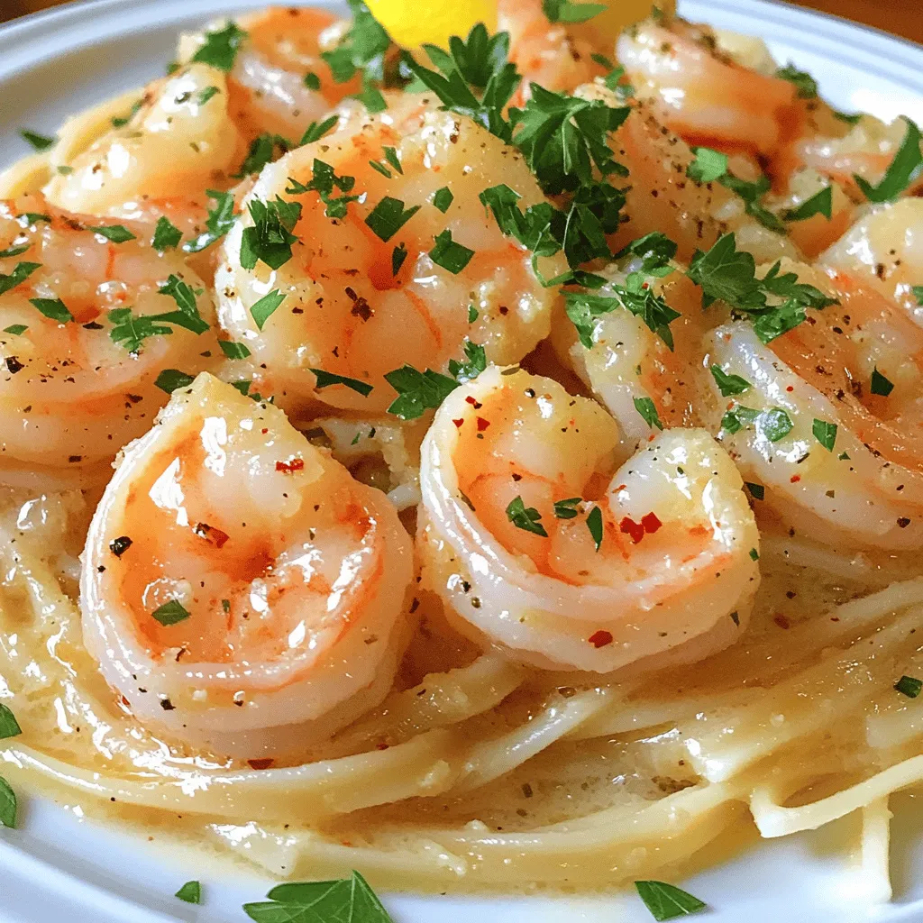 - 1 pound large shrimp, peeled and deveined - 6 tablespoons unsalted butter - 4 cloves garlic, minced - 1/2 teaspoon red pepper flakes (adjust according to heat preference) - 1 teaspoon lemon zest - 2 tablespoons fresh lemon juice - 8 ounces linguine or spaghetti - 1/4 cup fresh parsley, chopped - Grated Parmesan cheese (optional, for serving) For this dish, I always choose large shrimp. They have a nice bite and cook quickly. Unsalted butter gives us the rich flavor we want. Garlic is key as it adds a wonderful aroma and taste. I like to add red pepper flakes for a little kick. You can adjust the amount to suit your taste. The lemon zest and juice brighten up the dish. They balance the richness of the butter. For pasta, I prefer linguine or spaghetti. Both work well and catch the sauce nicely. If you want to make it look pretty, consider garnishing with fresh parsley. A sprinkle of grated Parmesan cheese adds a nice touch, too. For the full recipe, check out the details above! First, bring a large pot of salted water to a boil. Add 8 ounces of linguine or spaghetti. Cook the pasta according to the package instructions until it is al dente. This means it should be firm to the bite. After cooking, reserve 1/2 cup of pasta water. Then, drain the pasta and set it aside. Next, grab a large skillet and place it over medium heat. Add 6 tablespoons of unsalted butter. Let it melt slowly. Once the butter is melted, add 4 cloves of minced garlic and 1/2 teaspoon of red pepper flakes. Sauté this mixture for about 1-2 minutes. You want the garlic to smell great but not turn brown. Now, increase the heat to medium-high. Add 1 pound of peeled and deveined shrimp to the skillet. Season with salt, pepper, and 1 teaspoon of lemon zest. Cook the shrimp for about 2-3 minutes. Flip them halfway through this time. They should turn pink and opaque when done. Once the shrimp are cooked, add the reserved pasta and 2 tablespoons of fresh lemon juice to the skillet. Toss everything together well. If the dish seems dry, slowly add the reserved pasta water. This will help you reach the right consistency. Finally, remove the skillet from the heat. Stir in 1/4 cup of freshly chopped parsley. Taste the dish and adjust the seasoning if needed. Your Garlic Butter Shrimp Scampi is now ready to serve! For the full recipe, check the instructions again to make sure you followed each step. To make the best Garlic Butter Shrimp Scampi, cook your pasta al dente. This means it should be firm but not hard. Follow the package instructions for timing. Next, ensure your shrimp don’t overcook. Cook them just until they turn pink and opaque. This usually takes about 2-3 minutes. When they curl into a "C" shape, they’re done! You can adjust the heat by adding red pepper flakes. Start with a small amount and taste as you go. This lets you control the spice level to your liking. Infuse extra flavors by adding fresh herbs like basil or thyme. A splash of lemon juice brightens the dish too. Use lemon zest for a stronger citrus flavor. Serve your Garlic Butter Shrimp Scampi on a warm plate. This keeps the dish hot longer. For a lovely touch, add a slice of lemon on the side. Garnish with fresh parsley and grated cheese for a pop of color. This makes your dish look fancy and inviting. For the full recipe, check out the details above! {{image_2}} You can switch shrimp for other proteins in this dish. Scallops work well and cook fast. They bring a sweet flavor that pairs perfectly with garlic. Chicken is another option. Just cut it into small pieces and cook until it’s no longer pink. For a vegetarian twist, use mushrooms or mixed vegetables. They add texture and taste, making the dish satisfying. If you want a gluten-free option, use gluten-free pasta. There are many great brands that taste just as good. You can also serve the scampi over rice. It soaks up the sauce nicely. Zucchini noodles are fun, too. They add a fresh crunch and are light. To make a creamy garlic scampi, add heavy cream. It gives the sauce a rich feel. You can also add a splash of white wine. This adds depth and a hint of acidity. For a twist, try adding diced tomatoes. They brighten the dish with a pop of color and flavor. For the full recipe, check out the details above. To store leftovers, cool your Garlic Butter Shrimp Scampi to room temperature. Place it in an airtight container. This keeps it fresh for up to three days in the fridge. When you're ready to eat, reheat gently on the stove. You can also use a microwave. Add a splash of water or broth to keep it moist. Yes, you can freeze Garlic Butter Shrimp Scampi! To do this, let it cool completely. Use airtight freezer bags or containers for best results. Remove as much air as possible before sealing. It will keep for about two months in the freezer. When you’re ready to enjoy it again, thaw overnight in the fridge. Reheat gently on the stove or in the microwave. This method ensures the shrimp remain tender. For the full recipe, check out the steps above. To keep shrimp tender, cook them for just 2-3 minutes. Make sure the heat is medium-high. You want them pink and opaque. If you cook them too long, they get tough. Use a timer to help you. This way, you can focus on all the flavors in the dish. Yes, you can use frozen shrimp. Just be sure to thaw them first. Place the shrimp in a bowl of cold water for about 20-30 minutes. This helps them thaw quickly and stay firm. Pat them dry before cooking to avoid extra water in your dish. Great sides for shrimp scampi include fresh salads and crusty bread. A simple green salad with lemon dressing works well. Garlic bread is a classic choice too. For a veggie side, try sautéed spinach or roasted asparagus. These sides add color and flavor to your meal. Garlic butter shrimp scampi has about 400-500 calories per serving. It contains healthy fats from the butter. Each serving offers around 25 grams of protein. This dish is filling and satisfying, making it a great choice for dinner. For exact values, check the Full Recipe for more details. This dish combines fresh shrimp, buttery garlic, and pasta for a tasty meal. You learned key steps, from cooking the pasta to perfecting the shrimp texture. Remember to adjust flavors with lemon and red pepper flakes. Feel free to explore variations like using chicken or making it vegetarian. Store any leftovers correctly for the best taste. With these tips, you can impress anyone with your Garlic Butter Shrimp Scampi. Dive in and enjoy this simple yet delicious recipe!