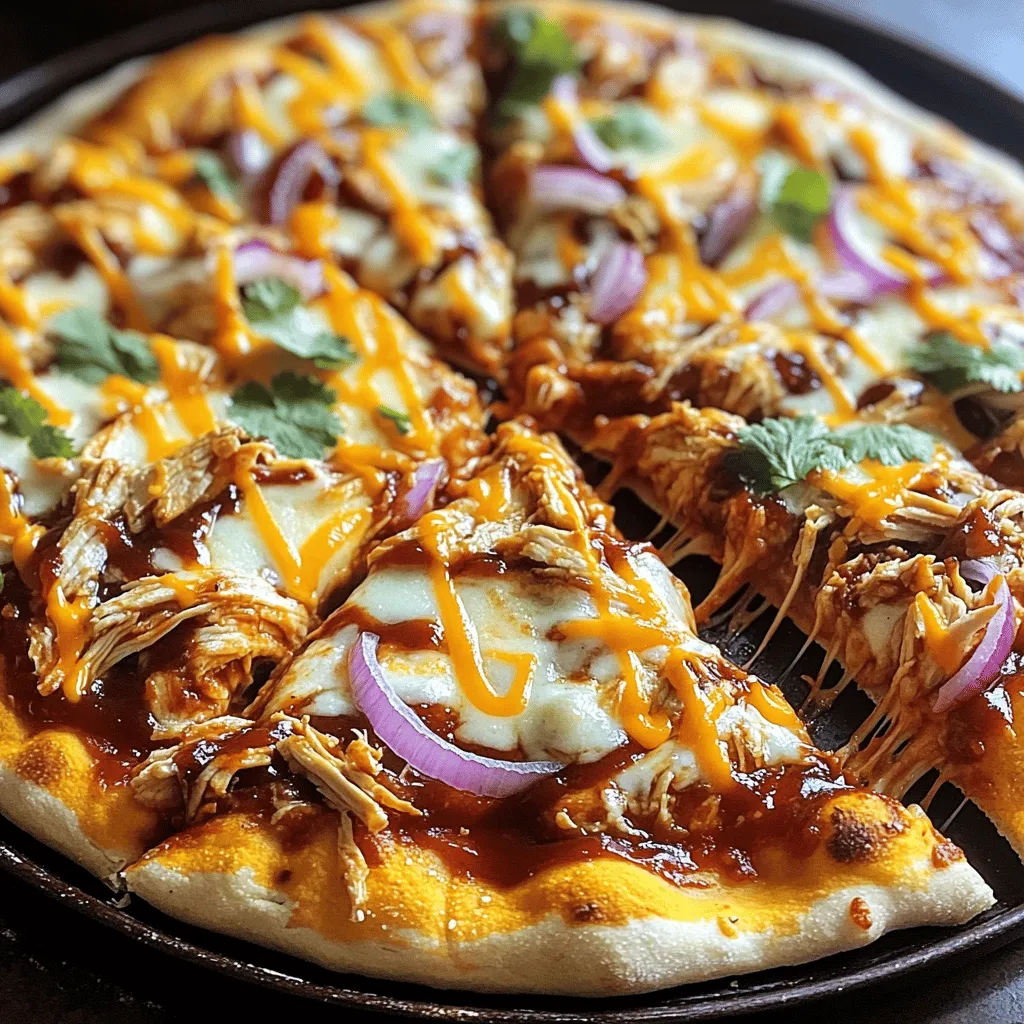 For a tasty barbecue chicken pizza, gather the following items: - Pre-made pizza crust - 1 cup cooked chicken, shredded - 1/2 cup barbecue sauce (your favorite brand) - 1 cup shredded mozzarella cheese - 1/2 red onion, thinly sliced - 1/2 cup cheddar cheese, shredded - 1/4 cup fresh cilantro, chopped - 1/2 teaspoon smoked paprika - 1/4 teaspoon black pepper - Olive oil for brushing Each ingredient plays a key role. The pre-made pizza crust saves time. Shredded chicken gives it a hearty base. Choose a barbecue sauce that you love, as it adds the main flavor. Mozzarella provides creaminess, while cheddar adds a sharp bite. The red onion brings a bit of crunch, and cilantro adds freshness. Spices like smoked paprika and black pepper enhance the taste. Olive oil helps the crust crisp up nicely. This combination makes the pizza a delight! For the full recipe, check out the detailed steps. To start, take your cooked chicken and shred it into small pieces. I use a fork for this. Next, put the shredded chicken into a mixing bowl. Pour in your favorite barbecue sauce. I recommend about half a cup for great flavor. Mix the chicken and sauce well. Every piece should get coated evenly. Now, let’s add some spices. Sprinkle in the smoked paprika and black pepper. These spices give the chicken an extra kick. Stir everything together one more time. This mixture is key for a tasty pizza. Grab your pre-made pizza crust. First, brush the crust lightly with olive oil. This step helps the base get crispy. Now, take the chicken mixture and spread it evenly over the crust. Leave a small border for the crust. Next, sprinkle a cup of mozzarella cheese on top of the chicken. Follow this with the sliced red onions. Finally, add half a cup of shredded cheddar cheese. Make sure to cover the chicken well. This cheese blend melts perfectly. Preheat your oven to 450°F (230°C). This temperature helps the pizza cook evenly and get that nice golden color. Once your oven is hot, place the pizza inside. Bake it for 12 to 15 minutes. You’ll know it’s ready when the crust looks golden and the cheese is bubbling. After baking, let it cool for a couple of minutes. Then, top it with fresh cilantro for a burst of flavor. Enjoy your barbecue chicken pizza! For more details, check the Full Recipe. To get a crispy pizza crust, I always preheat my oven to a high temperature. A hot oven makes a big difference. I brush the crust lightly with olive oil. This adds flavor and helps it crisp up. You can also use melted butter if you want a richer taste. For a great flavor, I suggest adding spices like smoked paprika and black pepper. These spices boost the taste of the chicken. You can also try adding garlic powder or onion powder for more depth. The barbecue sauce is sweet, so I balance it with savory toppings like red onion. This mix of sweet and savory makes each bite exciting. I often see people undercook the chicken. Make sure your chicken is fully cooked before adding it to the pizza. This keeps everyone safe and tastes better. Also, avoid adding too many toppings. When you overload a pizza, it can get soggy. Less is often more here, so keep it simple with just the right amount of ingredients. {{image_2}} You can choose from sweet or spicy barbecue sauces. Sweet sauces add a nice glaze, while spicy sauces bring heat. Each option changes the taste of your pizza. I love mixing different sauces for a unique flavor. You can also make your own sauce at home. Combine ketchup, honey, and a touch of vinegar for a quick mix. If you want a vegetarian option, use grilled vegetables or tofu. Both add great flavor and texture. You can also try other meats, like pulled pork or beef brisket. These options create a hearty meal that everyone will enjoy. Get creative with your toppings! Fruits like pineapple can add sweetness. The mix of sweet and savory works well on pizza. You might also like adding jalapeños for some heat. They give the pizza an exciting kick. Feel free to experiment with other toppings to find your favorite combination. To keep your barbecue chicken pizza fresh, store leftovers properly. First, let the pizza cool down. Then, place the slices in an airtight container. You can also use plastic wrap to cover the pizza. If you have a lot of pizza, you can stack slices with parchment paper in between. This helps prevent them from sticking together. If you want to keep the pizza longer, freeze it. Wrap each slice tightly in plastic wrap, then place them in a freezer bag. Make sure to remove as much air as possible. Leftover pizza can last in the freezer for up to three months. When it comes to reheating, the oven is your best friend. Preheat your oven to 375°F (190°C). Place the pizza on a baking sheet and heat it for about 10 minutes. This method keeps the crust crispy and the cheese nice and gooey. If you're in a hurry, the microwave works too, but it can make the crust soft. To avoid this, place a cup of water in the microwave with the pizza. The steam helps keep the crust from getting too chewy. Heat it for only 30 to 60 seconds. Enjoy your pizza just like it was fresh from the oven! For the full recipe of Barbecue Chicken Pizza, check the earlier sections. To make barbecue chicken pizza from scratch, you start with dough. Mix flour, yeast, salt, and water. Knead the dough until smooth, then let it rise for about an hour. Once it's doubled in size, roll it out to your desired shape. Preheat your oven to 450°F (230°C). Next, brush the rolled dough with olive oil. Spread your favorite barbecue sauce evenly on top. Then, add shredded cooked chicken mixed with more barbecue sauce. Top it with mozzarella and cheddar cheese. Bake for 12-15 minutes until the crust is golden. The best cheeses for barbecue chicken pizza are mozzarella and cheddar. Mozzarella melts well and gives a great stretch. Cheddar adds a sharp, rich flavor that balances the sweetness of the barbecue sauce. You can also mix in a bit of gouda for a smoky taste. Yes, you can make barbecue chicken pizza ahead of time. Prepare the chicken mixture and store it in the fridge. You can also prepare the dough a day in advance and keep it in the fridge. Just remember to let it rise before baking. This way, you save time when you are ready to bake. Barbecue chicken pizza pairs well with fresh sides. A simple garden salad with a light vinaigrette is great. You can also serve it with a creamy coleslaw for crunch. Dips like ranch or blue cheese add a nice touch too. Enjoy these sides for a complete meal. You learned how to make a delicious barbecue chicken pizza. We covered easy ingredients, step-by-step instructions, and helpful tips. Remember to avoid common mistakes for the best results. Feel free to try different sauces and toppings to make it your own. Storing and reheating the leftovers correctly keeps them tasty. Enjoy your pizza-making journey and savor each bite. Your friends and family will love this meal!