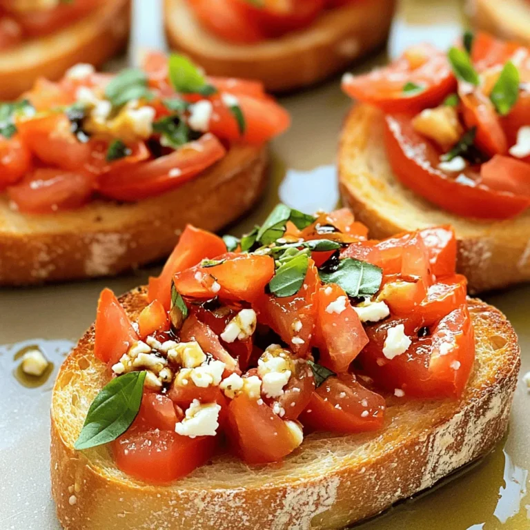 For a tasty Tomato Basil Bruschetta, gather these items: - 1 French baguette, sliced into 1/2 inch pieces - 4 ripe tomatoes, diced - 2 cloves garlic, minced - 1/4 cup fresh basil leaves, finely chopped - 3 tablespoons balsamic vinegar - 3 tablespoons extra virgin olive oil - Salt and pepper to taste - Optional: 1/4 cup crumbled feta cheese for a tangy twist You can easily swap some ingredients if needed. Use any fresh bread instead of a French baguette. If fresh tomatoes are not available, canned tomatoes work too. For a twist, try red onion instead of garlic. You can skip the feta for a dairy-free option. If you want a sweeter taste, use honey instead of balsamic vinegar. These swaps keep your bruschetta flavorful and fun! Selecting ripe tomatoes is key for great bruschetta. Look for tomatoes that feel heavy for their size. The skin should be shiny and smooth. A ripe tomato will have a deep color, like red or yellow. Give it a gentle squeeze; it should feel slightly soft but not mushy. The smell should be sweet and earthy. If you find these signs, you have the perfect tomatoes for your dish! First, preheat your oven to 400°F (200°C). Take your French baguette and slice it into 1/2 inch pieces. Arrange the slices on a baking sheet. Brush each slice lightly with extra virgin olive oil. This helps them crisp up nicely. Bake the slices for about 5-7 minutes. You want them to turn golden brown and crispy. While the bread bakes, let's make the tomato topping. In a mixing bowl, combine the diced tomatoes, minced garlic, and chopped basil. Add balsamic vinegar, olive oil, salt, and pepper to taste. Mix everything well. Let it marinate for about 10 minutes. This step brings out the flavors and makes it even more delicious. Once your baguette slices are toasted, take them out of the oven. Let them cool slightly. Spoon the tomato mixture generously onto each slice. If you like, sprinkle crumbled feta cheese on top for extra taste. Serve immediately. Enjoy the crispness of the bread and the freshness of the topping. For the complete recipe, check the Full Recipe. To boost the taste of your Tomato Basil Bruschetta, use fresh ingredients. Ripe tomatoes give the best flavor. Choose tomatoes with bright color and firm texture. Adding a splash of lemon juice brightens the dish. Fresh basil should be fragrant and vibrant. You can also mix in a pinch of red pepper flakes for a kick. A drizzle of good quality balsamic vinegar adds a sweet tang. Avoid using stale bread for bruschetta. Fresh baguette gives the best crunch. Don't skip toasting the bread; it keeps the topping from making it soggy. Mixing the tomato topping too early can lead to mushy tomatoes. Let the mixture sit for about ten minutes before serving. Lastly, don’t overload each piece. One or two tablespoons of topping per slice is perfect. Bruschetta is a great crowd-pleaser. Serve it as an appetizer at parties or gatherings. Arrange the bruschetta on a large platter. You can add a small bowl of extra balsamic on the side for dipping. Pair it with a light white wine, like Sauvignon Blanc. If you want a fun twist, offer a few variations. Guests will love trying different toppings. For the full recipe, check out the details above! {{image_2}} Bruschetta offers a great chance to get creative. You can mix and match toppings. Some of my favorite unique options include: - Roasted red peppers - Sliced olives - Creamy goat cheese - Fresh arugula - Grilled zucchini These toppings add depth and flavor. Each one brings a new twist to the classic. Try adding a drizzle of pesto for an herbal lift. Using seasonal ingredients makes bruschetta even better. In the summer, fresh tomatoes shine. As fall arrives, switch to roasted butternut squash. Here are some ideas: - Spring: Use asparagus and lemon zest. - Summer: Stick with juicy tomatoes and fresh basil. - Fall: Try pumpkin puree with sage. - Winter: Use hearty greens like kale or spinach. These swaps keep your bruschetta fresh and exciting. You can easily adapt bruschetta for different diets. For a vegan version, skip the feta cheese. Use avocado or hummus as a tasty spread. For gluten-free options, try these: - Gluten-free baguette or bread - Cucumber slices as a base - Sweet potato rounds, baked until crisp These choices ensure everyone can enjoy bruschetta. Check out the Full Recipe for more ideas! To keep your bruschetta fresh, store it correctly. Place the leftover topping in an airtight container. This helps keep the flavors from drying out. Store it in the fridge for up to two days. Keep the toasted baguette slices separate. They lose their crunch when stored with the topping. Reheating bruschetta can be tricky. You want to keep the bread crispy. To do this, preheat your oven to 350°F (175°C). Place the toasted baguette slices on a baking sheet. Heat them for about 5 minutes or until warm. Avoid microwaving, as it makes the bread chewy. You can freeze bruschetta, but it's best for the topping only. Prepare the tomato mixture, then place it in a freezer-safe bag. Squeeze out the air to prevent freezer burn. It can stay frozen for up to three months. When ready to use, thaw it in the fridge overnight. Toast fresh baguette slices when serving for the best taste. You can find the Full Recipe for more details. For bruschetta, I love using a French baguette. Its crusty outside gives a nice crunch. You can also use ciabatta or Italian bread. Just make sure the bread can hold the toppings well. Thin slices work best for that perfect bite. You can prep the tomato topping ahead of time. Just mix the diced tomatoes, garlic, basil, and dressing. Store it in the fridge for up to two hours. However, I recommend toasting the bread just before serving. This keeps it crispy and fresh. Bruschetta is best eaten fresh. If you have leftovers, store the topping and bread separately. The tomato mix can last about two days in the fridge. However, the bread will lose its crunch. So, eat it as soon as you can for the best taste! Bruschetta is simple to make, using fresh ingredients and clear steps. We covered the best ingredients, tips for ripe tomatoes, and how to prep your baguette. Enhancing flavors and avoiding common mistakes can elevate your dish. Don't forget to explore variations and storage tips for leftovers. Ready to impress at your next gathering? Have fun with different toppings and enjoy every bite!