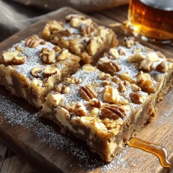 - 1 cup unsalted butter, melted - 1 cup brown sugar, packed - 1/2 cup granulated sugar - 1/4 cup pure maple syrup These main ingredients create a rich, sweet base for the blondies. I always use unsalted butter for better control over the saltiness. The combination of brown and granulated sugar gives depth to the flavor. Pure maple syrup adds a lovely, natural sweetness. - 2 cups all-purpose flour - 1 teaspoon baking powder - 1/2 teaspoon baking soda - 1/2 teaspoon salt The dry ingredients play an important role in the texture. All-purpose flour gives a sturdy structure. Baking powder and baking soda help the blondies rise, while salt enhances the other flavors. Make sure to mix these well so your blondies bake evenly. - 1 cup pecans, roughly chopped - 1/2 cup white chocolate chips These add-ins give the blondies their unique character. Chopped pecans add crunch and a nutty flavor. White chocolate chips melt into sweet pockets of goodness. You can adjust the amounts based on your taste, but I find this mix is just right. For the complete recipe, check the Full Recipe section. 1. Preheat your oven to 350°F (175°C). Line a 9x13 inch baking pan with parchment paper. Let some paper hang over the sides. This helps with easy removal later. 2. In a large bowl, mix the melted butter, brown sugar, and granulated sugar. Whisk until smooth and combined. 3. Stir in the maple syrup until it blends well. Add the eggs one at a time. Whisk well after each egg. Then, add the vanilla extract. 1. In another bowl, whisk the flour, baking powder, baking soda, and salt together. 2. Gradually fold the dry mix into the wet mix. Stir until just combined. 3. Gently fold in the chopped pecans and white chocolate chips. Make sure they spread evenly in the batter. 1. Pour the batter into the prepared pan. Use a spatula to spread it evenly. 2. Bake in the preheated oven for 25 to 30 minutes. The edges should turn golden brown. A toothpick inserted in the center should come out with a few moist crumbs. 3. Let the blondies cool in the pan for about 10 minutes. Use the parchment paper to lift them out. Transfer to a wire rack to cool completely. 4. Once cool, cut into squares and enjoy your chewy maple pecan blondies! You can find the full recipe [here](#). - Use room temperature ingredients. This helps them mix better. - Mix the batter gently. Overmixing can make the blondies tough. - Serve the blondies on a rustic wooden board. - Dust them with powdered sugar for a nice look. - Drizzle with more maple syrup for extra sweetness. - Enjoy them with a glass of cold milk or a warm cup of coffee. - Watch your baking time. Overbaking makes them dry. - Undercooking can lead to a gooey center. - Don’t skip the parchment paper. It helps you lift them out easily. {{image_2}} You can easily swap out ingredients for your chewy maple pecan blondies. Try using almonds or walnuts instead of pecans. Both nuts add a nice crunch and flavor. If you want a chocolatey twist, dark chocolate chips work well instead of white chocolate. This simple change can make your blondies feel new and exciting. To boost the flavor, consider adding spices like cinnamon or nutmeg. These spices can bring warmth and depth to your blondies. If you want to change the sweetener, swap maple syrup with honey or agave. Each option offers a unique taste that complements the other flavors nicely. For a gluten-free version, use almond or coconut flour instead of all-purpose flour. This makes the blondies safe for those with gluten issues. If you need a vegan option, replace the eggs with flaxseed meal and the butter with coconut oil or vegan butter. These small changes let everyone enjoy your delicious blondies! For the [Full Recipe], check out the section above. To keep your chewy maple pecan blondies fresh, use an airtight container. This method prevents them from drying out. You can store them at room temperature for a few days. If you want to keep them longer, consider refrigeration. Cold storage extends their life but may change the texture slightly. These blondies last about 3 to 5 days at room temperature. If you freeze them, they can last up to 3 months. When freezing, wrap each piece tightly in plastic wrap. Then, place them in a freezer-safe bag. This prevents freezer burn and keeps them tasty. When you want to enjoy your blondies again, reheating is key. For the best taste, use the oven. Preheat it to 350°F (175°C). Place the blondies on a baking sheet. Heat for about 5 to 10 minutes. This method keeps them soft and chewy. You can also microwave them for about 15 to 20 seconds. Just be careful not to overheat them, as this can make them tough. Enjoy your blondies warm for the best flavor! You can use several egg replacements in baking. Here are some common options: - 1/4 cup unsweetened applesauce - 1/4 cup mashed banana - 1 tablespoon ground flaxseed mixed with 2.5 tablespoons water (let sit for 5 minutes) These substitutes help bind the ingredients and keep the blondies moist. Yes, you can make these blondies in advance. Bake them and let them cool completely. Then, store them in an airtight container. They stay fresh at room temperature for up to three days. If you want to keep them longer, freeze them. Just wrap them tightly in plastic wrap and foil. Dry blondies can happen for a few reasons. Here are some common causes: - Overbaking your blondies will dry them out. - Using too much flour can lead to dryness. - Not enough fat or sugar can also cause a dry texture. To fix this, always measure ingredients carefully and check for doneness early. Serving these blondies is easy and fun. You can: - Cut them into squares and place them on a pretty plate. - Dust them with powdered sugar for a nice touch. - Drizzle with extra maple syrup for added sweetness. Pair them with a scoop of vanilla ice cream or a hot cup of coffee for a delightful treat. You can find the Full Recipe for these blondies to explore more serving ideas. This blog post covered the main ingredients, step-by-step instructions, and helpful tips for making chewy maple pecan blondies. You learned about ingredient substitutions, storage info, and how to avoid common mistakes. Baking these blondies is simple and fun. With different variations, you can customize them to fit your taste. Enjoy making these treats, sharing them, and savoring each bite!