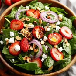 - Fresh spinach - Fresh strawberries Fresh spinach brings a crisp and healthy base to your salad. Use four cups, washed and dried. The spinach adds a lot of vitamins and minerals. Next, choose fresh strawberries. You will need about two cups, hulled and sliced. Strawberries add sweetness and a bright color. They balance the flavors nicely. - Feta cheese - Sliced almonds Cheese adds creaminess to the dish. Feta cheese works best here. Use half a cup, crumbled. It gives a nice tangy flavor. Now, let’s talk about nuts. Sliced almonds add crunch. Use a quarter cup, toasted for extra flavor. They boost the salad’s texture and nutrition. - Balsamic vinegar - Honey - Olive oil - Salt and pepper Next, we need dressing. Use balsamic vinegar, a quarter cup, for a sweet and tangy kick. Honey adds sweetness. Use three tablespoons. Olive oil adds richness. Use two tablespoons. Finally, season with salt and pepper to taste. Mix these ingredients well for a delicious dressing. For the full recipe and instructions, check out the [Full Recipe]. First, let's make the dressing. In a small bowl, add the balsamic vinegar, honey, olive oil, salt, and pepper. Use a whisk to mix everything together until it is smooth. This simple blend gives your salad a bright, tangy taste. Once combined, set the dressing aside. It will be ready when you need it. Now, it’s time to build your salad. In a large bowl, combine the fresh spinach, sliced strawberries, crumbled feta cheese, toasted almonds, and sliced red onion. Each ingredient adds its own flavor and texture. The spinach provides a crisp base, while strawberries add sweetness. Gently toss everything together. Be careful not to bruise the strawberries or break the feta. After tossing the salad, let it sit for about five minutes. This allows the flavors to meld together. For serving, you have options. You can plate the salad on individual dishes or offer it family-style in a large bowl. For a pretty touch, consider adding a few whole strawberries on top. This makes the salad look fresh and inviting. Enjoy your delicious creation! When you pick strawberries, look for ones that are bright red. They should feel firm but not hard. A sweet smell means they are ripe. Avoid ones with bruises or mold. Fresh spinach is the star of this salad. Always choose spinach that is vibrant and crisp. If you can, buy loose spinach instead of packaged. This way, you can check for freshness. If you want to make the salad ahead, store the dressing separately. This keeps the greens from wilting. You can mix the salad just before serving. It’s best to keep sliced strawberries in the fridge until serving. This prevents the salad from getting soggy. To make the salad even better, try adding fresh herbs like basil or mint. They give a nice twist to the taste. You can also play with different dressings. A citrus vinaigrette or yogurt dressing offers a fresh change. Experiment with what you like best to create your own version of this Strawberry Spinach Salad. For the full recipe, check out the Full Recipe section. {{image_2}} If you need gluten-free options, this salad works well. All the main ingredients are naturally gluten-free. However, check the labels on your balsamic vinegar and honey. They should be gluten-free too. For vegan alternatives, skip the feta cheese. You can use avocado or a vegan cheese instead. This keeps the salad creamy and delicious. You can play with different types of cheese. Try goat cheese for a tangy kick. Or use mozzarella for a mild flavor. If you want to swap nuts and seeds, consider walnuts or sunflower seeds. Both add a nice crunch and flavor to your salad. Try adding fruits like apples or pears. They give a sweet crunch that pairs well with spinach. Slice them thinly and mix them in. Incorporating other greens is a great idea too. You can add arugula or kale for a different taste. This adds more nutrients and texture to your salad. For the Full Recipe, check the earlier sections of this article. To keep your strawberry spinach salad fresh, store it in the fridge. Place leftovers in a sealed container. Glass or plastic containers work well. Keep the dressing separate if possible. This prevents the greens from wilting. When ready to eat, mix in the dressing just before serving. The salad lasts about three days in the fridge. Check the spinach and strawberries for spoilage. Look for slimy spinach or mushy strawberries. If you see these signs, it’s time to toss them. The feta cheese can last longer, up to a week. Always check for unusual smells or changes in color. You can get creative with leftover salad! Try mixing it into a wrap or sandwich. You can also add it to a grain bowl. Another fun idea is to make a smoothie. Blend the salad with some yogurt and a banana. This adds flavor and nutrition. Don't waste those tasty leftovers! To make this salad gluten-free, choose gluten-free dressings. Use balsamic vinegar that is labeled gluten-free. Most honey is gluten-free, but always check the label. You can also swap out feta cheese for a dairy-free cheese option if needed. Strawberry Spinach Salad is packed with nutrients. Spinach is rich in iron, vitamins A and C. Strawberries add fiber and antioxidants. Feta cheese gives calcium and protein. Almonds provide healthy fats. This salad supports heart health and boosts your immune system. Yes, you can prep this salad ahead of time. Store the dressing separately to avoid sogginess. Keep spinach, strawberries, and other ingredients in airtight containers. Mix everything just before serving. This keeps the salad fresh and crunchy. For the full recipe, check out the details above. This blog post covers how to make a delicious Strawberry Spinach Salad. We discussed key ingredients like fresh spinach, strawberries, feta cheese, and sliced almonds. I shared step-by-step instructions for creating the salad and tips to enhance its flavor. You can also explore variations, storage tips, and FAQs to address common questions. In closing, this salad is not just tasty; it also brings health benefits. Enjoy making it your own with different ingredients or styles!