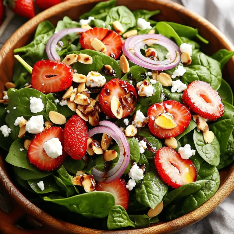 - Fresh spinach - Fresh strawberries Fresh spinach brings a crisp and healthy base to your salad. Use four cups, washed and dried. The spinach adds a lot of vitamins and minerals. Next, choose fresh strawberries. You will need about two cups, hulled and sliced. Strawberries add sweetness and a bright color. They balance the flavors nicely. - Feta cheese - Sliced almonds Cheese adds creaminess to the dish. Feta cheese works best here. Use half a cup, crumbled. It gives a nice tangy flavor. Now, let’s talk about nuts. Sliced almonds add crunch. Use a quarter cup, toasted for extra flavor. They boost the salad’s texture and nutrition. - Balsamic vinegar - Honey - Olive oil - Salt and pepper Next, we need dressing. Use balsamic vinegar, a quarter cup, for a sweet and tangy kick. Honey adds sweetness. Use three tablespoons. Olive oil adds richness. Use two tablespoons. Finally, season with salt and pepper to taste. Mix these ingredients well for a delicious dressing. For the full recipe and instructions, check out the [Full Recipe]. First, let's make the dressing. In a small bowl, add the balsamic vinegar, honey, olive oil, salt, and pepper. Use a whisk to mix everything together until it is smooth. This simple blend gives your salad a bright, tangy taste. Once combined, set the dressing aside. It will be ready when you need it. Now, it’s time to build your salad. In a large bowl, combine the fresh spinach, sliced strawberries, crumbled feta cheese, toasted almonds, and sliced red onion. Each ingredient adds its own flavor and texture. The spinach provides a crisp base, while strawberries add sweetness. Gently toss everything together. Be careful not to bruise the strawberries or break the feta. After tossing the salad, let it sit for about five minutes. This allows the flavors to meld together. For serving, you have options. You can plate the salad on individual dishes or offer it family-style in a large bowl. For a pretty touch, consider adding a few whole strawberries on top. This makes the salad look fresh and inviting. Enjoy your delicious creation! When you pick strawberries, look for ones that are bright red. They should feel firm but not hard. A sweet smell means they are ripe. Avoid ones with bruises or mold. Fresh spinach is the star of this salad. Always choose spinach that is vibrant and crisp. If you can, buy loose spinach instead of packaged. This way, you can check for freshness. If you want to make the salad ahead, store the dressing separately. This keeps the greens from wilting. You can mix the salad just before serving. It’s best to keep sliced strawberries in the fridge until serving. This prevents the salad from getting soggy. To make the salad even better, try adding fresh herbs like basil or mint. They give a nice twist to the taste. You can also play with different dressings. A citrus vinaigrette or yogurt dressing offers a fresh change. Experiment with what you like best to create your own version of this Strawberry Spinach Salad. For the full recipe, check out the Full Recipe section. {{image_2}} If you need gluten-free options, this salad works well. All the main ingredients are naturally gluten-free. However, check the labels on your balsamic vinegar and honey. They should be gluten-free too. For vegan alternatives, skip the feta cheese. You can use avocado or a vegan cheese instead. This keeps the salad creamy and delicious. You can play with different types of cheese. Try goat cheese for a tangy kick. Or use mozzarella for a mild flavor. If you want to swap nuts and seeds, consider walnuts or sunflower seeds. Both add a nice crunch and flavor to your salad. Try adding fruits like apples or pears. They give a sweet crunch that pairs well with spinach. Slice them thinly and mix them in. Incorporating other greens is a great idea too. You can add arugula or kale for a different taste. This adds more nutrients and texture to your salad. For the Full Recipe, check the earlier sections of this article. To keep your strawberry spinach salad fresh, store it in the fridge. Place leftovers in a sealed container. Glass or plastic containers work well. Keep the dressing separate if possible. This prevents the greens from wilting. When ready to eat, mix in the dressing just before serving. The salad lasts about three days in the fridge. Check the spinach and strawberries for spoilage. Look for slimy spinach or mushy strawberries. If you see these signs, it’s time to toss them. The feta cheese can last longer, up to a week. Always check for unusual smells or changes in color. You can get creative with leftover salad! Try mixing it into a wrap or sandwich. You can also add it to a grain bowl. Another fun idea is to make a smoothie. Blend the salad with some yogurt and a banana. This adds flavor and nutrition. Don't waste those tasty leftovers! To make this salad gluten-free, choose gluten-free dressings. Use balsamic vinegar that is labeled gluten-free. Most honey is gluten-free, but always check the label. You can also swap out feta cheese for a dairy-free cheese option if needed. Strawberry Spinach Salad is packed with nutrients. Spinach is rich in iron, vitamins A and C. Strawberries add fiber and antioxidants. Feta cheese gives calcium and protein. Almonds provide healthy fats. This salad supports heart health and boosts your immune system. Yes, you can prep this salad ahead of time. Store the dressing separately to avoid sogginess. Keep spinach, strawberries, and other ingredients in airtight containers. Mix everything just before serving. This keeps the salad fresh and crunchy. For the full recipe, check out the details above. This blog post covers how to make a delicious Strawberry Spinach Salad. We discussed key ingredients like fresh spinach, strawberries, feta cheese, and sliced almonds. I shared step-by-step instructions for creating the salad and tips to enhance its flavor. You can also explore variations, storage tips, and FAQs to address common questions. In closing, this salad is not just tasty; it also brings health benefits. Enjoy making it your own with different ingredients or styles!
