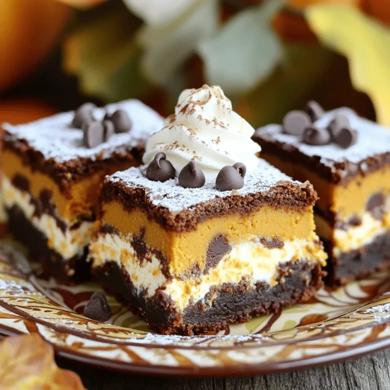 To make pumpkin cheesecake brownies, you need a mix of rich and sweet flavors. The recipe combines two tasty layers: a pumpkin layer and a creamy cheesecake layer. This blend creates a treat that is both soft and flavorful. You can find the full recipe at the end of this section. Here are the key ingredients you will need: - 1 cup pumpkin puree - 1 cup cream cheese, softened - 1/2 cup granulated sugar - 1/4 cup brown sugar - 1/4 cup unsalted butter, melted - 1 teaspoon vanilla extract - 2 large eggs - 1 cup all-purpose flour - 1/3 cup cocoa powder - 1 teaspoon baking powder - 1 teaspoon cinnamon - 1/2 teaspoon nutmeg - 1/4 teaspoon salt - 1/4 cup chocolate chips (optional, for topping) Each ingredient plays a role in making the brownies rich and creamy. Pumpkin puree gives moisture and flavor. Cream cheese adds a smooth texture. The sugars provide sweetness, while cocoa powder gives a deep chocolate taste. You can make these brownies even more special. Consider these add-ins: - Chopped nuts for crunch - Mini chocolate chips for extra sweetness - A sprinkle of sea salt on top for flavor contrast - Whipped cream for a light topping Feel free to mix and match these options to create your perfect dessert! Start by preheating your oven to 350°F (175°C). Grab a 9x9 inch baking pan. You can grease it well or line it with parchment paper. Lining helps with easy removal later. In a medium bowl, add the softened cream cheese, granulated sugar, one egg, and vanilla extract. Beat everything together until the mixture is smooth. Set this creamy layer aside for now. In a large bowl, mix the melted butter with the pumpkin puree. Add the brown sugar and the remaining egg. Stir until everything combines well. This will be your pumpkin base. In another bowl, whisk together the flour, cocoa powder, baking powder, cinnamon, nutmeg, and salt. Gradually add this dry mix to the pumpkin batter. Stir just until combined. Pour half of this mixture into the prepared pan. Then, drop spoonfuls of the cheesecake layer over it. Use a knife to swirl them together. Finally, pour the rest of the pumpkin batter on top and smooth it out. Bake the brownies in the oven for 30-35 minutes. Check if they are done by inserting a toothpick into the center. If it comes out clean or with a few moist crumbs, they're ready. Let the brownies cool completely in the pan before slicing them into squares. Enjoy your delicious pumpkin cheesecake brownies! For the complete recipe, refer to the Full Recipe section. To get the best swirl, use a knife. After you add the cheesecake layer, gently drag the knife through both layers. This creates a lovely marbled look. Start at the edges and work toward the center. Don’t overdo it; a few swirls are perfect. You want to see both the pumpkin and cheesecake layers. This method makes your brownies look fancy and taste great! Baking can be tricky, but avoiding a few common mistakes helps. First, make sure your cream cheese is soft. Cold cream cheese does not mix well. Next, don’t skip preheating your oven. A hot oven cooks the brownies evenly. Lastly, avoid overmixing the batter. Mix just until combined. Overmixing can make your brownies tough instead of soft and chewy. To keep your brownies fresh, store them in an airtight container. They stay good at room temperature for up to three days. If you need them to last longer, refrigerate them. To reheat, warm them in the microwave for about 10-15 seconds. This makes them soft and gooey again. You can also enjoy them cold, straight from the fridge. They taste delicious any way you serve them! For the full recipe, check the sections above. {{image_2}} You can play with spices to make your brownies shine. Try adding a pinch of ginger or allspice to the pumpkin batter. These spices bring warmth and depth to each bite. You can also mix in some cloves for a spicier kick. Adjust the amounts to suit your taste. A little dash of cardamom can also add a unique twist. These warm spices create a cozy vibe perfect for fall! If you need a gluten-free treat, it’s easy to switch up the recipe. Replace the all-purpose flour with gluten-free flour blend. This swap keeps the texture light and fluffy. Make sure to check the blend labels, as some may contain added starch. This option allows everyone to enjoy these brownies without worry! Experimenting with chocolate types can change the flavor profile. You can use dark chocolate for a richer taste or milk chocolate for a sweeter touch. White chocolate can also add a creamy contrast to the pumpkin flavor. Just swap the cocoa powder in the recipe with melted chocolate. This option gives you a fun twist on the classic brownies. You can even mix different chocolates for an exciting layered taste! For the full recipe, check out the detailed steps above. When serving pumpkin cheesecake brownies, the right sides can make them even better. Here are some ideas: - Whipped Cream: A dollop of fresh whipped cream adds a light touch. - Ice Cream: Vanilla or caramel ice cream pairs perfectly with warm brownies. - Nuts: Chopped walnuts or pecans add a crunchy contrast. - Chocolate Sauce: Drizzle chocolate sauce for an extra sweet boost. These brownies shine at gatherings. For special events, think about these tips: - Festive Plate: Use a colorful or themed plate to present your brownies. - Garnish: Add a sprinkle of cinnamon or cocoa powder for flair. - Portion Sizes: Cut into smaller squares for a cute, bite-sized treat. Choosing the right drink can enhance your dessert experience. Here are some great pairings: - Coffee: A rich, dark coffee complements the flavors well. - Tea: Spiced chai or herbal tea matches the warm spices. - Milk: A glass of cold milk balances the sweetness of the brownies. - Wine: Pair with dessert wine for an elegant touch. For the full recipe, check the earlier section. Enjoy your Pumpkin Cheesecake Brownies! Pumpkin Cheesecake Brownies stay fresh for about 3 to 5 days when stored properly. Keep them in an airtight container at room temperature. If you want them to last longer, refrigerate them. In the fridge, they can stay good for up to a week. Just remember to let them sit out for a bit before serving. This helps regain their soft texture. Yes, you can freeze Pumpkin Cheesecake Brownies! To freeze them, first cut the brownies into squares. Wrap each square tightly in plastic wrap. Then, place them in a freezer-safe bag or container. They will stay fresh for about 2 to 3 months in the freezer. When you want to eat them, just thaw them overnight in the fridge. If you need a cream cheese substitute, there are a few options. You can use mascarpone cheese for a similar texture. Greek yogurt is another great choice, as it adds creaminess. Soft tofu can also work if you blend it until smooth. These alternatives can change the flavor a bit, but they still create a delicious dessert. To check if your brownies are done baking, insert a toothpick into the center. It should come out clean or with a few moist crumbs attached. If there is wet batter on the toothpick, they need more time. Remember, brownies continue to cook a bit after you take them out, so don’t overbake them! This blog post covered how to make delicious Pumpkin Cheesecake Brownies. You learned about the key ingredients, step-by-step instructions, and helpful tips for baking. I shared ways to add flavor and variations to suit your taste. Don't forget the best serving suggestions to impress your guests. Now, you have everything you need to enjoy these tasty treats! Whether for a party or a simple dessert, these brownies will delight anyone. Happy baking!
