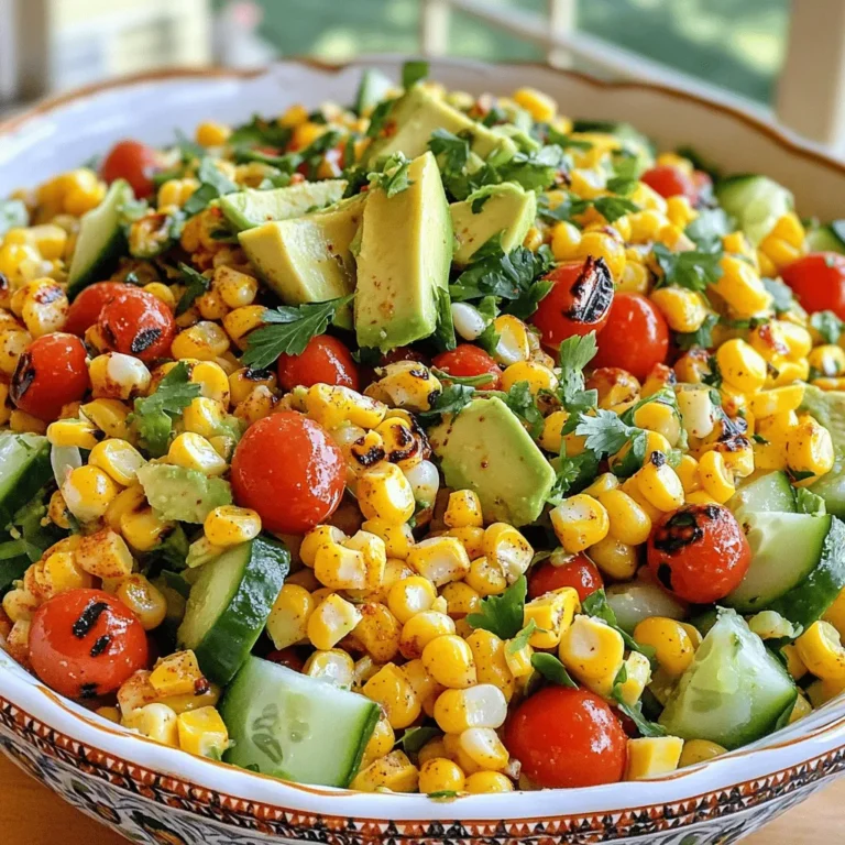 - 4 ears of sweet corn, husked - 1 red bell pepper, diced - 1 cucumber, diced - 1 small red onion, finely chopped - 1 cup cherry tomatoes, halved - 1/4 cup fresh cilantro, chopped - 1 avocado, diced - 3 tablespoons olive oil - 2 tablespoons lime juice - 1 teaspoon honey - Salt and pepper to taste - 1/2 teaspoon smoked paprika - Grill - Sharp knife - Mixing bowls When making grilled corn salad, fresh produce is key. Sweet corn packs a burst of flavor. Choosing ripe, colorful veggies makes your salad pop. The dressing is simple yet adds depth. It combines olive oil, lime juice, honey, and smoked paprika for a tasty finish. Gather your equipment. You need a grill for that smoky flavor. A sharp knife helps with cutting veggies easily. Mixing bowls are great for combining everything. For the full recipe, check out Sunny Grilled Corn Salad. Enjoy the vibrant tastes and colorful presentation that this dish brings to your table! - Preheat the grill to medium-high heat. - Grill the husked corn for about 10-12 minutes. Turn it often for an even char. You want that nice, smoky flavor. - Once the corn cools, cut the kernels off the cob and add them to a bowl. - Mix in the diced red bell pepper, cucumber, red onion, cherry tomatoes, and cilantro. This mix brings bright colors and fresh tastes to your salad. - In a small bowl, whisk together olive oil, lime juice, honey, smoked paprika, salt, and pepper. - Pour the dressing over the salad and toss gently to coat everything. The dressing gives the salad a zesty kick. For the complete details on this vibrant dish, check out the Full Recipe. To grill corn well, turn it often. This helps it cook evenly and char nicely. Aim to grill the corn for about 10 to 12 minutes. You want some nice brown spots, but not too much. Keep an eye on it to avoid burning. To boost flavor, try adjusting seasonings. A pinch of salt goes a long way. You can also add fresh herbs for a burst of taste. Cilantro works well, or try basil for something different. If you like heat, add a dash of cayenne pepper. This gives your salad an exciting kick! Serve the salad at room temperature for the best taste. It’s fresh and vibrant that way. For a great look, use a large, colorful bowl. Garnish with extra cilantro and a lime wedge. This makes it pop and look even more appetizing. Enjoy your sunny grilled corn salad! For the full recipe, check out the earlier section. {{image_2}} You can add many vegetables to your grilled corn salad. Try diced zucchini, chopped bell peppers, or even cherry tomatoes for a fresh twist. Each vegetable brings its own taste and texture. For those who prefer a crunch, consider adding radishes or jicama. If you want more greens, mix in baby spinach or arugula. These options give you the chance to play with flavors. They can also cater to different dietary needs. Changing the dressing can transform your salad. A zesty vinaigrette adds a bright kick. You might enjoy a creamy avocado dressing for a rich flavor. A yogurt-based dressing can bring a nice tang. These dressings pair well with the sweetness of corn. Each one highlights the salad's fresh ingredients in a new way. You can also try a honey mustard or garlic dressing for added depth. Adding protein makes this salad a fuller meal. Grilled chicken or shrimp work great with the corn. They add a savory taste and texture. If you prefer a meatless option, try black beans or chickpeas. These beans are nutritious and filling. They boost the salad's protein content while keeping it light. A handful of crumbled feta cheese can also add flavor. This choice makes your meal more satisfying. To keep your grilled corn salad fresh, store it in an airtight container. This helps to lock in moisture and flavor. Place it in the fridge right after serving. The salad stays fresh for about 3 days. If you see any signs of spoilage, like odd smells or colors, throw it away. You won’t need to reheat the salad. Instead, if you want to enjoy it warm, grill some extra corn and mix it in. If the salad feels dry after being in the fridge, add a splash of lime juice or olive oil. This will help refresh the flavors before serving. You can freeze grilled corn salad, but it may change texture. Corn might become mushy when thawed. If you want to freeze it, do so without the avocado. When ready to eat, thaw overnight in the fridge. Add fresh avocado just before serving for the best taste. To make grilled corn salad vegan, swap out non-vegan items. Use agave nectar instead of honey. Replace any cheese with a vegan alternative or simply skip it. This keeps the salad fresh and plant-based. You still get all the vibrant flavors from the veggies and dressing! Grilled corn salad pairs well with many dishes. Try it with grilled chicken or fish for a tasty meal. You can also serve it with tacos or burgers for a fun twist. It works great as a side dish at summer barbecues or picnics. Grilling corn takes about 10 to 12 minutes. Start with a preheated grill on medium-high heat. Turn the corn every few minutes for an even char. Look for a nice golden color on the kernels as a sign it is ready. You can prep this salad ahead of time! Chop the veggies and grill the corn in advance. Mix everything except the avocado and dressing. Store it in the fridge. Just add the dressing and avocado right before serving for the best flavor. Check out the Full Recipe for more details! In this blog post, we explored how to make a delicious grilled corn salad. We covered fresh ingredients, easy steps, and tips for perfect grilling. You can also try different variations by adding protein or changing the dressing. Remember, this salad is best served fresh but can be stored or prepped in advance. Exploring these methods will help you enjoy this dish anytime. Enjoy making your grilled corn salad and impress your friends and family!