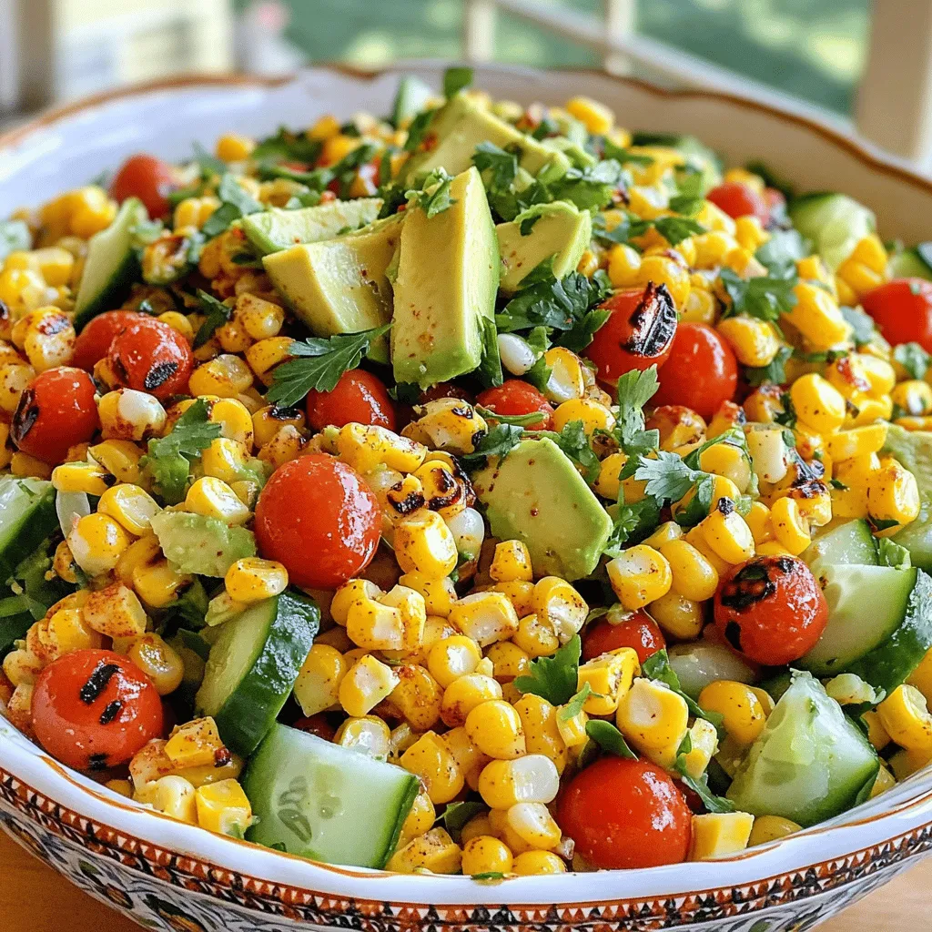 - 4 ears of sweet corn, husked - 1 red bell pepper, diced - 1 cucumber, diced - 1 small red onion, finely chopped - 1 cup cherry tomatoes, halved - 1/4 cup fresh cilantro, chopped - 1 avocado, diced - 3 tablespoons olive oil - 2 tablespoons lime juice - 1 teaspoon honey - Salt and pepper to taste - 1/2 teaspoon smoked paprika - Grill - Sharp knife - Mixing bowls When making grilled corn salad, fresh produce is key. Sweet corn packs a burst of flavor. Choosing ripe, colorful veggies makes your salad pop. The dressing is simple yet adds depth. It combines olive oil, lime juice, honey, and smoked paprika for a tasty finish. Gather your equipment. You need a grill for that smoky flavor. A sharp knife helps with cutting veggies easily. Mixing bowls are great for combining everything. For the full recipe, check out Sunny Grilled Corn Salad. Enjoy the vibrant tastes and colorful presentation that this dish brings to your table! - Preheat the grill to medium-high heat. - Grill the husked corn for about 10-12 minutes. Turn it often for an even char. You want that nice, smoky flavor. - Once the corn cools, cut the kernels off the cob and add them to a bowl. - Mix in the diced red bell pepper, cucumber, red onion, cherry tomatoes, and cilantro. This mix brings bright colors and fresh tastes to your salad. - In a small bowl, whisk together olive oil, lime juice, honey, smoked paprika, salt, and pepper. - Pour the dressing over the salad and toss gently to coat everything. The dressing gives the salad a zesty kick. For the complete details on this vibrant dish, check out the Full Recipe. To grill corn well, turn it often. This helps it cook evenly and char nicely. Aim to grill the corn for about 10 to 12 minutes. You want some nice brown spots, but not too much. Keep an eye on it to avoid burning. To boost flavor, try adjusting seasonings. A pinch of salt goes a long way. You can also add fresh herbs for a burst of taste. Cilantro works well, or try basil for something different. If you like heat, add a dash of cayenne pepper. This gives your salad an exciting kick! Serve the salad at room temperature for the best taste. It’s fresh and vibrant that way. For a great look, use a large, colorful bowl. Garnish with extra cilantro and a lime wedge. This makes it pop and look even more appetizing. Enjoy your sunny grilled corn salad! For the full recipe, check out the earlier section. {{image_2}} You can add many vegetables to your grilled corn salad. Try diced zucchini, chopped bell peppers, or even cherry tomatoes for a fresh twist. Each vegetable brings its own taste and texture. For those who prefer a crunch, consider adding radishes or jicama. If you want more greens, mix in baby spinach or arugula. These options give you the chance to play with flavors. They can also cater to different dietary needs. Changing the dressing can transform your salad. A zesty vinaigrette adds a bright kick. You might enjoy a creamy avocado dressing for a rich flavor. A yogurt-based dressing can bring a nice tang. These dressings pair well with the sweetness of corn. Each one highlights the salad's fresh ingredients in a new way. You can also try a honey mustard or garlic dressing for added depth. Adding protein makes this salad a fuller meal. Grilled chicken or shrimp work great with the corn. They add a savory taste and texture. If you prefer a meatless option, try black beans or chickpeas. These beans are nutritious and filling. They boost the salad's protein content while keeping it light. A handful of crumbled feta cheese can also add flavor. This choice makes your meal more satisfying. To keep your grilled corn salad fresh, store it in an airtight container. This helps to lock in moisture and flavor. Place it in the fridge right after serving. The salad stays fresh for about 3 days. If you see any signs of spoilage, like odd smells or colors, throw it away. You won’t need to reheat the salad. Instead, if you want to enjoy it warm, grill some extra corn and mix it in. If the salad feels dry after being in the fridge, add a splash of lime juice or olive oil. This will help refresh the flavors before serving. You can freeze grilled corn salad, but it may change texture. Corn might become mushy when thawed. If you want to freeze it, do so without the avocado. When ready to eat, thaw overnight in the fridge. Add fresh avocado just before serving for the best taste. To make grilled corn salad vegan, swap out non-vegan items. Use agave nectar instead of honey. Replace any cheese with a vegan alternative or simply skip it. This keeps the salad fresh and plant-based. You still get all the vibrant flavors from the veggies and dressing! Grilled corn salad pairs well with many dishes. Try it with grilled chicken or fish for a tasty meal. You can also serve it with tacos or burgers for a fun twist. It works great as a side dish at summer barbecues or picnics. Grilling corn takes about 10 to 12 minutes. Start with a preheated grill on medium-high heat. Turn the corn every few minutes for an even char. Look for a nice golden color on the kernels as a sign it is ready. You can prep this salad ahead of time! Chop the veggies and grill the corn in advance. Mix everything except the avocado and dressing. Store it in the fridge. Just add the dressing and avocado right before serving for the best flavor. Check out the Full Recipe for more details! In this blog post, we explored how to make a delicious grilled corn salad. We covered fresh ingredients, easy steps, and tips for perfect grilling. You can also try different variations by adding protein or changing the dressing. Remember, this salad is best served fresh but can be stored or prepped in advance. Exploring these methods will help you enjoy this dish anytime. Enjoy making your grilled corn salad and impress your friends and family!