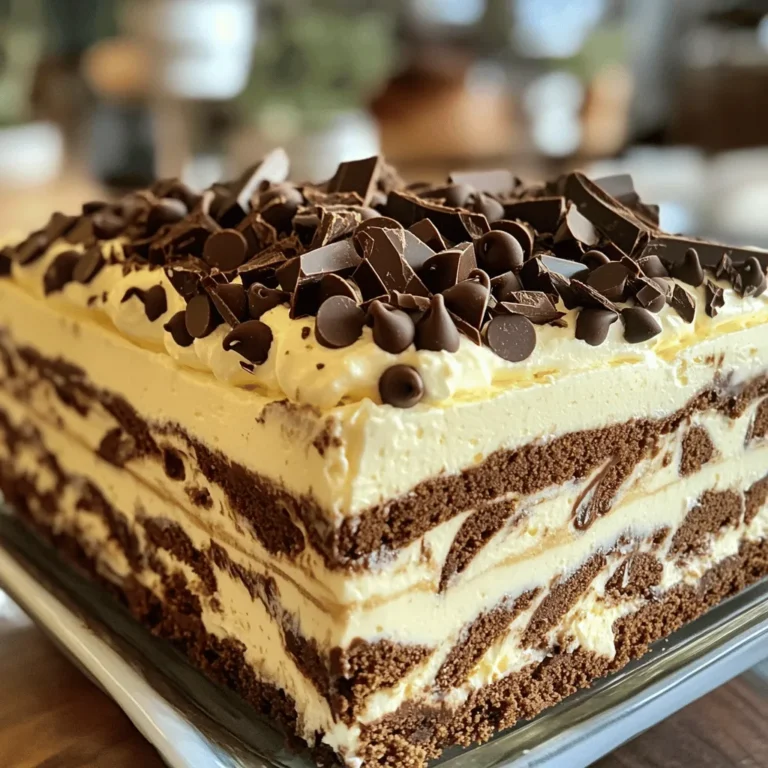 - 2 cups heavy whipping cream - 1/2 cup powdered sugar - 1 tablespoon instant coffee granules - 1 teaspoon vanilla extract - 2 cups chocolate chips (semi-sweet) - 1 package (14 ounces) coffee-flavored or chocolate graham crackers - Optional Garnish: Chocolate shavings or cocoa powder To make the Mocha Chip Icebox Cake, gather these ingredients. The heavy whipping cream is key for rich texture. Powdered sugar adds a sweet touch. Instant coffee granules give that deep mocha flavor. Vanilla extract enhances the taste beautifully. Chocolate chips bring a delightful crunch. You can choose between coffee-flavored or chocolate graham crackers. Both options work well, but I love the coffee ones for extra flavor. If you want to make it look fancy, chocolate shavings or cocoa powder adds a nice finish. Now that you have the ingredients ready, you can move to the fun part—making the cake! Check the [Full Recipe] for detailed steps. - Whip the Cream: Start by adding heavy whipping cream, powdered sugar, instant coffee, and vanilla extract to a large bowl. Use an electric mixer on medium-high speed. Beat until you see stiff peaks. This will take about 3 to 5 minutes. - Prepare the Base: Take a 9x13 inch baking dish. Spread a thin layer of your whipped cream mixture at the bottom. This helps the graham crackers stick and stay in place. - Layer the Graham Crackers: Now, lay down a single layer of graham crackers on top of the whipped cream. You can break them if needed to fit the dish perfectly. - Add the Cream Layer: Use half of your whipped cream mixture. Spread it evenly over the graham crackers. - Sprinkle the Chocolate Chips: Take half of the chocolate chips and sprinkle them over the cream layer. - Repeat Layers: Add another layer of graham crackers on top. Then, spread the remaining whipped cream mixture. Top this with the rest of the chocolate chips. Finally, add one more layer of graham crackers as the top layer. - Chill the Cake: Cover the dish with plastic wrap. Place it in the fridge for at least 4 hours. Chilling overnight is even better. This lets the flavors blend and softens the crackers. - Cut and Serve: After chilling, take the cake out. Cut it into squares. Serve it as is or add chocolate shavings or cocoa powder for a nice touch. This Mocha Chip Icebox Cake is easy and fun to make. For the complete recipe, check out the section above. To make the whipped cream just right, start with cold cream. Using cool cream helps it whip faster and better. For stiff peaks, beat the cream until it holds its shape. You want it thick but not dry. If you overbeat, it can turn grainy. Add powdered sugar slowly while mixing. This helps sweeten it without losing volume. When layering, use a gentle touch. Start with a thin layer of cream at the bottom. This keeps the graham crackers from sticking. Spread the whipped cream evenly over each layer. Use a spatula for smooth results. You can mix flavors too! Try using different graham crackers, like chocolate or honey. You can also add fruit or nuts between layers for fun new tastes. Pair your mocha chip icebox cake with drinks. Coffee or milk complements it well. A scoop of vanilla ice cream adds extra creaminess. This cake shines at parties and family gatherings. Serve it at birthdays or holidays for a sweet treat. It looks great on a dessert table, and everyone will love it! {{image_2}} You can enjoy many flavors with your Mocha Chip Icebox Cake. Here are two tasty options: - Mocha Mint Icebox Cake: Add a splash of peppermint extract to the cream. This gives a fresh twist perfect for the holidays. You can also use mint chocolate chips for an extra minty bite. - Caramel Mocha Icebox Cake: Mix in some caramel sauce with your whipped cream. This sweet treat makes the cake richer. You can drizzle more caramel on top for a beautiful finish. You can easily adapt this cake for different diets. Here’s how: - Gluten-Free Options: Use gluten-free graham crackers. Many brands offer great-tasting options. This keeps your dessert friendly for those avoiding gluten. - Dairy Alternatives: If you need a dairy-free cake, use coconut cream instead of heavy cream. Almond milk or oat milk can replace milk in whipped options. These swaps keep your cake creamy and delicious. You can change the flavors with the seasons. Here are two fun ideas: - Chocolate Hazelnut: Use hazelnut spread in the cream. This gives a nutty flavor that pairs well with chocolate chips. It’s a great choice for nut lovers. - Pumpkin Spice Variant: Add pumpkin puree and pumpkin spice to your whipped cream. This sweet and cozy cake is perfect for fall. Top it with crushed graham crackers for a nice crunch. These variations let you play with flavors and make your Mocha Chip Icebox Cake special. Experiment and enjoy your delicious treats! For the complete recipe, check out the Full Recipe section. To keep your mocha chip icebox cake fresh, store leftovers in the fridge. Use an airtight container to maintain its moisture and flavor. If you don’t have one, cover the dish tightly with plastic wrap. This helps prevent the cake from absorbing other smells in your fridge. Can Mocha Chip Icebox Cake Be Frozen? Yes, you can freeze mocha chip icebox cake. Just remember to wrap it well. Use plastic wrap followed by aluminum foil. This keeps out air and helps maintain its taste. Thawing Tips When you're ready to enjoy it, take the cake out of the freezer. Place it in the fridge overnight to thaw slowly. This helps keep the texture nice and smooth. How Long Will It Last in the Fridge? In the fridge, the mocha chip icebox cake stays good for about 3 to 5 days. Make sure to check it before serving. Signs of Spoilage Look for changes in texture or color. If you see any mold or an off smell, it’s best to throw it away. Always trust your senses to ensure food safety. An icebox cake is a no-bake dessert. It uses layers of cookies, cream, and sometimes fruit. The name comes from early refrigerators, called iceboxes. People made this cake to chill and set in these boxes. The cake becomes soft and creamy as the layers meld. Icebox cakes are popular for their ease and deliciousness. Yes, you can use different flavors of graham crackers! Chocolate, honey, or cinnamon variations work well. Each adds a unique twist to your cake. Experimenting with flavors can make each cake special. Just ensure the crackers fit well in your dish. You should chill the cake for at least 4 hours. Chilling overnight gives the best flavor. This time allows the flavors to blend. It also helps the graham crackers soften. A well-chilled cake is creamy and easy to slice. Enjoy your tasty Mocha Chip Icebox Cake after the chill. For the full recipe, check out the detailed instructions above. This blog post detailed a delicious icebox cake recipe, perfect for all occasions. We covered key ingredients, preparation steps, and tips for the best results. You learned about flavor variations and how to store leftovers properly. In my view, this cake is a fun treat that anyone can make. Don’t hesitate to experiment with flavors or use leftovers creatively. Enjoy making this dessert and sharing it with friends and family!