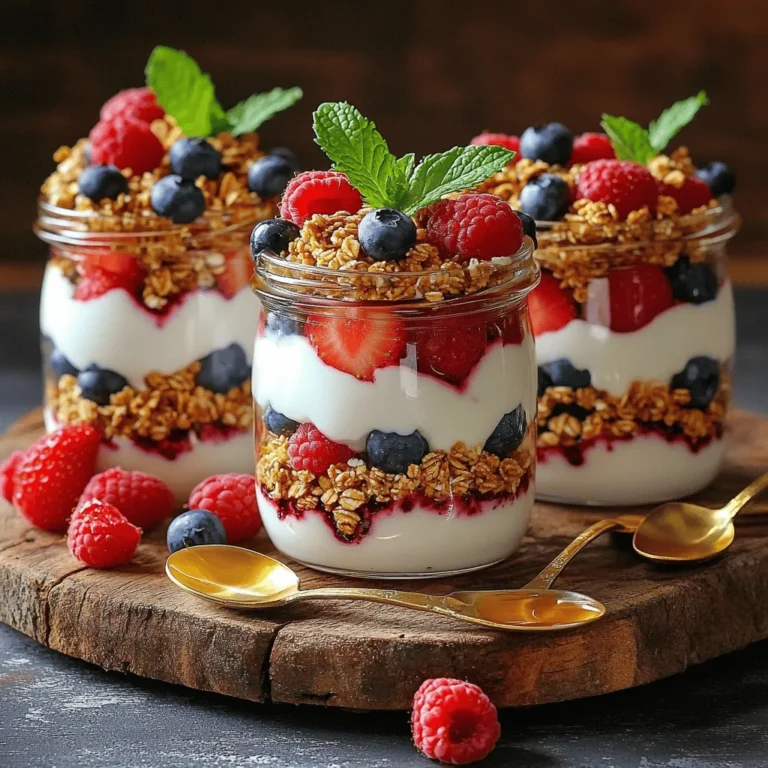 To make Berry Yogurt Parfait Jars, you need simple, fresh ingredients. Here’s what you’ll need: - 2 cups Greek yogurt (plain or vanilla) - 1 cup mixed berries (strawberries, blueberries, raspberries) - 1 cup granola (your choice of flavor) These ingredients give you a creamy base, juicy fruit, and crunchy texture. Greek yogurt adds protein, while berries add vitamins and flavor. You can also add some optional ingredients to make your parfaits even better: - 2 tablespoons honey (optional) - 1 teaspoon vanilla extract (optional) - Fresh mint leaves for garnish (optional) Honey adds sweetness, and vanilla gives a nice aroma. Fresh mint leaves can brighten the look and taste. Berry Yogurt Parfait Jars are not just tasty; they are good for you too. Here’s a quick look at the nutrition: - Greek yogurt is high in protein, which helps build muscles. - Berries are low in calories and high in fiber, aiding digestion. - Granola offers energy and helps keep you full longer. This snack is perfect for breakfast or a quick treat. You can find the full recipe above to help you get started! To start, gather your ingredients. You need Greek yogurt, mixed berries, and granola. Rinse the mixed berries under cold water. If you have large strawberries, slice them into smaller pieces. Leave the blueberries and raspberries whole. This simple step keeps the berries fresh and clean. Next, mix the yogurt. In a medium bowl, combine the Greek yogurt with honey and vanilla extract if you choose to use them. Stir until everything blends well. This mixture will be creamy and tasty, perfect for your parfait. The way you layer your parfait matters. Begin with a clean jar or glass. Scoop about 1/3 cup of yogurt and add it to the bottom. This forms the first layer and gives a nice base. Now, add a layer of mixed berries. Use about 1/4 cup of berries for this layer. Place them gently on top of the yogurt. The colors will start to look beautiful already! Then, sprinkle about 2 tablespoons of granola on top of the berries. This adds a nice crunch and texture. Repeat this layering process. Add another layer of yogurt, more berries, and then granola again. You can create 2 or 3 layers depending on the size of your jars. Once you finish layering, it’s time to garnish. Top your parfait with a few more berries and a mint leaf. This adds a pop of color and freshness. If you want the flavors to blend well, chill the parfaits in the fridge for about 30 minutes. This step isn’t necessary, but it can enhance the taste. Serve your berry yogurt parfait jars on a wooden platter. This gives a rustic charm. Add spoons for easy enjoyment. For a sweet touch, drizzle a bit of honey on top before serving. For the full recipe, refer to the earlier section. Enjoy your healthy treat! To create the best flavor, use fresh ingredients. Mix tangy Greek yogurt with sweet berries. You can add honey for extra sweetness. Adjust the amount based on your taste. I love using vanilla extract for a warm note. It makes the yogurt taste richer. The key is to balance tartness from the yogurt with sweetness from the berries and honey. Making parfaits ahead of time is a smart move. You can prepare them the night before. Layer the yogurt, berries, and granola in jars. Store them in the fridge. This saves time for busy mornings. Just grab a jar and enjoy on the go! They stay fresh, and the flavors mix well overnight. Keep your parfaits in sealed jars to stay fresh. Use glass or BPA-free plastic containers. Store them in the fridge and eat within three days. If you add granola, keep it separate until serving. This keeps it crunchy and tasty. Enjoy your berry yogurt parfait jars at their best freshness! {{image_2}} You can use many types of berries in your parfait. Strawberries, blueberries, and raspberries are popular. However, you can also try blackberries, cranberries, or even sliced peaches. Each berry brings its own flavor. Mixing different berries adds color and taste to your treat. For a fun twist, consider using frozen berries. They can add a cool touch and are easy to find. While Greek yogurt is a great choice, you can switch it up. Use regular yogurt, coconut yogurt, or even dairy-free options. Each has a unique taste that can change your parfait. For granola, look for flavors like honey, cinnamon, or nut blends. You can even use muesli for a heartier texture. These changes keep your parfait exciting and fresh each time. To make your parfait even more fun, add some extras. Nuts, seeds, or shredded coconut can add crunch. For a sweeter touch, try chocolate chips or dried fruit. You can also mix in spices like cinnamon or nutmeg for warmth. If you want a zing, add a splash of lemon juice or zest. Each of these options can create a new flavor adventure. You can find the full recipe to explore these variations. Present your berry yogurt parfait jars with flair. Use clear glass jars to show off the vibrant layers. Each layer tells a story of flavors and colors. I love to arrange the jars on a wooden platter. This adds a rustic touch that feels warm and inviting. For a sweet finish, drizzle honey on top. It makes them look even more tempting! Berry yogurt parfaits make a great breakfast or snack. You can enjoy them with a side of toast or pancakes. Pairing with a smoothie makes it a complete meal. If you're feeling fancy, add a sprinkle of nuts for extra crunch. You could also serve them with herbal tea for a calming snack. When hosting, these parfaits shine as a fun dessert. Use larger jars for a buffet-style treat. You can also create a parfait bar. Set out various toppings like nuts and chocolate chips. Guests can build their own parfaits, making it interactive and fun! This idea works for birthdays, brunches, or holiday parties. Everyone will love customizing their own delicious jars! Berry yogurt parfaits last about 2 to 3 days in the fridge. Keep them in an airtight container. The berries stay fresh, and the yogurt remains creamy. However, granola may become soggy over time. If you want the crunch, add granola just before serving. Yes, you can make parfaits in advance. Assemble the yogurt and berries the night before. Store them in the fridge until morning. To keep granola crunchy, store it separately. Just layer it in before you eat. This way, you save time on busy mornings. You can use nuts, seeds, or crushed whole grain cereal instead of granola. These options add crunch and flavor. For a gluten-free choice, try puffed rice or quinoa. If you want something sweeter, sprinkle on some crushed cookies or dried fruit. Absolutely! You can swap Greek yogurt for coconut yogurt or almond yogurt. These alternatives give a creamy texture without dairy. You can also use nut-based milks to mix with chia seeds for a pudding-like base. They work great in parfaits, too. To adjust sweetness, you can add honey or maple syrup. Start with a small amount and taste. If you want it sweeter, add more. You can also use ripe fruit to add natural sweetness. Bananas or mangoes are great choices for this! Berry yogurt parfaits are simple, tasty, and full of nutrients. We explored essential and optional ingredients, making them your own. I provided step-by-step instructions to help create beautiful layers. You learned tips for flavor balance and meal prep. We discussed ways to customize your parfaits and served them. In summary, these parfaits are a fun and healthy choice for anyone. Enjoy experimenting with flavors and sharing them with friends or family.