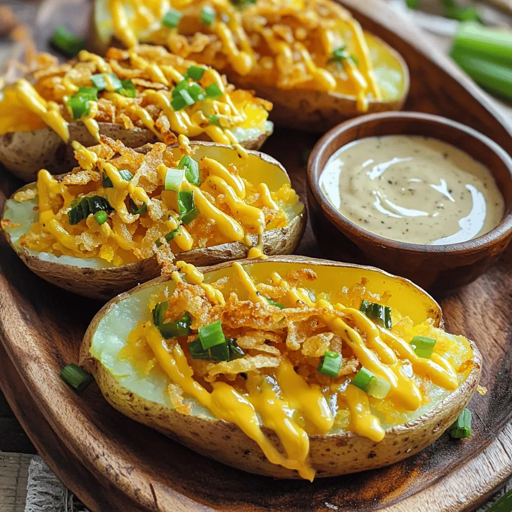 To make Pickle Ranch Potato Skins, you need a few simple items. Here’s the list of primary ingredients: - 4 medium russet potatoes - 1 tablespoon olive oil - Salt and pepper to taste - 1 cup shredded cheddar cheese - ½ cup sour cream - ¼ cup dill pickle relish - 2 tablespoons ranch seasoning mix - 2 green onions, chopped - ¼ cup crispy fried onions (for topping) If you can't find russet potatoes, try Yukon Gold potatoes. They hold their shape well. For olive oil, any cooking oil works in a pinch. You can swap sour cream with Greek yogurt for a lighter option. When selecting potatoes, look for firm ones with smooth skin. Avoid any with spots or wrinkles. Fresh potatoes give a better taste and texture. These ingredients come together to create a tasty dish that everyone will love. Enjoy making your Pickle Ranch Potato Skins with this full recipe! 1. Wash the Potatoes: Start by washing the potatoes under cold water. Scrub each one well to remove dirt. This step helps ensure a clean bite. 2. Bake the Potatoes: Preheat your oven to 400°F (200°C). Prick each potato several times with a fork. This allows steam to escape. Rub the potatoes with olive oil and sprinkle them with salt. Place them directly on the oven rack and bake for about 45-60 minutes. You want them soft when pierced with a fork. 3. Scoop the Flesh: Once the potatoes cool for about 10 minutes, cut them in half lengthwise. Use a spoon to scoop out some of the flesh, leaving about ¼ inch of potato around the skin. This creates a sturdy boat for your toppings. 4. Mix the Ranch Pickle Sauce: In a small bowl, mix ½ cup sour cream, ¼ cup dill pickle relish, and 2 tablespoons ranch seasoning mix. Stir until well combined. This sauce gives the potatoes a tangy kick. - Oven Settings: Keep your oven at 400°F (200°C) for baking the potatoes. This temperature works best for soft insides and crispy skins. - Timing Guidelines: Bake the potatoes for 45-60 minutes. After scooping, fill the skins with cheese and bake for an additional 10-15 minutes. You want the cheese melted and bubbly for that perfect finish. - Plating Ideas: Serve your Pickle Ranch Potato Skins on a large platter. Drizzle extra ranch pickle sauce on top for a tasty touch. Garnish with chopped green onions for a pop of color. - What to Serve With: These potato skins pair well with a fresh salad or a side of grilled veggies. They also make a great snack for game day or parties, adding fun to your table. For the complete recipe, check out the [Full Recipe]. - Best practices for seasoning: I always use salt and pepper to bring out flavor. After baking the skins, add a bit more salt inside for a flavor boost. Feel free to add more ranch seasoning for an extra kick. - How to avoid soggy potato skins: To keep the skins crisp, ensure you scoop out enough flesh. Leave about ¼ inch of potato for structure. Also, bake them on a wire rack instead of a baking sheet to allow air flow. - Pairing suggestions with drinks or appetizers: These potato skins pair well with a cold beer or a fizzy soda. For appetizers, serve them with wings or veggies and dip for a fun spread. - Creative ways to reheat leftovers: To reheat, place them in the oven at 350°F for about 10 minutes. This keeps them crispy. You can also try an air fryer for a quick and crunchy option. For the Full Recipe, refer to the previous section. {{image_2}} You can play with flavors in your Pickle Ranch Potato Skins. Start by trying different cheese types. For a smoky taste, use gouda or pepper jack cheese. These cheeses melt well and add a nice kick. You can also opt for a mix of cheeses, like mozzarella and cheddar, for extra creaminess. Adding proteins or vegetables is another fun way to switch things up. Consider crispy bacon bits for a savory crunch. If you prefer veggies, diced bell peppers or mushrooms work great. They add color and flavor without overpowering the dish. If you need gluten-free options, this recipe is easy to adapt. Just make sure your ranch seasoning mix is gluten-free. Most brands offer this option, or you can make your own at home. For those who want vegan alternatives, swap the sour cream and cheese for plant-based versions. There are many dairy-free sour creams on the market today. You can also use nutritional yeast as a cheese substitute. It adds a cheesy flavor with a healthy twist. To keep leftover Pickle Ranch Potato Skins fresh, store them in an airtight container. Make sure they cool down before you seal them up. You can keep them in the fridge for up to three days. When you're ready to eat, the best way to reheat them is in the oven. Preheat your oven to 350°F (175°C). Place the skins on a baking sheet and heat for about 10-15 minutes. This method keeps them crispy and delicious. Yes, you can freeze Pickle Ranch Potato Skins! To freeze them, let the skins cool completely. Wrap each one in plastic wrap, then place them in a freezer-safe bag. They can last in the freezer for about two months. When you're ready for a tasty snack, take them out and thaw in the fridge overnight. Reheat them in the oven at 350°F (175°C) for about 15-20 minutes. This keeps them crispy and full of flavor, just like when they were fresh. What types of potatoes are best for this recipe? I recommend using medium russet potatoes. They have a nice balance of starch and moisture. This makes them perfect for crispy skins and fluffy insides. Can I make Pickle Ranch Potato Skins in advance? Yes, you can prep the potato skins ahead of time. Bake them and store in the fridge. Just add the cheese and toppings before serving. How do I make the dish spicier? To spice things up, add jalapeños or hot sauce to the ranch pickle mixture. You can also sprinkle some cayenne pepper on top before baking. What can I use instead of dill pickle relish? If you don’t have dill pickle relish, try chopped dill pickles or sweet pickle relish. They can add a nice tang to your ranch sauce. What to do if the skins are too tough? If the skins are tough, you may not have baked them long enough. Try baking them longer next time. This will help make the skins crisp and tender. How to store the ranch pickle sauce? Store the ranch pickle sauce in an airtight container in the fridge. It should stay fresh for about a week. Pickle Ranch Potato Skins are easy to make and full of flavor. You learned about key ingredients, preparation steps, and cooking tips. These skins provide great ideas for serving and variations, ensuring everyone can enjoy them. Remember to store leftovers properly and explore different flavors or diets. Embrace these tips, get creative, and impress your guests. You now have all you need to make this tasty snack. Enjoy every bite and let your cooking shine!