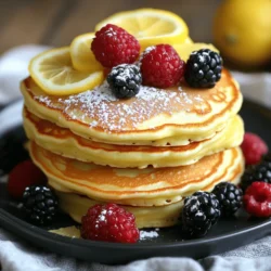 - 1 cup ricotta cheese - 1 cup all-purpose flour - 1/2 cup milk - 2 large eggs The main ingredients for these pancakes are simple yet key. The ricotta cheese adds creaminess and flavor. All-purpose flour creates a nice structure. Milk keeps the batter smooth, while eggs help bind everything together. - Zest of 1 lemon - 1 tablespoon lemon juice - 2 tablespoons sugar Zest and juice from the lemon bring bright flavors. The zest gives you aromatic oils, while the juice adds tartness. Sugar balances the flavors and enhances sweetness, making the pancakes delightful. - 1 teaspoon baking powder - 1/2 teaspoon baking soda - 1/4 teaspoon salt Baking powder and baking soda work together to make the pancakes fluffy. They produce gas bubbles that rise the batter. A pinch of salt sharpens the flavors, making every bite taste better. - Butter or oil for cooking Butter or oil is crucial for cooking these pancakes. It helps prevent sticking and adds flavor. I prefer using butter for its rich taste, but oil works great too. For the full recipe, check the detailed instructions to create these fluffy delights! First, grab a large mixing bowl. Beat the eggs until they are frothy. Next, add the ricotta cheese, milk, lemon juice, and lemon zest. Whisk these ingredients together until they blend well. In another bowl, combine the flour, sugar, baking powder, baking soda, and salt. Mix these dry ingredients well to spread the flavors evenly. Now it's time to mix the dry ingredients with the ricotta mixture. Pour the dry mix into the wet mix gradually. Stir gently until they just come together. It's okay if some lumps remain; overmixing can make the pancakes tough. Heat a non-stick skillet or griddle over medium heat. Lightly grease the surface with butter or oil. Pour 1/4 cup of batter onto the skillet for each pancake. Cook for about 2-3 minutes. Look for bubbles forming on the surface and edges that look set. Flip the pancakes and cook for another 2-3 minutes until they turn golden brown. Once cooked, transfer the pancakes to a plate. Keep them warm while you finish the rest. Stack the pancakes and dust with powdered sugar. For a colorful touch, add lemon slices and fresh berries. This makes for a beautiful presentation. Enjoy your fluffy and delicious Lemon Ricotta Pancakes! For the Full Recipe, check the recipe section above. To make your lemon ricotta pancakes fluffy, start with room temperature ingredients. Cold ingredients can lead to dense pancakes. Let your eggs and ricotta sit out for about 30 minutes before mixing. This small step makes a big difference. Next, use the right cooking temperature. Heat your skillet over medium heat. If it is too hot, pancakes will burn outside and remain raw inside. A perfect medium heat allows even cooking. One common mistake is overmixing the batter. When you mix too much, gluten forms, and pancakes can become tough. Mix until just combined. It’s okay if you see some lumps. Another mistake is skipping the resting time. Let the batter rest for about 10 minutes. This allows the flour to hydrate and helps the pancakes rise better. You can enhance the flavor by adding vanilla extract or spices. A teaspoon of vanilla gives a warm, sweet note. You can also try a pinch of cinnamon for depth. For toppings, fresh berries work well. Strawberries, blueberries, or raspberries add sweetness and color. You can also drizzle maple syrup or honey for extra flavor. For a fun twist, try a dollop of whipped cream on top. If you want the full recipe, you can find it in the recipe section. Enjoy your cooking! {{image_2}} To make gluten-free lemon ricotta pancakes, swap all-purpose flour for a gluten-free blend. Many blends work well, like almond or oat flour. Just ensure they have a binding agent, like xanthan gum. This will help keep the pancakes light and fluffy. You might also consider using coconut flour, but remember it absorbs more liquid, so adjust the milk accordingly. For a vegan twist, you can replace ricotta cheese with silken tofu blended until smooth. Use plant-based milk, like almond or oat milk, instead of regular milk. Instead of eggs, try using ground flax seeds. Mix one tablespoon of flax seeds with three tablespoons of water and let it sit for five minutes to thicken. This will act as a great egg substitute. Cook the pancakes on low heat to avoid burning them. You can boost flavor by adding fruits or nuts. Blueberries or chopped bananas mix well in the batter. For a crunchy texture, add walnuts or pecans. You can also change the zest to match the season. In winter, try orange zest, while in summer, fresh berries can be a bright touch. This adds new layers of taste and keeps your pancakes exciting. To keep your leftover pancakes fresh, place them in an airtight container. This helps prevent them from drying out. You can store them in the fridge for up to three days. If you want to enjoy them later, freezing is the best option. To freeze pancakes, let them cool fully. Then, stack them with parchment paper in between. This way, they won't stick together. Wrap the stack tightly in plastic wrap, then place it in a freezer bag. Store them in the freezer for up to two months. When you are ready to eat them, take out as many as you need. Reheat them in the toaster, or microwave for about 30 seconds. If you want the best texture, use a skillet over low heat. This keeps them fluffy and warm. Enjoy your pancakes anytime! Yes, you can make Lemon Ricotta Pancakes ahead of time. To do this, cook the pancakes and let them cool. Then, stack them with parchment paper in between to prevent sticking. Place them in an airtight container and store them in the fridge. They will stay fresh for about 3 days. When you’re ready to eat, reheat them in a toaster or microwave. This method keeps them fluffy and tasty. To check if your pancakes are cooked, look for bubbles forming on the surface. This means they're ready to flip. After flipping, cook until they turn golden brown. The edges should also look set. If the pancake feels firm to the touch, it's done. You can also use a toothpick; if it comes out clean, the pancakes are ready to enjoy. You can serve these pancakes with many delicious sides and toppings. Here are some ideas: - Fresh berries like strawberries, blueberries, or raspberries - A sprinkle of powdered sugar - Maple syrup or honey - Whipped cream for extra indulgence - Slices of lemon for a tangy touch You can find the Full Recipe for Lemon Ricotta Pancakes on our site. The recipe provides detailed steps and tips to help you make these fluffy pancakes perfectly. Lemon Ricotta Pancakes are simple and tasty. We explored the ingredients needed, from ricotta to leavening agents. I shared step-by-step instructions for perfect pancakes, with tips on flavor and common mistakes to avoid. You can store extra pancakes easily or make freezer-friendly batches. With variations for diets and flavors, there's something for everyone. Enjoy making these pancakes for breakfast or brunch. They are sure to impress your friends and family!