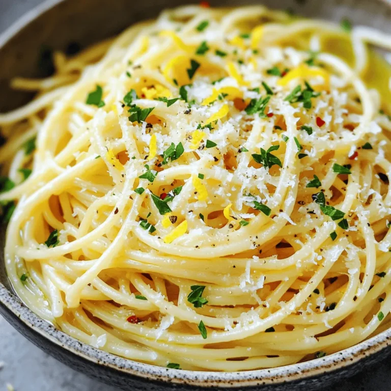 - 300g spaghetti or fettuccine - 3 tablespoons olive oil - 4 cloves garlic, minced - 1 cup heavy cream - 1 lemon (zest and juice) - 1/2 cup grated Parmesan cheese - Salt and pepper to taste - Fresh parsley, chopped (for garnish) - Red pepper flakes (optional, for a kick) - Additional herbs (such as basil or thyme) In this dish, you will find simple yet tasty ingredients. The pasta is the base. Spaghetti or fettuccine works best. I love using olive oil for its rich flavor. Garlic brings a nice aroma and taste. Heavy cream adds that creamy touch we all crave. Next, the lemon zest and juice give the dish a bright flavor. Parmesan cheese adds a salty richness. Don't forget salt and pepper to boost the taste. Fresh parsley makes a lovely garnish. You can change it up with red pepper flakes for heat. Other herbs like basil or thyme can add more flavor. This mix of ingredients makes a perfect weeknight meal. If you want the full recipe, it's just one click away! - Bring a large pot of salted water to a boil. - Cook pasta according to package instructions until al dente. Cooking pasta is simple. Start by boiling water. The salt adds flavor to the pasta. Once the water bubbles, add the pasta. Stir it gently to prevent sticking. Check the package for timing. Al dente means the pasta is firm but not hard. When it's done, reserve one cup of the water. This water will help with the sauce later. - Heat olive oil in a skillet over medium heat. - Sauté minced garlic until fragrant. - Add heavy cream and let simmer. Next, you’ll make the sauce. Heat olive oil in a large skillet. Use medium heat so the oil doesn't smoke. Add minced garlic and sauté for one to two minutes. The garlic should smell good, but don’t let it brown. Then, pour in the heavy cream. Stir it well and let it simmer for two to three minutes. This helps the flavors blend. - Incorporate lemon zest and juice into the sauce. - Stir in grated Parmesan cheese for creaminess. - Adjust sauce thickness with reserved pasta water. Now, it’s time to mix everything. Add lemon zest and juice to the sauce. This gives the dish a bright flavor. Next, stir in the grated Parmesan cheese. This makes the sauce rich and creamy. If the sauce feels too thick, add a splash of reserved pasta water. It helps to reach the perfect consistency. Finally, add the cooked pasta to the skillet. Toss it well in the sauce so every piece is coated. Season with salt and pepper to taste. For a kick, sprinkle in red pepper flakes if you like. You can find all these steps in detail in the Full Recipe. Enjoy your cooking! To prevent garlic from burning, always cook it on medium heat. Garlic cooks fast, so stay alert! Saute it until just fragrant, about 1-2 minutes. If it turns brown, it will taste bitter. For the right sauce thickness, start with heavy cream. Let it simmer on low heat for a few minutes. If it gets too thick, add a bit of the reserved pasta water. This helps create a smooth and creamy sauce. For an appealing dish, use shallow bowls. This allows the pasta to shine! Drizzle some olive oil on top and sprinkle fresh parsley and Parmesan cheese. It makes the dish look fancy. Pair this pasta with a simple salad or garlic bread. A light salad with lemon vinaigrette works well. You can also serve it with grilled vegetables for extra flavor. Use a large pot for boiling pasta. A deep skillet is perfect for making the sauce. A wooden spoon helps mix everything well. For pasta, spaghetti or fettuccine works best. Choose your favorite or whatever you have on hand. The key is to cook it to al dente for the best texture. For the [Full Recipe], refer to the steps above for a delicious meal. Happy cooking! {{image_2}} You can easily swap pasta types. Try whole wheat or gluten-free pasta. Both work well in this dish. They add different tastes and textures. For a dairy-free option, use coconut cream or cashew cream. These will mimic the rich creaminess of heavy cream. Nutritional yeast can replace Parmesan cheese for a cheesy flavor. Want to add some protein? Cooked chicken or shrimp makes a great addition. Just toss them in with the pasta for a hearty meal. You can also mix in seasonal veggies. Spinach or cherry tomatoes brighten the dish. They add color and nutrition, making your meal more vibrant. Love spice? Adjust the heat by using different peppers. Jalapeños add a fresh kick, while crushed red pepper gives warmth. Herbs can change the flavor too. Basil or thyme adds depth to the creamy sauce. Feel free to experiment and find your favorite mix! For more guidance, check the Full Recipe for ideas and tips. To store leftover creamy lemon garlic pasta, wait for it to cool. Place it in an airtight container. Glass or plastic containers work well. Make sure to seal the lid tightly. This helps keep the pasta fresh and tasty. To reheat your pasta, you can use two methods. The stovetop method is best for keeping the creaminess. Add a splash of water or cream to the skillet. Heat it on low and stir gently. For the microwave, place the pasta in a bowl. Cover it with a damp paper towel. Heat in short bursts, stirring in between. This way, the pasta warms evenly without drying out. Creamy lemon garlic pasta lasts in the fridge for about three days. Keep an eye on it. Check for signs of spoilage, like an off smell or mold. If you see any changes, it's best to throw it out. Enjoy your leftovers while they are still fresh! What can I substitute for heavy cream in Creamy Lemon Garlic Pasta? You can use whole milk mixed with a bit of butter. This will give you a creamier texture. Another option is coconut milk for a dairy-free choice. It adds a nice flavor too. Can I make this dish vegan? Yes, you can make it vegan! Use coconut cream or cashew cream instead of heavy cream. Replace Parmesan with nutritional yeast or vegan cheese. This keeps the dish creamy and tasty. Should I rinse pasta after cooking? No, do not rinse your pasta. Rinsing removes the starch that helps the sauce stick. Just drain it and add it to your sauce right away. How do I know when spaghetti is al dente? Spaghetti is al dente when it's firm but not hard. You should bite into it and feel a slight chew. The package usually gives a cooking time, but taste testing is the best way. How can I make it spicier? Add red pepper flakes to the sauce. You can also use fresh chili peppers or a dash of hot sauce. Adjust to your taste for the perfect kick! Can I freeze Creamy Lemon Garlic Pasta? Yes, you can freeze it! Just cool it down first. Store it in airtight containers. Reheat it on the stove, adding a bit of water to bring back creaminess. Creamy Lemon Garlic Pasta is a bright and tasty dish. The lemon adds a nice zing, while garlic gives it depth. The creamy sauce makes every bite rich and smooth. This dish is quick and easy, perfect for busy weeknights. You can use spaghetti or fettuccine, but both work well. The heavy cream melts with the cheese to create a beautiful sauce. Fresh parsley adds a pop of color and flavor. For those who like heat, red pepper flakes can spice things up. For in-depth instructions and more tips, check the [Full Recipe](#). Enjoy making this dish, and I promise you will love the flavor! In this blog post, we explored how to make a delicious Creamy Lemon Garlic Pasta. You learned about key ingredients, cooking steps, and tips for the perfect sauce. We also covered variations, storage, and FAQs to enhance your dish. Whether you're a new cook or a seasoned chef, this recipe is a must-try. With fresh flavors and simple steps, you’ll please any crowd. Enjoy experimenting and make this dish your own!