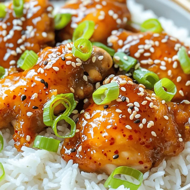 - 1.5 lbs chicken thighs, boneless and skinless, cut into bite-sized pieces - 1/4 cup cornstarch - 1 tablespoon vegetable oil - 2 cloves garlic, minced - 1 tablespoon ginger, minced - 1/4 cup soy sauce - 2 tablespoons gochujang (Korean chili paste) - 2 tablespoons honey or maple syrup - 1 tablespoon rice vinegar - 1 tablespoon sesame oil - 1 green onion, sliced - 1 tablespoon sesame seeds To create this sweet and spicy treat, gather all the ingredients listed above. The chicken thighs provide a juicy base, and the cornstarch helps achieve a crispy texture. The flavoring ingredients are key to building that exciting taste. Gochujang is spicy and sweet, adding depth to the dish. Honey or maple syrup balances the heat, while soy sauce adds umami. Garlic and ginger enhance the dish with fresh notes. For garnishing, sliced green onions and sesame seeds add a nice crunch and pop of color. This combination creates a beautiful and tasty dish. To make the complete dish, follow the directions in the Full Recipe. First, take 1.5 lbs of chicken thighs. Cut them into bite-sized pieces. In a large bowl, toss the chicken with 1/4 cup of cornstarch. This helps make the chicken crispy when cooked. Next, heat 1 tablespoon of vegetable oil in a skillet over medium-high heat. Once the oil is hot, add the chicken pieces in a single layer. Cook the chicken for 5 to 7 minutes, or until it turns golden brown and crispy. If needed, cook in batches to avoid crowding. Once done, remove the chicken and set it aside. In the same skillet, add 2 cloves of minced garlic and 1 tablespoon of minced ginger. Sauté these for about 1 minute until you smell their fragrance. Then, add the sauce ingredients: 1/4 cup of soy sauce, 2 tablespoons of gochujang, 2 tablespoons of honey, 1 tablespoon of rice vinegar, and 1 tablespoon of sesame oil. Stir it all together and let it simmer for 2 to 3 minutes until it thickens. Now, return the cooked chicken to the skillet. Toss the chicken with the sauce until it's well coated. Cook everything together for an additional 2 minutes to let the chicken soak up those tasty flavors. Finally, remove the skillet from heat. Garnish your dish with sliced green onions and sesame seeds. Serve your sweet and spicy Korean chicken over steamed rice or in lettuce wraps for a delightful meal. For more detailed instructions, check out the Full Recipe. To make your Sweet and Spicy Korean Chicken truly shine, you can adjust the spice level. If you want it spicier, add more gochujang. For less heat, use less. This allows you to customize it to your taste. For the perfect sweetness, honey or maple syrup works great. They balance the heat and add rich flavor. When cooking, avoid overcrowding the pan. If you add too much chicken at once, it will steam rather than fry. This can make the chicken soggy. To check if your chicken is done, use a meat thermometer. The internal temperature should reach 165°F. This ensures your chicken is safe to eat and juicy. For extra flavor, marinate the chicken in soy sauce and spices. This can be done for a few hours or even overnight. It helps the chicken absorb those rich flavors. Always use fresh ingredients when possible. Fresh garlic, ginger, and vegetables bring out the best taste in your dish. They make a big difference in the final result. For more details, check the Full Recipe. {{image_2}} You can easily switch the chicken for other proteins. If you want a plant-based option, use tofu. Just press and cut the tofu into pieces. For seafood lovers, shrimp works well too. Cook shrimp until pink, and it will soak up flavors nicely. For a vegetarian version, toss in assorted vegetables like bell peppers, carrots, or broccoli. They add color and crunch. Adjust the heat to fit your taste. If you want it milder, use less gochujang. You can also mix in some honey for extra sweetness. On the other hand, if you crave more heat, add red pepper flakes. Just a pinch can turn up the spice. Experimenting with these levels makes the dish your own. Switching up how you serve the dish can make it fun. Consider using lettuce wraps instead of rice. This lowers carbs and adds a crunchy texture. You can also pair it with different sides. Quinoa or noodles offer a tasty contrast. These options keep your meals fresh and exciting. For the full recipe, check the section above. When you finish your meal, let the chicken cool down. Then, place the leftovers in airtight containers. This helps keep the chicken fresh. You can store it in the fridge for up to 3 days. After that, the taste may change. To enjoy your leftovers, you can reheat them easily. Use a microwave or heat them on the stovetop. Make sure to warm them through completely. Adding a splash of water can help keep the chicken moist while reheating. This way, you won’t lose any of that delicious flavor. If you want to save some for later, freezing is a great option. You can freeze the chicken in portioned containers for up to 2 months. When you're ready to eat, thaw it overnight in the fridge. This keeps the chicken tasty and ready to enjoy again! You can use miso paste mixed with chili powder. This mix gives a nice, spicy flavor. Adjust the amounts to your taste. Yes! You can prepare the chicken and sauce ahead of time. Just combine them right before serving. This saves time and keeps the flavors fresh. To make it less spicy, reduce or remove the gochujang. You can also add more honey or maple syrup for sweetness. This balances the heat. No, you don’t need to deep fry the chicken. Pan-frying works well too. It gives the chicken a crispy texture without all that oil. This dish goes great with steamed rice, Korean kimchi, or stir-fried vegetables. They all add nice flavor and texture to your meal. This recipe for Sweet and Spicy Korean Chicken packs flavor with simple steps. You learned how to prep the chicken and make a rich sauce. I shared tips to customize spice levels and even substitute proteins. In summary, cooking this dish is fun and rewarding. With fresh ingredients, you can impress anyone. Enjoy the leftovers or try different side dishes. Happy cooking!