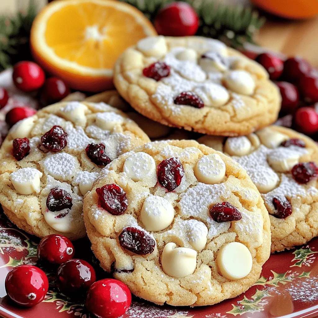 To make the perfect white chocolate cranberry cookies, you need the right ingredients. Here’s what you will need: - 1 cup unsalted butter, softened - 1 cup brown sugar, packed - 1/2 cup granulated sugar - 2 large eggs - 1 teaspoon vanilla extract - 2 1/4 cups all-purpose flour - 1 teaspoon baking soda - 1/2 teaspoon salt - 1 cup white chocolate chips - 1 cup dried cranberries - 1/2 cup chopped pecans or walnuts (optional) - 1 teaspoon orange zest (for a citrusy twist) Each ingredient plays a key role. The butter lends richness, while sugars add sweetness. Eggs help bind everything. The flour gives structure, and baking soda helps the cookies rise. White chocolate chips melt beautifully and provide creaminess. Dried cranberries add a tart kick, balancing the sweetness of the white chocolate. For added crunch, you can throw in pecans or walnuts. The orange zest gives a fresh, bright flavor that lifts the whole cookie. I love using these ingredients to create a cozy treat. If you're curious about the full recipe, check out "Snowy Cranberry Dreams." Enjoy baking! - Preheat the oven to 350°F (175°C). - Line a baking sheet with parchment paper. Start by preparing your workspace. Preheating the oven ensures even baking. Parchment paper helps cookies not stick. It also makes for easy cleanup. - Cream together the butter and sugars. - Beat in eggs and vanilla extract. In a large bowl, mix the softened butter with both sugars. Use a hand mixer or a whisk until it is smooth. Next, add two large eggs, one at a time. Mix well after each egg. Then, add vanilla extract for flavor. This step makes your cookies rich and tasty. - Whisk flour, baking soda, and salt. In another bowl, whisk together the flour, baking soda, and salt. This helps evenly distribute the baking soda. It’s important for the cookies to rise and not taste salty. - Gradually combine wet and dry ingredients. - Fold in white chocolate and cranberries. Now, slowly add the dry mix to the wet mix. Stir until just combined; don’t over-mix. Finally, fold in the white chocolate chips and dried cranberries. This creates a beautiful mix of flavors and textures. - Scoop cookie dough onto the baking sheet. - Bake for 10-12 minutes. Use a cookie scoop or spoon to place dough balls on the sheet. Leave enough space between each one. Bake in your preheated oven for 10-12 minutes. Look for golden edges while the center stays soft. Let them cool a bit before moving them to a wire rack. For the full recipe, check out "Snowy Cranberry Dreams." Enjoy these wonderful treats! To get soft centers in your cookies, bake them just until the edges are golden. The centers will look soft but will firm up as they cool. This is key for the ideal bite. Avoid over-mixing the dough. Mix until just combined after adding dry ingredients. Over-mixing will make the cookies tough, losing that soft, chewy texture. To elevate the flavor, try adding spices like cinnamon or nutmeg. These warm spices bring a cozy touch to your cookies. Just a pinch can make a big difference. Incorporate citrus zest, like orange zest, for a refreshing twist. The zest brightens the cookie's flavor and pairs well with the sweetness of white chocolate and tart cranberries. When serving, arrange the cookies on a festive plate. A colorful plate makes the cookies pop and feel special. Dust with powdered sugar for a snowy effect that enhances the holiday vibe. For extra flair, garnish with fresh cranberries or orange slices. This adds color and makes your cookies look even more inviting. {{image_2}} You can switch out butter for coconut oil. Coconut oil adds a hint of flavor and makes cookies soft. If you want a vegan option for eggs, try using flaxseed meal. Mix one tablespoon of flaxseed meal with three tablespoons of water. Let it sit for five minutes to thicken. This simple swap works great in cookies. You can change the chocolate too! Dark chocolate or milk chocolate chips add a different taste. If you prefer something fruity, try using dried cherries or apricots. These fruits give the cookies a unique twist and pair well with white chocolate. When it comes to nuts, you have choices! You can use chopped pecans or walnuts in your cookies. If you want a nut-free cookie, just leave them out. This keeps the cookies light and focuses on the sweet and tart flavors of the cranberries and white chocolate. For the full recipe, check out "Snowy Cranberry Dreams." To keep your white chocolate cranberry cookies fresh, store them in an airtight container. This helps lock in moisture and flavor. If you stack cookies, place parchment paper between layers. This prevents them from sticking together. Make sure to keep them at room temperature, away from heat and sunlight. You can freeze cookie dough for later use. First, scoop the dough into balls and place them on a baking sheet. Freeze them for about an hour until firm. Then, transfer the frozen balls to a freezer-safe bag. When you're ready to bake, take them out and thaw in the fridge overnight. Bake them straight from the fridge, adding a minute or two to the bake time. At room temperature, these cookies stay fresh for about five days. Look for signs that they have gone stale, like a dry texture or loss of flavor. If they feel hard or crumbly, it’s time to toss them. For the best taste, enjoy them while they are still soft and chewy! Yes, you can substitute eggs with applesauce or mashed banana. Use 1/4 cup of applesauce for each egg. This keeps the cookies moist. You can also try using flaxseed meal. Mix 1 tablespoon of flaxseed with 2.5 tablespoons of water and let it sit for 5 minutes. This mix will act like one egg in recipes. To get chewier cookies, try these tips: - Use more brown sugar than white sugar. Brown sugar has more moisture. - Chill the dough for at least 30 minutes before baking. This helps the cookies stay thick. - Bake for a minute less than the time given. The cookies will firm up as they cool. Yes, you can use fresh cranberries. They will make the cookies tart. This can change the flavor and texture. Fresh cranberries also have more moisture. You may need to add a bit more flour to the dough to balance it out. These cookies have about 120 calories each. They contain 8 grams of sugar and 7 grams of fat. The fat mainly comes from butter and chocolate. If you want to lower calories, consider using less sugar or butter. You can find the Full Recipe for these cookies under "Snowy Cranberry Dreams" cookies. This recipe has all the steps you need to bake these tasty treats. These Snowy Cranberry Dreams cookies are a treat for any occasion. We reviewed the key ingredients and baking steps, focusing on achieving the perfect texture. With tips for flavor and storage, you can make these cookies last longer. Variations let you customize them to your taste. So, grab these ingredients and start baking. Enjoy the sweet and tangy mix that these cookies bring to your table!