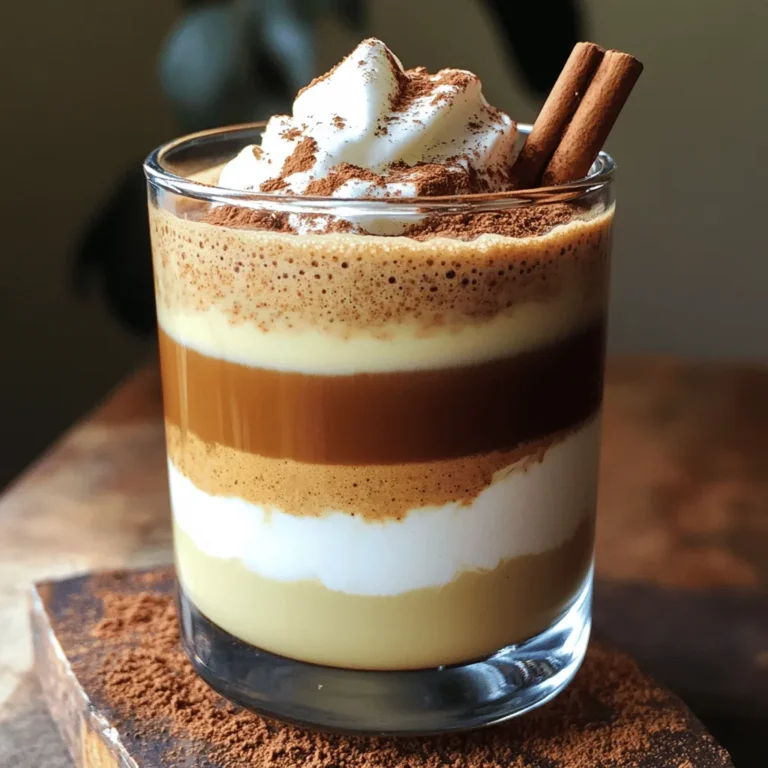 - 1 cup brewed chai tea (chai tea bags or loose leaf) - 1/2 cup milk (dairy or plant-based) - 1 shot of espresso (or 1/4 cup strong brewed coffee) The base of your Dirty Chai Latte is brewed chai tea. You can use either chai tea bags or loose leaf. This tea gives a warm, spicy flavor that blends well with coffee. Next, you need milk. You can choose dairy milk or plant-based milk, like almond or oat milk. This milk adds creaminess to your drink. The third key ingredient is espresso or strong brewed coffee. This gives your Dirty Chai Latte a nice kick. If you don’t have an espresso machine, strong coffee works just fine. - 1 tablespoon honey or maple syrup (to taste) - 1/2 teaspoon ground cinnamon - 1/4 teaspoon ground ginger - 1/4 teaspoon ground cardamom - Pinch of black pepper - Whipped cream (optional, for topping) - A sprinkle of cocoa powder or extra cinnamon (for garnish) To sweeten, you can use honey or maple syrup. This adds just the right amount of sweetness to balance the spices. Speaking of spices, ground cinnamon, ginger, cardamom, and a pinch of black pepper enhance the flavor. Each spice plays a role in creating that warm and cozy taste. For a special touch, you can top your latte with whipped cream. A sprinkle of cocoa powder or extra cinnamon makes it look great, too. For the full recipe, check out the complete details to make this delicious drink. To start, brew your chai tea. You can use chai tea bags or loose leaf. If using loose leaf, steep 2 tablespoons in boiling water for about 5-7 minutes. This lets the spices fill your drink with flavor. If you use tea bags, follow the package's instructions. Next, make your espresso or strong coffee. Use an espresso machine for the best results. If you don’t have one, brew a strong coffee using your preferred method. Aim for 1 shot of espresso or 1/4 cup of strong coffee to mix with the chai. Now, let’s froth the milk. You can heat 1/2 cup of milk in a small saucepan over medium heat. Be careful not to let it boil. Once it’s warm, use a milk frother for a rich foam. If you don’t have a frother, you can whisk the milk vigorously. This adds a nice texture to your drink. Now we combine everything! In a large mug, pour in your brewed chai and the espresso. Stir in 1 tablespoon of honey or maple syrup, along with 1/2 teaspoon of ground cinnamon, 1/4 teaspoon of ground ginger, 1/4 teaspoon of ground cardamom, and a pinch of black pepper. Mix well to blend all those warm flavors. Next, top your chai and espresso with the frothed milk. Pour it gently to create a lovely layered effect. For a finishing touch, you can add whipped cream on top. A sprinkle of cocoa powder or extra cinnamon makes it look even better. This step-by-step guide helps you create a tasty Dirty Chai Latte at home! Check out the Full Recipe for more details. To create the best Dirty Chai Latte, start with good chai tea. I recommend brands like Tazo, Twinings, or Stash. They offer quality flavors that blend well with coffee. If you want to mix it up, consider coffee alternatives. Try using cold brew or even a dark roast coffee. Each option adds a unique twist to your drink. Presentation matters! Serve your Dirty Chai Latte in a clear glass. This way, everyone can see the lovely layers of chai, espresso, and milk. For garnish, sprinkle some cinnamon or cocoa powder on top. Adding a cinnamon stick not only looks great, it also adds more flavor. Enjoy your delicious creation! {{image_2}} If you want a dairy-free Dirty Chai Latte, you have great options. Use almond milk, oat milk, or coconut milk as substitutes. Each gives a unique taste and texture. Almond milk adds a nutty flavor. Oat milk is creamy and sweet. Coconut milk brings a tropical twist. Choose the one you like best for your drink. Spice it up! You can add more flavors to your Dirty Chai Latte. Try adding a pinch of nutmeg or cloves for warmth. Cardamom is also great if you want a deeper taste. For sweetness, use agave syrup or stevia. Both are good alternatives to honey or maple syrup. These options help you craft your perfect cup. Want a refreshing drink? Try making an iced Dirty Chai Latte! Start by brewing your chai tea and coffee as usual. Let them cool. Fill a tall glass with ice. Pour in the cooled chai and coffee mixture. Next, add your choice of milk. Stir well to combine. If you like, top it with whipped cream and a sprinkle of cinnamon. Enjoy this chilled treat on a hot day! For the full recipe, check out the details shared above. To store leftover chai tea, let it cool first. Pour it into an airtight container. Keep it in the fridge for up to three days. For milk, store it in its original container. Always check the date on the label. If you have leftovers of the milk used in your latte, use it within a week. When you reheat your chai latte, do it gently. Use a saucepan over low heat. Stir often to keep it smooth. Avoid boiling, as this can change the taste. If you have frothed milk, reheat it separately. A quick froth after reheating brings back its lovely texture. Chai tea bags last about six months if stored well. Loose leaf tea may last up to a year. Milk usually lasts about a week past its sell-by date if kept cold. Ground spices like cinnamon and cardamom are good for about two to three years. Always smell and taste your spices to check freshness. A Dirty Chai Latte is a mix of spiced chai tea and espresso. It adds a rich coffee kick to the sweet and spicy flavors of chai. Regular chai only has tea, spices, and milk. The espresso makes it stronger and more energizing. Yes, you can make a Dirty Chai Latte without espresso! You can use strong brewed coffee instead. Just brew about a 1/4 cup of your favorite coffee. You can also try other options like cold brew or a coffee concentrate for a different taste. Yes, you can make a Dirty Chai Latte vegan-friendly! Just use plant-based milk like almond, soy, or oat. You can also swap honey for maple syrup or agave to keep it vegan. This way, everyone can enjoy this drink. In this guide, we explored how to make a delicious Dirty Chai Latte. We covered essential ingredients like brewed chai tea, milk, and espresso. I shared step-by-step instructions for brewing, frothing, and combining the key components. Plus, we discussed tips for perfecting your drink and explored tasty variations. Overall, this drink offers a cozy blend of spice and caffeine that's easy to adapt. Enjoy experimenting with flavors and find the perfect cup that suits your taste!