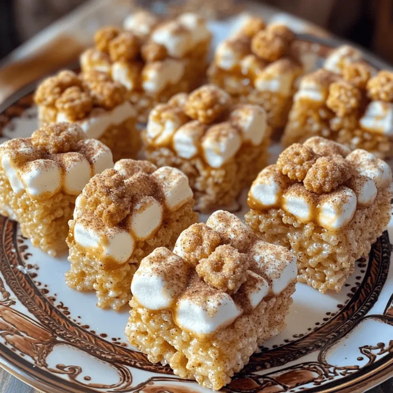 To make churro marshmallow treats, gather these simple ingredients: - 2 cups crispy rice cereal - 1 cup mini marshmallows - 1/4 cup unsalted butter - 1/2 cup granulated sugar - 1 tablespoon ground cinnamon - 1 cup churro bites (store-bought or homemade) - 1/4 cup chocolate chips (optional for drizzling) Accurate measurements matter for a great treat. Use dry measuring cups for the rice cereal and sugar. For the butter, use a liquid measuring cup. Always level off the sugar and cinnamon for best results. When measuring marshmallows, pack them lightly into the cup. This helps you get just the right amount. You can change some ingredients if needed. For a dairy-free version, use coconut oil instead of butter. If you don’t have churro bites, try using graham crackers or cookie pieces for crunch. For a gluten-free option, check that your rice cereal is certified gluten-free. You can also skip chocolate chips if you want a lighter treat. First, let’s make the churro coating. Grab a small bowl. Add 1/2 cup of granulated sugar and 1 tablespoon of ground cinnamon. Mix them well. Set this bowl aside. This cinnamon sugar mix will give your treats that sweet churro flavor. Next, take a large saucepan. Heat it over medium heat. Add 1/4 cup of unsalted butter. Wait until it melts completely. Then, stir in 1 cup of mini marshmallows. Keep mixing until they melt into a smooth mixture. This step takes about 3-5 minutes. Once the marshmallows are smooth, remove the pan from the heat. Add 2 cups of crispy rice cereal into the melted marshmallow. Stir carefully to coat all the cereal. Then, gently fold in 1 cup of churro bites. Make sure they spread evenly throughout the mixture. Now, it’s time to form the treats. Take a greased spatula or your hands. Press the mixture into a greased 9x9 inch baking dish. Make the top as even as you can. This helps when cutting them later. Once pressed down, sprinkle the cinnamon-sugar mix generously on top. If you want to add a chocolate drizzle, take 1/4 cup of chocolate chips. Melt them in a microwave-safe bowl. Heat in 30-second intervals, stirring in between. Once melted, drizzle the chocolate over the cut treats. This adds a yummy touch! For the complete guide, check out the [Full Recipe]. Enjoy making these delicious churro marshmallow treats! To get the best texture, you need to melt the butter and marshmallows slowly. Use medium heat and stir non-stop. If you rush, the marshmallows may clump. Once melted, add the cereal right away. This ensures even coating, making the treats chewy and crispy. Keep your churro marshmallow treats in an airtight container. This helps keep them soft and fresh. If you store them in a cool place, they will stay good for up to a week. If you live in a humid area, use wax paper between layers to prevent sticking. These treats look great on a fun plate. You can sprinkle extra cinnamon-sugar on top for a nice touch. For a treat upgrade, serve them with chocolate sauce or caramel for dipping. This adds a tasty twist that everyone will love. If you're feeling fancy, drizzle melted chocolate over the top for extra flavor. Try this recipe for a delicious snack! [Full Recipe] {{image_2}} You can make churro marshmallow treats even more delicious by adding Nutella or peanut butter. Just mix in about 1/2 cup of either spread while the marshmallows melt. This gives a rich flavor and creamy texture. You can swirl it in for a fun look or mix it fully for a smooth finish. Feel free to switch up the cereal! Instead of crispy rice cereal, try using cornflakes, puffed wheat, or even cinnamon toast crunch. Each choice brings a unique flavor and crunch. Just make sure to keep the same amount, so your treats hold together. For a gluten-free version, choose gluten-free crispy rice cereal and check the marshmallows. Most are gluten-free, but it’s good to double-check. To make it dairy-free, use dairy-free butter and chocolate chips. These swaps keep the treats tasty for everyone. For the full recipe, check out the instructions above. You’ll love these variations! To keep your churro marshmallow treats fresh, store them in an airtight container. Place a piece of wax paper between layers to prevent sticking. This will help maintain their soft texture and delicious flavor. If you want to freeze these treats, cut them into squares first. Wrap each piece in plastic wrap. Then, place them in a freezer-safe bag or container. They can last up to three months in the freezer. To eat, just let them thaw at room temperature. These treats can stay fresh for about a week at room temperature. To enjoy them longer, check for any signs of dryness or hardening. If you notice this, heat them in the microwave for a few seconds. This will help restore their soft, chewy texture. Yes, you can make churro marshmallow treats ahead of time. They hold up well for about three days when stored properly. Just keep them in an airtight container at room temperature. This makes them great for busy days or last-minute snacks. If you want a different flavor, use graham crackers or cereal bits instead of churro bites. Both options add a nice crunch and work well with the marshmallow and cereal mix. You can even try cookie pieces for a sweet twist. If your treats turn hard or dry, try adding a splash of water or butter. Heat them gently in the microwave for about 10 seconds. This will help soften them. For next time, be sure not to overmix or over-bake. Absolutely! These churro marshmallow treats are perfect for parties. They are fun, easy to eat, and loved by kids and adults alike. You can cut them into small squares for easy serving. They also look great on a party table! In this article, I covered the key ingredients and how to make delicious churro marshmallow treats. You learned about measurements, substitutions, and step-by-step instructions. I shared tips for perfect texture, storage, and serving, plus fun variations. These treats are easy and fun to make for any occasion. With this guide, you can whip up a tasty dessert that everyone will enjoy. Happy cooking!