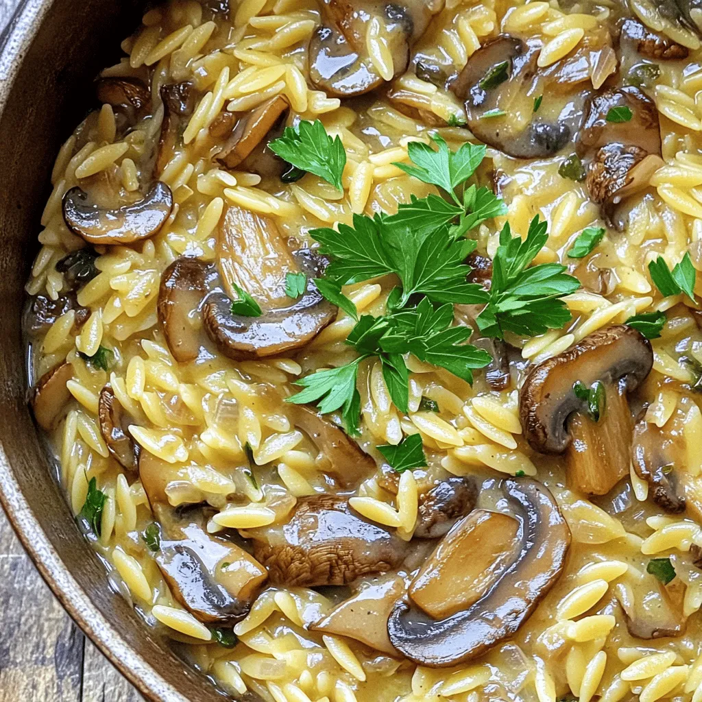 To make this creamy dish, gather these items: - 1 cup orzo pasta - 2 tablespoons olive oil - 1 medium onion, finely chopped - 3 cloves garlic, minced - 8 oz (about 225g) cremini mushrooms, sliced - 4 cups vegetable broth - 1 teaspoon dried thyme - 1 teaspoon dried basil - ½ cup heavy cream - ¼ cup grated Parmesan cheese (or nutritional yeast for vegan) - Salt and pepper to taste - Fresh parsley, chopped (for garnish) When buying mushrooms, look for smooth and firm caps. Avoid any with dark spots or wrinkles. For onions, choose ones that feel heavy for their size. The skin should be dry and papery. Fresh garlic should be firm and off-white. It should not have green sprouts. Use vegetable broth that is low-sodium for better control over salt levels. If you want a dairy-free version, swap the heavy cream for coconut cream. Nutritional yeast can replace Parmesan for a cheesy flavor. For gluten-free needs, use gluten-free orzo or another small gluten-free pasta. If you prefer a protein boost, add cooked chicken or tofu. This makes the dish heartier and even more satisfying. To start your One Pot Creamy Mushroom Orzo, gather all your ingredients first. This saves time and keeps things neat. Measure out 1 cup of orzo pasta and set it aside. Chop one medium onion finely and mince three cloves of garlic. Slice about 8 ounces of cremini mushrooms. Heat 2 tablespoons of olive oil in a large pot over medium heat. Add the chopped onion and sauté it for 3-4 minutes until it turns clear. Next, stir in the garlic and mushrooms. Cook them for 5-6 minutes until the mushrooms soften and brown. Now, add the orzo to the pot and mix it with the onions and mushrooms. The key to creaminess lies in adding the right ingredients at the right time. After mixing in the orzo, pour in 4 cups of vegetable broth. This broth adds depth and flavor. Then, sprinkle in 1 teaspoon each of dried thyme and basil. Bring the pot to a boil, then lower the heat. Cover the pot and let it simmer for 10-12 minutes. Stir it occasionally to keep the orzo from sticking. Once the orzo is tender, remove the pot from the heat. Now, stir in ½ cup of heavy cream and ¼ cup of grated Parmesan cheese. This combination gives your dish a rich, creamy texture. Cooking times can vary with different stove types. If you have a gas stove, it often heats up faster than an electric one. Check the orzo a few minutes early if you are using gas. If your stove runs hot, reduce the heat a bit sooner. If it is electric, you may need a minute or two longer. Always look for the orzo to be tender and most of the broth absorbed. If it seems too thick at the end, just add a splash of broth. Your One Pot Creamy Mushroom Orzo will be a delightful meal! For the full recipe, check the detailed instructions above. To make your One Pot Creamy Mushroom Orzo wonderfully creamy, use heavy cream. This adds richness and smoothness. Stir the cream in gently after cooking the orzo. If it’s too thick, add a splash of vegetable broth. This keeps the dish moist and easy to scoop. You can also try using a dairy-free cream for a lighter option. To elevate the flavor, add fresh herbs like thyme or basil. You can also sprinkle some smoked paprika for a nice kick. Taste as you go, and adjust salt and pepper to your liking. A squeeze of lemon juice at the end brightens the dish. For a savory touch, try adding a splash of soy sauce or Worcestershire sauce. Prep your ingredients before cooking. Chop the onion and garlic in advance. Slice the mushrooms and measure out your orzo and broth. This speeds up your cooking time. You can also cook the orzo in advance. Just store it in the fridge until you're ready to mix it with the sauce. This way, you can enjoy your meal even faster. For the full recipe, check out the details above! {{image_2}} You can easily make One Pot Creamy Mushroom Orzo vegetarian or vegan. For a vegetarian dish, just use heavy cream and Parmesan cheese. If you want it vegan, swap heavy cream for coconut milk or cashew cream. Instead of Parmesan, use nutritional yeast for a cheesy taste. This keeps the dish rich and creamy while sticking to your diet. Adding protein makes this dish even better. You can use cooked chicken or tofu. If you choose chicken, sear it in the pot before adding the veggies. For tofu, sauté it until golden brown before mixing it with mushrooms and onions. Both options boost flavor and keep you full. You can change the taste by adding different herbs and spices. Try sage for an earthy flavor or red pepper flakes for heat. Fresh herbs like thyme or parsley brighten the dish. You can also add a splash of lemon juice for a zesty kick. Feel free to mix and match until you find your favorite flavor combo. For a detailed recipe, check out the Full Recipe. You can store One Pot Creamy Mushroom Orzo in an airtight container. Make sure it cools down first. This helps keep it fresh. If you want, divide it into smaller portions. This makes it easy to grab later. When reheating, use a pot on low heat. Add a splash of vegetable broth to keep it creamy. Stir often to warm it evenly. You can also use a microwave. Heat in short bursts, stirring in between. The dish lasts about 3 to 4 days in the fridge. Make sure to check for any off smells before eating. If you freeze it, it can last up to 2 months. Just thaw it overnight in the fridge before reheating. Enjoy your meal even later! Yes, you can use other types of pasta. Small shapes like ditalini or quinoa pasta work well. They will cook differently, so check the package for cook times. Adjust the broth amount based on the pasta you choose. One Pot Creamy Mushroom Orzo pairs well with a simple salad or roasted veggies. You can also serve it with crusty bread for a delightful meal. Adding grilled chicken or shrimp can turn it into a heartier dish. To make this dish gluten-free, choose gluten-free orzo or other gluten-free pasta. Check labels for any hidden gluten in broth and cheese. You can use nutritional yeast instead of Parmesan for a vegan option. Yes, you can prepare One Pot Creamy Mushroom Orzo ahead of time. Cook it and let it cool, then store it in the fridge. To serve, reheat on low heat. Add a splash of broth or cream to keep it creamy. For the Full Recipe, check the main article. This blog post covered all you need for One Pot Creamy Mushroom Orzo. We discussed ingredients, cooking steps, and tips for great flavor. I shared ways to adapt for special diets and the best ways to store leftovers. Now, you're ready to make a creamy dish that satisfies. Trust the process and enjoy these simple steps. A delicious meal is within reach!