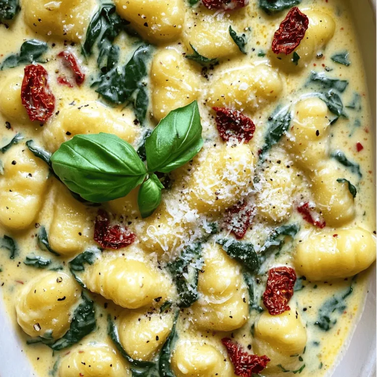 - 1 pound potato gnocchi - 1 cup sun-dried tomatoes, chopped - 1 cup heavy cream These three ingredients form the heart of this dish. The potato gnocchi provides a soft and pillowy base. Sun-dried tomatoes offer a burst of flavor and a hint of sweetness. The heavy cream brings richness and a creamy texture that ties everything together perfectly. - 1 cup spinach, fresh - 1/2 cup grated Parmesan cheese - Fresh basil leaves for garnish These optional ingredients can elevate your dish. Fresh spinach adds color and nutrients. Grated Parmesan gives a salty kick that enhances the creaminess. Basil leaves not only look pretty but also add a fresh aroma. - 3 cloves garlic, minced - 2 tablespoons olive oil - 1 teaspoon dried basil - Salt and pepper to taste These pantry staples are key for flavor. Garlic adds a savory depth, while olive oil provides a smooth base for sautéing. Dried basil complements the sun-dried tomatoes and brings warmth. Salt and pepper balance the flavors, ensuring your dish shines. For the full recipe and detailed steps, check out the [Full Recipe]. First, grab a large skillet and heat the olive oil over medium heat. Add the minced garlic. Sauté it for about 1-2 minutes until it becomes fragrant. This step brings out the garlic's rich flavors. Next, stir in the chopped sun-dried tomatoes. Cook them for another 2-3 minutes. You want them to soften and release their delicious taste. Now it's time to create that luscious creamy sauce. Pour in the heavy cream and stir well to combine. Bring this mixture to a gentle simmer. It should bubble lightly, not boil hard. Add the dried basil, salt, and pepper to taste. Stir again, making sure the seasonings mix well. This is where the magic happens, and the sauce starts to thicken. While the sauce simmers, bring a pot of salted water to a boil. Drop in the gnocchi and cook them according to the package instructions. They will be ready when they float to the surface, usually in about 2-3 minutes. Once cooked, drain the gnocchi and add them directly to the skillet with your creamy sun-dried tomato sauce. Gently fold in the fresh spinach and grated Parmesan cheese. Let the spinach wilt and the cheese melt into the sauce. This should take about 2 minutes. Adjust the seasoning if needed, and if the sauce is too thick, add a little gnocchi cooking water. For the full recipe, feel free to check the details provided earlier. - Adjust seasoning to taste: Always taste your dish before serving. Add salt or pepper as needed. You want a balanced flavor that highlights the sun-dried tomatoes. - Tips for creaminess: To enhance creaminess, use heavy cream instead of milk. If you want it even richer, add more Parmesan cheese. If the sauce is thick, mix in some pasta water. - How to avoid overcooking gnocchi: Boil the gnocchi in salted water until they float. This usually takes about 2-3 minutes. Don’t leave them in too long or they can get mushy. - Best practices for sautéing garlic: Heat olive oil in a skillet on medium heat. Add minced garlic and stir. Cook for about 1-2 minutes. Watch closely; burnt garlic can ruin your dish. - Garnishing suggestions: Top your dish with fresh basil leaves and a sprinkle of Parmesan cheese. This adds color and flavor. You can also drizzle a bit of olive oil for extra shine. - Serving ideas for special occasions: Serve the gnocchi in warm bowls. Pair it with a light salad or crusty bread. This makes it feel fancy and complete, perfect for a dinner party. For the full recipe, check out [Full Recipe]. {{image_2}} You can make creamy sun dried tomato gnocchi even better by adding protein. Grilled chicken or shrimp works great. Simply cook the protein separately and toss it into the sauce at the end. This gives your dish a nice boost. You can also add bacon or sausage for a heartier option. Cook the bacon until crispy, then crumble it on top before serving. For sausage, brown it in the skillet first, then mix it with the creamy sauce. Both options add wonderful flavors. If you prefer a vegetarian dish, you can substitute the cream. Use plant-based cream or cashew cream. This keeps the dish rich without dairy. Adding more vegetables is also a great way to enhance the meal. Try bell peppers, zucchini, or mushrooms. Sauté them with the garlic and sun-dried tomatoes. This not only adds nutrition but also makes the dish more colorful and fun. To amp up the flavors, consider incorporating fresh herbs and spices. Thyme or oregano can add depth to the sauce. You can also sprinkle in some red pepper flakes for a kick. Experimenting with different cheese types can also change the dish. Try using goat cheese or feta for a tangy twist. Mixing cheeses can create a unique and tasty flavor profile, making every bite a new experience. To store leftovers of Creamy Sun Dried Tomato Gnocchi, let it cool first. Place it in an airtight container. This keeps the dish fresh for up to three days. When you are ready to eat, reheat it gently on the stove. Add a splash of cream or water to help restore creaminess. Stir often to avoid sticking. You can also use the microwave, but it may not heat evenly. Can you freeze creamy sauces? Yes, but they may change texture once thawed. It’s best to freeze the gnocchi separately from the sauce. To freeze, let both cool completely. Place them in freezer-safe bags or containers. Label with the date. When ready to eat, thaw overnight in the fridge. Reheat gently on the stove to warm through. For the best taste, consume the dish within three days when refrigerated. To maintain quality, store it properly. Look for signs of spoilage, such as off smells or changes in texture. If the gnocchi appears slimy or the sauce has separated, it’s best to discard it. Always trust your senses; if it doesn’t smell or look right, don’t eat it. Gnocchi is often made from potatoes, flour, and eggs. Some recipes use ricotta cheese instead of potatoes. You can find different types too, like sweet potato or spinach gnocchi. Each type offers a unique taste and texture. The classic potato gnocchi pairs well with sauces like creamy sun-dried tomato sauce. For the full recipe, check out the complete details above. To make fluffy gnocchi, use starchy potatoes. Avoid overworking the dough, as this can make it tough. Mix the ingredients just until combined. Roll the dough gently and cut it into small pieces. When boiling, cook gnocchi until they float to the top. This usually takes 2-3 minutes. Don’t let them sit too long in the water, or they can become soggy. Yes, you can make this recipe vegan! Replace the heavy cream with coconut milk or a plant-based cream. Use nutritional yeast instead of Parmesan cheese for a cheesy flavor. You can also skip the cheese altogether if you prefer. The gnocchi will still taste great with sun-dried tomatoes and fresh spinach. This blog post shared a delicious gnocchi recipe and tips. You learned about essential and optional ingredients, plus pantry staples. The step-by-step instructions helped break down cooking and preparing the sauce. Tips on perfecting the dish and variations showed how to customize it. Proper storage info ensures your leftovers stay fresh. Embrace creativity with the ingredient options and methods. Enjoy cooking and sharing this dish, knowing it suits your taste and occasions. Get ready to impress friends and family with your gnocchi skills!