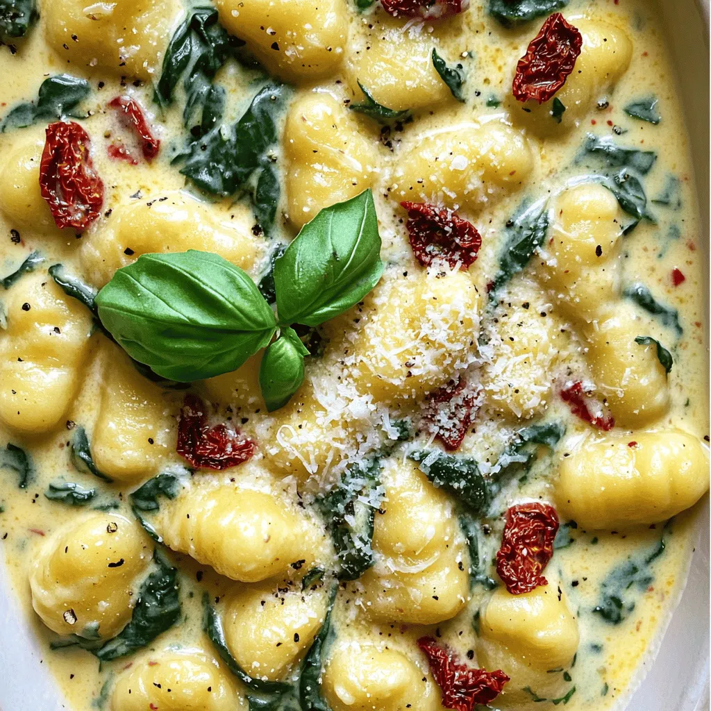 - 1 pound potato gnocchi - 1 cup sun-dried tomatoes, chopped - 1 cup heavy cream These three ingredients form the heart of this dish. The potato gnocchi provides a soft and pillowy base. Sun-dried tomatoes offer a burst of flavor and a hint of sweetness. The heavy cream brings richness and a creamy texture that ties everything together perfectly. - 1 cup spinach, fresh - 1/2 cup grated Parmesan cheese - Fresh basil leaves for garnish These optional ingredients can elevate your dish. Fresh spinach adds color and nutrients. Grated Parmesan gives a salty kick that enhances the creaminess. Basil leaves not only look pretty but also add a fresh aroma. - 3 cloves garlic, minced - 2 tablespoons olive oil - 1 teaspoon dried basil - Salt and pepper to taste These pantry staples are key for flavor. Garlic adds a savory depth, while olive oil provides a smooth base for sautéing. Dried basil complements the sun-dried tomatoes and brings warmth. Salt and pepper balance the flavors, ensuring your dish shines. For the full recipe and detailed steps, check out the [Full Recipe]. First, grab a large skillet and heat the olive oil over medium heat. Add the minced garlic. Sauté it for about 1-2 minutes until it becomes fragrant. This step brings out the garlic's rich flavors. Next, stir in the chopped sun-dried tomatoes. Cook them for another 2-3 minutes. You want them to soften and release their delicious taste. Now it's time to create that luscious creamy sauce. Pour in the heavy cream and stir well to combine. Bring this mixture to a gentle simmer. It should bubble lightly, not boil hard. Add the dried basil, salt, and pepper to taste. Stir again, making sure the seasonings mix well. This is where the magic happens, and the sauce starts to thicken. While the sauce simmers, bring a pot of salted water to a boil. Drop in the gnocchi and cook them according to the package instructions. They will be ready when they float to the surface, usually in about 2-3 minutes. Once cooked, drain the gnocchi and add them directly to the skillet with your creamy sun-dried tomato sauce. Gently fold in the fresh spinach and grated Parmesan cheese. Let the spinach wilt and the cheese melt into the sauce. This should take about 2 minutes. Adjust the seasoning if needed, and if the sauce is too thick, add a little gnocchi cooking water. For the full recipe, feel free to check the details provided earlier. - Adjust seasoning to taste: Always taste your dish before serving. Add salt or pepper as needed. You want a balanced flavor that highlights the sun-dried tomatoes. - Tips for creaminess: To enhance creaminess, use heavy cream instead of milk. If you want it even richer, add more Parmesan cheese. If the sauce is thick, mix in some pasta water. - How to avoid overcooking gnocchi: Boil the gnocchi in salted water until they float. This usually takes about 2-3 minutes. Don’t leave them in too long or they can get mushy. - Best practices for sautéing garlic: Heat olive oil in a skillet on medium heat. Add minced garlic and stir. Cook for about 1-2 minutes. Watch closely; burnt garlic can ruin your dish. - Garnishing suggestions: Top your dish with fresh basil leaves and a sprinkle of Parmesan cheese. This adds color and flavor. You can also drizzle a bit of olive oil for extra shine. - Serving ideas for special occasions: Serve the gnocchi in warm bowls. Pair it with a light salad or crusty bread. This makes it feel fancy and complete, perfect for a dinner party. For the full recipe, check out [Full Recipe]. {{image_2}} You can make creamy sun dried tomato gnocchi even better by adding protein. Grilled chicken or shrimp works great. Simply cook the protein separately and toss it into the sauce at the end. This gives your dish a nice boost. You can also add bacon or sausage for a heartier option. Cook the bacon until crispy, then crumble it on top before serving. For sausage, brown it in the skillet first, then mix it with the creamy sauce. Both options add wonderful flavors. If you prefer a vegetarian dish, you can substitute the cream. Use plant-based cream or cashew cream. This keeps the dish rich without dairy. Adding more vegetables is also a great way to enhance the meal. Try bell peppers, zucchini, or mushrooms. Sauté them with the garlic and sun-dried tomatoes. This not only adds nutrition but also makes the dish more colorful and fun. To amp up the flavors, consider incorporating fresh herbs and spices. Thyme or oregano can add depth to the sauce. You can also sprinkle in some red pepper flakes for a kick. Experimenting with different cheese types can also change the dish. Try using goat cheese or feta for a tangy twist. Mixing cheeses can create a unique and tasty flavor profile, making every bite a new experience. To store leftovers of Creamy Sun Dried Tomato Gnocchi, let it cool first. Place it in an airtight container. This keeps the dish fresh for up to three days. When you are ready to eat, reheat it gently on the stove. Add a splash of cream or water to help restore creaminess. Stir often to avoid sticking. You can also use the microwave, but it may not heat evenly. Can you freeze creamy sauces? Yes, but they may change texture once thawed. It’s best to freeze the gnocchi separately from the sauce. To freeze, let both cool completely. Place them in freezer-safe bags or containers. Label with the date. When ready to eat, thaw overnight in the fridge. Reheat gently on the stove to warm through. For the best taste, consume the dish within three days when refrigerated. To maintain quality, store it properly. Look for signs of spoilage, such as off smells or changes in texture. If the gnocchi appears slimy or the sauce has separated, it’s best to discard it. Always trust your senses; if it doesn’t smell or look right, don’t eat it. Gnocchi is often made from potatoes, flour, and eggs. Some recipes use ricotta cheese instead of potatoes. You can find different types too, like sweet potato or spinach gnocchi. Each type offers a unique taste and texture. The classic potato gnocchi pairs well with sauces like creamy sun-dried tomato sauce. For the full recipe, check out the complete details above. To make fluffy gnocchi, use starchy potatoes. Avoid overworking the dough, as this can make it tough. Mix the ingredients just until combined. Roll the dough gently and cut it into small pieces. When boiling, cook gnocchi until they float to the top. This usually takes 2-3 minutes. Don’t let them sit too long in the water, or they can become soggy. Yes, you can make this recipe vegan! Replace the heavy cream with coconut milk or a plant-based cream. Use nutritional yeast instead of Parmesan cheese for a cheesy flavor. You can also skip the cheese altogether if you prefer. The gnocchi will still taste great with sun-dried tomatoes and fresh spinach. This blog post shared a delicious gnocchi recipe and tips. You learned about essential and optional ingredients, plus pantry staples. The step-by-step instructions helped break down cooking and preparing the sauce. Tips on perfecting the dish and variations showed how to customize it. Proper storage info ensures your leftovers stay fresh. Embrace creativity with the ingredient options and methods. Enjoy cooking and sharing this dish, knowing it suits your taste and occasions. Get ready to impress friends and family with your gnocchi skills!