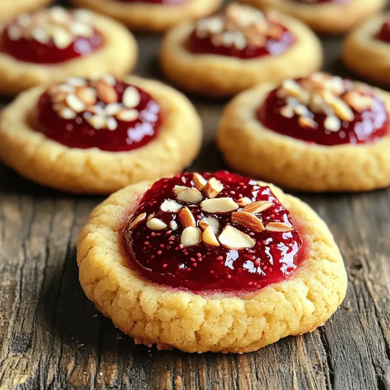 To make these tasty Raspberry Almond Thumbprint Cookies, you need the following: - 1 cup unsalted butter, softened - 2/3 cup powdered sugar - 1 teaspoon vanilla extract - 1 teaspoon almond extract - 2 cups all-purpose flour - 1/2 teaspoon salt - 1/2 cup raspberry jam (preferably seedless) - 1/4 cup sliced almonds, for garnish These ingredients work together to create a sweet, nutty flavor that is hard to resist. The butter gives the cookies a rich taste, while the almond extract adds a lovely touch. If you need to make swaps, here are some ideas: - Use coconut oil instead of butter for a dairy-free option. - Swap powdered sugar with granulated sugar if you prefer a crunchier cookie. - You can replace raspberry jam with strawberry or blueberry jam for a different twist. - If you do not have almond extract, vanilla extract works in a pinch. These alternatives can change the flavor while keeping the cookie delightful. When making these cookies, choose fresh and high-quality ingredients. Here are my tips: - Look for unsalted butter that is creamy and pale yellow. This ensures a good texture. - Choose jam that is smooth and flavorful. Seedless jam works best for a clean bite. - Opt for pure extracts instead of imitation for the best taste. - When picking almonds, go for sliced ones that are fresh and crunchy. Quality ingredients lead to better cookies. Invest time in choosing the best for your baking. For the complete recipe, check out the [Full Recipe]. To make these Raspberry Almond Thumbprint Cookies, start by gathering your ingredients. You will need: - 1 cup unsalted butter, softened - 2/3 cup powdered sugar - 1 teaspoon vanilla extract - 1 teaspoon almond extract - 2 cups all-purpose flour - 1/2 teaspoon salt - 1/2 cup raspberry jam (preferably seedless) - 1/4 cup sliced almonds, for garnish Next, preheat your oven to 350°F (175°C). Line a baking sheet with parchment paper. This will help the cookies not stick. In a large bowl, cream the softened butter and powdered sugar together. Mix until it is light and fluffy. This step is key for good texture. Add in the vanilla and almond extracts. Mix until combined. In another bowl, whisk together the flour and salt. Gradually add this dry mix to the butter mixture. Stir until a soft dough forms. Roll the dough into 1-inch balls. Place them on the baking sheet, leaving about 2 inches between each ball. Use your thumb or a rounded teaspoon to press down in the center of each dough ball. This creates a cute little well for the jam. Fill each well with about half a teaspoon of raspberry jam. Then, sprinkle a few sliced almonds around the jam. This adds a nice crunch and flavor. For the best dough, make sure your butter is softened but not melted. This helps the cookies hold their shape. If the dough feels sticky, chill it for a few minutes. Don't overmix the dough. Mix until just combined to keep the cookies tender. Use a cookie scoop for even-sized balls. This helps all cookies bake evenly. Once your cookies are ready, bake them in the preheated oven for 12-15 minutes. Watch for the edges to turn lightly golden. When done, let the cookies cool on the baking sheet for a few minutes. Then, transfer them to a wire rack to cool completely. These steps make Raspberry Almond Thumbprint Cookies a delight to bake and eat. For the full recipe, check the earlier section! Baking can be tricky, but I have some tips to help you. First, don’t overmix the dough. This can make your cookies tough. Second, be sure to measure your flour correctly. Too much flour can dry out the dough. Lastly, remember to chill the dough for a bit if it feels too soft. This helps the cookies keep their shape. For a soft and chewy cookie, use room temperature butter. It mixes better with the sugar and gives a light texture. Cream the butter and sugar until fluffy. This adds air and helps the cookies rise. Keep your oven at the right temperature, too. An oven that’s too hot can make the cookies hard and dry. To keep your cookies fresh, store them in an airtight container. This helps them stay soft longer. If you want to keep them for later, freeze them. Just wrap them well in plastic wrap or foil. When you’re ready to eat them, let them thaw at room temperature. For the best taste, eat them within two weeks. For the full recipe, check out the details above. {{image_2}} You can switch up the raspberry jam. Try other flavors like apricot, strawberry, or blackberry. Each fruit brings a unique taste. I enjoy using seasonal fruits for a fresh twist. You can also use homemade fruit preserves for added flavor. Just make sure they are thick enough to hold their shape. While almond slices work great, you can use other nuts too. Chopped walnuts or pecans add a nice crunch. If you want a different flavor, consider using hazelnuts. You could also leave out the nuts if you prefer a nut-free option. Each choice gives the cookie a new character. To make these cookies gluten-free, swap all-purpose flour for a gluten-free blend. Many blends work well, but look for one that has xanthan gum. This helps the cookies hold together. You can also use almond flour for a nutty flavor. Just remember to adjust cooking time as needed. Enjoy a delicious treat without gluten! For the complete recipe, check out the Full Recipe section. To keep your Raspberry Almond Thumbprint Cookies fresh, store them in an airtight container. This helps maintain their soft texture and flavor. Place parchment paper between layers to prevent sticking. Keep them at room temperature, away from heat or moisture. You can freeze these cookies for later enjoyment. First, let the cookies cool completely. Then, arrange them in a single layer on a baking sheet. Freeze until solid, about one hour. Once frozen, transfer them to a freezer-safe bag or container. They can last up to three months in the freezer. These cookies stay fresh for about one week at room temperature. For the best taste, eat them within the first few days. If you notice them getting stale, try warming them in the microwave for a few seconds. This will help restore their soft texture. For more details, check out the Full Recipe. To make raspberry almond thumbprint cookies, follow these steps: 1. Start by preheating your oven to 350°F (175°C). 2. Line a baking sheet with parchment paper. 3. In a bowl, cream together 1 cup of softened butter and 2/3 cup of powdered sugar. 4. Add 1 teaspoon of vanilla extract and 1 teaspoon of almond extract. Mix well. 5. In another bowl, whisk together 2 cups of all-purpose flour and 1/2 teaspoon of salt. 6. Gradually add the dry mix to the butter mixture until a soft dough forms. 7. Roll the dough into 1-inch balls and place them on the baking sheet, about 2 inches apart. 8. Press your thumb into the center of each ball to make a small well. 9. Fill each well with 1/2 teaspoon of raspberry jam. 10. Sprinkle sliced almonds around the jam for extra flavor. 11. Bake for 12-15 minutes until the edges are lightly golden. For the complete details, check the Full Recipe. Yes, you can use other jams! Feel free to try strawberry, apricot, or even blueberry. Each jam will give a different taste. Make sure it’s thick enough to hold its shape. You want the jam to stay in the cookie well. If you use a runny jam, it may spill out during baking. This cookie is all about fun flavors, so get creative! If your cookies spread too much, try these tips: - Chill the dough before baking. This helps it keep its shape. - Make sure your butter is softened, not melted. Over-softened butter leads to flat cookies. - Use a precise amount of flour. Too little can cause spreading. - Check your oven temperature. If it’s too hot, cookies will spread fast. By following these tips, you will have great cookies every time! In this blog post, we explored the key ingredients needed for delicious cookies. We covered how to substitute and choose quality items. Next, I provided easy step-by-step instructions to make the perfect dough and bake it just right. I shared tips to avoid common mistakes and achieve great texture. Finally, I highlighted variations and storage tips to keep your cookies fresh. With these insights, you can bake amazing cookies that everyone will love. Get ready to impress with your sweet skills!