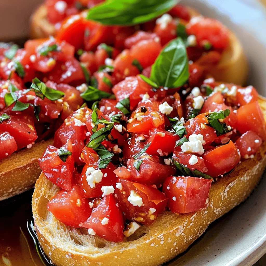 For the perfect Tomato Basil Bruschetta, you need these main ingredients: - 6 ripe Roma tomatoes, diced - 1 cup fresh basil leaves, chopped - 3 cloves garlic, minced - 1 tablespoon balsamic vinegar - 3 tablespoons extra-virgin olive oil - Salt and pepper to taste - 1 French baguette, sliced into 1/2-inch pieces These ingredients come together to create fresh, vibrant flavors. The Roma tomatoes give a sweet base. Fresh basil adds a lovely aroma. Garlic brings a nice kick, while balsamic vinegar adds deep flavor. The olive oil ties everything together. You can enhance your bruschetta with these optional ingredients: - 1/4 cup crumbled feta cheese Feta cheese adds a creamy, salty touch. It contrasts nicely with the sweet tomatoes. You can also try adding red pepper flakes for heat or a drizzle of honey for sweetness. To make this dish, gather these tools: - A large mixing bowl - A baking sheet - A sharp knife - A cutting board - A spoon for mixing Having the right tools helps make cooking easier. A sharp knife ensures you get clean cuts on your tomatoes and baguette. A baking sheet is perfect for toasting your bread. With these tools, you’ll create a beautiful Tomato Basil Bruschetta that is sure to impress. For the full recipe, check out the instructions provided. Start by gathering your ingredients. You need fresh Roma tomatoes, basil, garlic, balsamic vinegar, and olive oil. Dice the tomatoes into small pieces and place them in a large bowl. Next, chop the fresh basil leaves and add them to the bowl. Mince the garlic and mix it in too. Pour in the balsamic vinegar and two tablespoons of olive oil. Season with salt and pepper as you like. Stir gently to combine everything. Let it sit for 10-15 minutes. This helps the flavors blend well. While the tomato mixture sits, preheat your oven to 400°F (200°C). Take your French baguette and slice it into half-inch pieces. Arrange the slices on a baking sheet. Brush one side of each slice with the last tablespoon of olive oil. Make sure you cover it well. Place the baking sheet in the oven. Toast the bread for about 5-7 minutes. Look for a golden brown color. Once done, remove the sheet from the oven and let the bread cool slightly. Now it’s time to put everything together. Take the toasted baguette slices and place them on a serving platter. Spoon a generous amount of the tomato mixture onto the toasted side of each slice. If you want, sprinkle some crumbled feta cheese on top for added flavor. This step is optional but tasty! Garnish with a fresh basil leaf for a nice touch. Serve your Tomato Basil Bruschetta right away. Enjoy the burst of flavors in every bite! For the full recipe, check out the Heavenly Tomato Basil Bruschetta section above. To make the best tomato basil bruschetta, use fresh ingredients. Ripe Roma tomatoes work best. They are sweet and juicy. Look for tomatoes that feel heavy and have no blemishes. Fresh basil leaves add vibrant flavor. Choose bright green leaves with no brown spots. For garlic, use fresh cloves. They will give a stronger taste than pre-minced garlic. Lastly, use high-quality extra-virgin olive oil. It adds depth and richness to your dish. One common mistake is not letting the tomato mixture sit. Allowing the mixture to rest for 10-15 minutes helps the flavors blend. Avoid using stale bread; it will not toast well. Make sure to toast the bread until golden brown. This gives it a crispy texture. Don’t skip the balsamic vinegar; it adds a nice tang. Lastly, avoid over-seasoning. Start with a pinch of salt and pepper, and adjust to taste. You can add fun toppings to your bruschetta. Crumbled feta cheese gives a nice salty kick. You can also try goat cheese or fresh mozzarella. For a spicy twist, add sliced jalapeños or a drizzle of hot sauce. Fresh arugula or spinach can add a peppery flavor. Finally, a sprinkle of toasted pine nuts adds a nice crunch. These toppings can take your bruschetta from simple to gourmet. For the full recipe, look back at the section above. {{image_2}} You can use many types of bread for bruschetta. I love using a French baguette for its crispiness. A ciabatta loaf works well too. You can even try sourdough for a tangy twist. If you want a gluten-free option, use gluten-free bread. Just make sure to toast it well. The right bread makes a big difference in texture and flavor. Tomato basil bruschetta is so flexible. You can add toppings to change the flavor. Consider adding sliced olives for a briny taste. You can also use roasted red peppers for sweetness. If you like heat, try adding jalapeños or crushed red pepper flakes. For creaminess, sprinkle some crumbled feta cheese on top. These add-ins make your bruschetta even more exciting. Make your bruschetta seasonal for fresh flavors. In summer, use heirloom tomatoes for sweetness. In fall, add some roasted butternut squash for warmth. In winter, try using sun-dried tomatoes for a rich taste. In spring, mix in some fresh peas or asparagus. Changing the toppings helps you celebrate each season's produce. Each variation offers a new taste adventure. To keep your bruschetta fresh, store it in an airtight container. Place the tomato mixture and toasted bread in separate containers. This prevents soggy bread. You can keep them in the fridge for up to two days. When ready to eat, prepare to add the tomato mix to the bread. When reheating, I suggest using the oven. Preheat it to 350°F (175°C). Place the bruschetta on a baking sheet and warm for about 5-7 minutes. This keeps the bread crisp while warming the toppings. Avoid the microwave, as it can make the bread chewy. You can freeze the tomato mixture for later use. Just place it in a freezer-safe bag or container. It will stay good for about three months. When you’re ready to enjoy, thaw it in the fridge overnight. Toast fresh bread for the best taste. Do not freeze the assembled bruschetta, as it will lose its texture. For the best flavor, always make the bread fresh. For a complete guide, check the Full Recipe. Bruschetta comes from Italy. It started as a peasant food. People used stale bread and topped it with fresh ingredients. The classic topping is simply garlic, olive oil, and salt. Over time, recipes grew. Now, we enjoy many toppings, like Tomato Basil Bruschetta. You can prepare the tomato mixture ahead of time. Mix the tomatoes, basil, garlic, and vinegar. Store it in the fridge for up to 4 hours. The flavors will blend well. However, do not toast the bread early. Toast it right before serving for the best crunch. Bruschetta pairs well with many dishes. Serve it as a starter or snack. It goes great with soups and salads. You can also enjoy it with grilled meats or fish. For drinks, try serving wine or sparkling water. Check out the Full Recipe for more ideas! Tomato Basil Bruschetta is simple, fresh, and enjoyable. We explored the key ingredients, tools, and steps to make it. I shared tips to pick the best tomatoes and avoid common errors. Variations let you be creative with bread and toppings. For leftovers, I explained the best storage methods. Making this dish can impress anyone. Enjoy every bite of your tasty creation, and don’t hesitate to try new flavors!