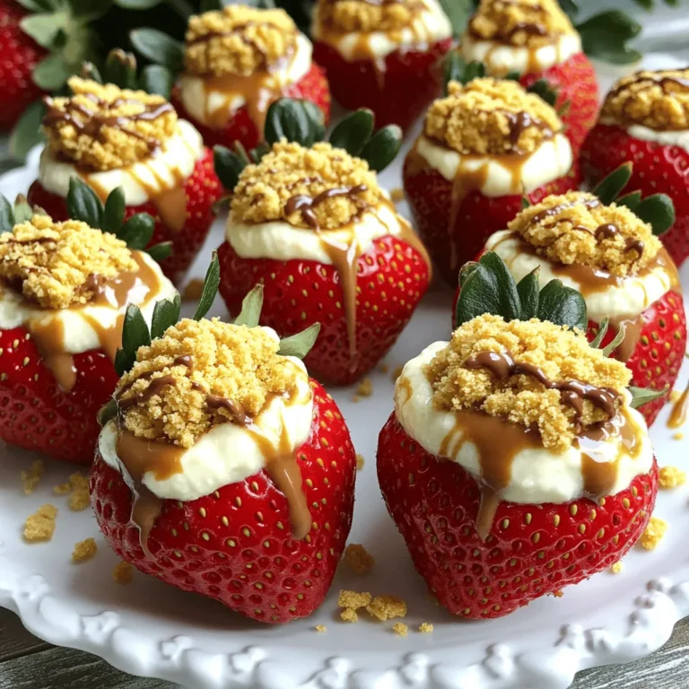- Fresh strawberries (1 pound) - Cream cheese (8 ounces, softened) - Powdered sugar (1/4 cup) - Vanilla extract (1 teaspoon) - Crushed graham crackers (1/4 cup) - A pinch of salt - Optional: melted chocolate for drizzling When making cheesecake stuffed strawberries, the right ingredients make all the difference. Start with fresh strawberries. Look for large, ripe strawberries. They should feel firm and look bright red. This will give your treat a great taste and look. For the filling, cream cheese is key. Use eight ounces of softened cream cheese. This makes it easy to mix. Add a quarter cup of powdered sugar to sweeten it up. A teaspoon of vanilla extract gives it that classic cheesecake flavor. To add texture and a hint of crunch, use crushed graham crackers. A quarter cup will do. This gives the top a nice finish, just like a cheesecake crust. Don’t forget a pinch of salt. It enhances all the flavors in your filling. If you want to take it up a notch, drizzle some melted chocolate over the top. This step is optional, but it adds a nice touch of sweetness. You can find the full recipe above to guide you through this delicious process. - Rinse the strawberries under cold water. - Pat them dry with a paper towel. - Cut the tops off the strawberries. - Hollow out the centers with a small knife or straw. Hollowing the strawberries is key. You want enough space for the cheesecake mix. Be gentle here; you don’t want to break them. Keep the strawberries whole for a pretty look. - In a bowl, combine cream cheese, powdered sugar, and vanilla extract. - Mix until the mixture is smooth and creamy. - Add a pinch of salt and mix again. The cream cheese gives this dessert its rich flavor. Mixing well makes it easy to fill the strawberries. Don’t skip the salt; it makes everything taste better. - Use a piping bag or a spoon to fill each strawberry. - Fill them generously to the top. - Sprinkle crushed graham crackers on top. - Drizzle melted chocolate if you like. Filling the strawberries is the fun part! Be creative with the toppings. The graham crackers give a nice crunch, just like a cheesecake crust. Chilling the strawberries for 20-30 minutes makes them cool and tasty. For the full recipe, check out the details above! When picking strawberries, choose large and firm ones. Look for a bright red color. A uniform shape is also a good sign of freshness. This helps ensure your treat looks great and tastes amazing. Store any leftover cheesecake stuffed strawberries in an airtight container. This keeps them fresh longer. I recommend refrigerating them for up to two days. After that, they may lose some flavor and texture. These treats are best served chilled or at room temperature. You can pair them with other desserts, like cookies or cakes. They also go well with drinks like sparkling water or sweet tea. For the full recipe, check back to make these delicious bites yourself! {{image_2}} You can use flavored cream cheese for a fun twist. Try strawberry cream cheese for a fruity taste. Chocolate cream cheese adds a rich, sweet note. Both options make your strawberries stand out. For a lighter version, mix in some yogurt. Greek yogurt works well. It gives a creamy texture but cuts down on fat. This swap makes your treat a bit healthier without losing flavor. You can get creative with toppings. Nuts add a nice crunch. Chopped almonds or walnuts work well. Coconut flakes give a tropical touch. Also, try different types of chocolate for drizzling. Dark chocolate offers a bold flavor. White chocolate brings a sweet creaminess. You can even mix chocolates for a unique taste. Change fruits with the seasons. In summer, use peaches or blueberries. They pair nicely with the cream cheese filling. Each fruit adds a new flavor to your treat. You can make themed versions for holidays. Red and green strawberries for Christmas cheer. Use orange slices for Halloween fun. This keeps your dessert fresh and exciting throughout the year. For the full recipe, check out the Cheesecake Stuffed Strawberries section above. To keep your cheesecake stuffed strawberries fresh, use an airtight container. This method protects them from air and moisture. Avoid open platters, as they let air in and can dry out your treat. Refrigeration is key. It keeps the strawberries cool and safe to eat. Place them in the fridge right after making them. In the refrigerator, these strawberries last about 1 to 2 days. After that, they may start to lose their taste and texture. Freezing is not the best option for these berries. If you choose to freeze them, know that the texture will change when thawed. They may become mushy and less tasty. Check for spoilage by looking at the strawberries. If they become soft, mushy, or start to darken, they are bad. A sour smell also means it's time to toss them out. To keep them fresh, store them in the fridge as soon as possible. Always check your strawberries before eating. Enjoy your cheesecake stuffed strawberries at their best! For the full recipe, refer to the section above. Yes, you can make Cheesecake Stuffed Strawberries a few hours in advance. I suggest preparing them up to 4 hours ahead of serving. This timeline keeps strawberries fresh and delicious. Store them in the fridge to maintain their chill. For the best flavor and texture, fill the strawberries close to serving time. If you fill them too early, they might become soggy. You can use Greek yogurt or mascarpone cheese as a creamy filling. Both add a nice texture. If you want a lighter option, Greek yogurt works well. Just keep in mind the flavor might change slightly. Adjust the sweetness by adding more sugar or some honey. This way, you can still get that cheesecake taste. To sweeten your cheesecake mixture, add more powdered sugar to taste. You can also try using honey or maple syrup. These natural sweeteners can add unique flavors. If you want, mix in some vanilla pudding mix for extra sweetness. Taste as you go, so you get it just right for your liking. Cheesecake stuffed strawberries are simple and delicious. Fresh strawberries filled with rich cream cheese create a perfect snack. Remember to choose bright red, firm strawberries for the best taste. You can customize this treat with different cream cheese flavors or toppings. Store any leftovers properly to keep them fresh. Making them ahead of time works well, too. You can enjoy these treats at events or with friends. I hope you try this easy recipe and delight in the flavors!