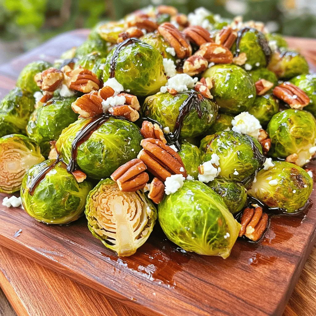 To make Roasted Brussels Sprouts with Balsamic Glaze, gather these ingredients: - 1 lb Brussels sprouts, trimmed and halved - 2 tablespoons olive oil - 1 teaspoon salt - 1/2 teaspoon black pepper - 2 tablespoons balsamic vinegar - 1 tablespoon honey - 1 clove garlic, minced - 1/4 cup toasted pecans, chopped (optional) - 1/4 cup crumbled feta cheese (optional) You can swap out some ingredients to fit your taste. If you don't have Brussels sprouts, try green beans or broccoli. For the olive oil, use avocado oil or melted butter. If you want a vegan dish, replace honey with maple syrup or agave nectar. If you can't find feta, goat cheese works well too. You can also skip nuts if you have nut allergies. Using fresh ingredients makes a big difference in flavor. Fresh Brussels sprouts are bright and crisp, while old ones can taste bitter. Fresh garlic brings a punch that dried garlic can't match. When you use good-quality balsamic vinegar, it adds a rich sweetness. Always choose fresh over canned or frozen for the best taste. Fresh ingredients not only enhance flavor but also provide more nutrients. So, when you shop, pick the freshest items you can find for the best results in this recipe. To start, gather your ingredients. You need Brussels sprouts, olive oil, salt, pepper, balsamic vinegar, honey, and garlic. If you want, add pecans or feta cheese for extra flavor. Preheat your oven to 400°F (200°C). 1. Mix the Sprouts: In a large bowl, combine the halved Brussels sprouts with olive oil, salt, and black pepper. Toss them well to coat. 2. Spread on Baking Sheet: Place the sprouts cut side down on a baking sheet. This helps them get crispy. 3. Roast: Put the baking sheet in the oven. Roast for 20 to 25 minutes. Stir halfway through for even cooking. Look for a golden brown color. 4. Make Balsamic Glaze: In a small saucepan, mix balsamic vinegar, honey, and minced garlic. Cook over medium heat. Simmer for 5 to 7 minutes until it thickens. Stir often to keep it from burning. 5. Combine and Serve: Once the sprouts are done, take them out of the oven. Drizzle the balsamic glaze over the top and toss to coat. If you like, add toasted pecans and crumbled feta cheese. - Cut Size: Make sure to cut your Brussels sprouts evenly. This helps them cook at the same rate. - Space Them Out: Don't crowd the baking sheet. Space the sprouts apart for crispiness. - Check for Doneness: Look for a nice golden brown color. That’s when they taste best. - Use Fresh Ingredients: Always opt for fresh Brussels sprouts. They have better flavor and texture. For the full recipe, check out [Full Recipe]. Enjoy cooking! To boost the taste of your roasted Brussels sprouts, use fresh ingredients. Fresh sprouts give better flavor than older ones. I also like to add a sprinkle of lemon zest for brightness. Toss the sprouts in olive oil evenly for a good roast. Don’t skip on the salt and pepper; they enhance natural flavors. Drizzling the balsamic glaze right after roasting adds sweetness and tang. Feel free to play with herbs like thyme or rosemary for extra depth. One common mistake is overcrowding the baking sheet. This can steam the sprouts instead of roasting them. Make sure they are in a single layer for a crispy finish. Another mistake is not preheating the oven properly. A hot oven helps get that nice caramelization. Lastly, avoid drenching the sprouts in too much oil. Just enough will do to coat them nicely. Roasted Brussels sprouts pair well with many dishes. They make a great side for roasted chicken or grilled fish. You can also serve them with a hearty grain, like quinoa or farro, for a filling meal. For a vegetarian option, enjoy them with a chickpea salad. If you want to impress, serve these sprouts with a nice steak. The savory taste complements the meat beautifully. Check out the Full Recipe for more ideas! {{image_2}} You can change the flavor of your Brussels sprouts by switching up the glaze. Try a maple syrup and soy sauce mix for a sweet and salty taste. Or use citrus juice like orange for a bright twist. You can even add herbs like rosemary or thyme for extra depth. Each glaze creates a unique taste that can surprise your guests. To make your roasted Brussels sprouts a full meal, add protein. Grilled chicken or shrimp pairs well with this dish. You can also use chickpeas for a veggie option. Adding protein makes this dish more filling and satisfying. It’s a simple way to turn a side into a main course. Seasonal flavors can make your dish special. In the fall, try adding cinnamon or nutmeg for warmth. You can toss in dried cranberries for a sweet touch. During winter, use ginger and cinnamon for a festive taste. These spices can add a cozy feel to your meal. Adjusting the flavors can help you enjoy this dish all year round. For the full recipe, check out the Sweet & Savory Roasted Brussels Sprouts with Balsamic Glaze 🥦. To keep your roasted Brussels sprouts fresh, store them in an airtight container. Let them cool down first. Avoid stacking them too tightly to keep them from getting soggy. You can also use a zip-top bag. Just squeeze out as much air as possible before sealing. Reheat your Brussels sprouts in the oven for the best texture. Preheat your oven to 350°F (175°C). Spread the sprouts on a baking sheet. Heat for 10-15 minutes, or until warm. You can also use a microwave, but this may make them soft. If you use a microwave, heat in short bursts and check often. Roasted Brussels sprouts last about 3 to 5 days in the fridge. If you want them to stay fresh, eat them within this time. After that, they may lose their taste and crunch. Enjoy them as a side dish or a healthy snack. You can find the Full Recipe on our site for more details on making this dish. Yes, you can prepare the Brussels sprouts ahead of time. Trim and halve them. Toss them in olive oil, salt, and pepper. Store them in a sealed container in the fridge for up to two days. When you're ready, roast them for a quick side dish. You can add many vegetables to this dish. Try carrots for sweetness or sweet potatoes for heartiness. Cauliflower or broccoli also work well. Just cut them into similar sizes so they cook evenly. For extra crispy Brussels sprouts, follow a few tips: - Use high heat (400°F works great). - Make sure they’re cut side down on the baking sheet. - Avoid crowding the pan; give them space to roast. - Toss them halfway to ensure all sides get crispy. Yes, balsamic glaze is thicker and sweeter than balsamic vinegar. It cooks down with sugar or honey, which gives it a rich flavor. Balsamic vinegar is more acidic and used as a dressing or marinade. Roasted Brussels sprouts pair well with many dishes. Serve them alongside grilled chicken or steak. They also complement pasta or risotto. For a vegetarian option, try them with quinoa or a salad. For the full recipe, check out the Sweet & Savory Roasted Brussels Sprouts with Balsamic Glaze. This blog post shared key steps to prepare roasted Brussels sprouts with a balsamic glaze. You learned about essential ingredients, how to cook them, and tips to enhance flavor. We covered common mistakes to avoid and how to store the dish. Plus, we explored delicious variations and answered your FAQs. Remember, fresh ingredients can truly elevate your dish. With these insights, you can create a delightful meal. Enjoy your cooking journey and impress everyone with your next dish!