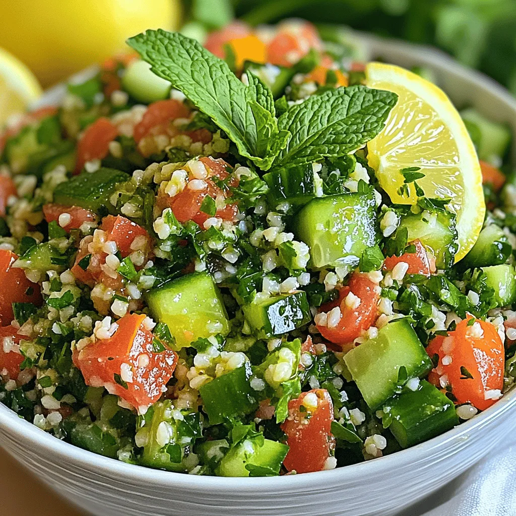 To make a great tabouli salad, you need fresh and simple ingredients. Here’s what you’ll need: - 1 cup bulgur wheat, rinsed and drained - 2 cups boiling water - 1 cup parsley, finely chopped - 1/2 cup fresh mint leaves, finely chopped - 2 medium tomatoes, diced - 1 small cucumber, diced - 1/4 cup red onion, finely chopped - 1/4 cup olive oil - 3 tablespoons lemon juice - Salt and pepper to taste These ingredients create a bright and refreshing dish. The bulgur wheat gives the salad a nice base. The herbs add a fresh taste. The tomatoes and cucumber bring in crunch. You can change the salad to suit your taste. Here are some fun options to try: - Feta cheese for creaminess - Kalamata olives for a salty touch - Bell peppers for extra color - Avocado for a rich flavor Feel free to mix and match these ingredients. You can make it your own! If you can’t find some ingredients, don’t worry. Here are some easy swaps: - Quinoa instead of bulgur for a gluten-free option - Green onions instead of red onion for a milder taste - Lime juice instead of lemon juice for a different zing - Any fresh herbs like cilantro or dill if you prefer These substitutions keep the spirit of tabouli while making it work for you. Enjoy exploring new flavors! For the full recipe, check out the details above. Start by rinsing one cup of bulgur wheat under cold water. This removes any grit. Next, place the rinsed bulgur in a large bowl. Pour two cups of boiling water over the bulgur. Cover the bowl with a lid or plastic wrap. Let it soak for 20 to 30 minutes. The bulgur will absorb the water and become tender. After soaking, fluff the bulgur with a fork. Allow it to cool for a few minutes before mixing it with other ingredients. Once the bulgur is cool, it's time to add fresh flavors. Chop one cup of parsley and half a cup of mint leaves finely. Dice two medium tomatoes and one small cucumber. Also, chop a quarter cup of red onion. Add all these fresh ingredients to the bowl with bulgur. Mixing these ingredients adds crunch and a burst of flavor to the salad. For the dressing, drizzle a quarter cup of olive oil and three tablespoons of lemon juice over the salad. Season with salt and pepper to taste. Toss everything gently to combine. This helps the flavors blend well. If you want a stronger taste, add more lemon juice or salt. Chill the salad in the fridge for at least 30 minutes. This step makes the flavors pop even more. For the full recipe, refer to the earlier section. Cut your vegetables small and even. This helps them blend well in the salad. For tomatoes, use a sharp knife. A serrated knife works best. Dice cucumbers into small cubes for a nice crunch. When chopping parsley and mint, use a rocking motion with your knife. This keeps the herbs fresh and bright. Always wash your veggies before cutting them. This step is key for food safety. To boost flavor, use fresh herbs. They add brightness and depth. Try adding a pinch of cumin for warmth. You can also add crushed garlic for a bolder taste. If you like spice, toss in some chopped chili peppers. This will give your salad a nice kick. You can drizzle more olive oil or lemon juice for added zest. Experiment with different seasonings to suit your taste. Chilling your tabouli salad is important. It allows the flavors to blend together. After mixing, let it sit in the fridge for at least 30 minutes. This makes the salad taste fresh and crisp. Serve it cold from the fridge, and it will be so refreshing. For best results, prepare it a few hours ahead of time. This way, you get a more flavorful dish. You can find the full recipe to make this easy. {{image_2}} You can make tabouli even more tasty by adding Mediterranean ingredients. Feta adds creaminess and a salty punch. Just crumble it over the top before serving. You can also toss in some olives for a briny flavor. Black or green olives both work great. These add-ins create a fun twist while keeping the fresh taste. If you need a gluten-free salad, don’t worry! You can swap the bulgur with quinoa or cauliflower rice. Quinoa cooks fast and has a nice nutty flavor. Cauliflower rice is low in carbs and adds a unique crunch. Both options keep the salad light and fresh, making it perfect for everyone. To make tabouli vegan, you can stick to the classic recipe. It is already plant-based! If you want to add a bit of creaminess, try using avocado. Just dice it and mix it in right before serving. This will give your salad a rich texture. You can also use a splash of apple cider vinegar for a tangy twist. For the full recipe, check the Refreshing Classic Tabouli Salad 🥗 section. To keep your tabouli fresh, place it in an airtight container. Store it in the fridge. It will stay good for about three days. Make sure to keep it covered. The salad will taste best when eaten fresh. However, if you have leftovers, storing is key. I do not recommend freezing tabouli. The texture of the fresh veggies changes when frozen. Bulgur wheat can freeze, but the herbs and tomatoes will become mushy. If you must freeze it, try only freezing the bulgur. When ready to use, thaw it in the fridge before mixing the fresh ingredients. For the best flavor and freshness, eat tabouli within three days. After this, the herbs may wilt and the flavors fade. Always check for any signs of spoilage before eating. The sooner you enjoy your salad, the better it will taste! If you want to make it ahead, prepare the bulgur and store it separately from the fresh ingredients. This keeps everything crisp. For the full recipe, check out the refreshing Classic Tabouli Salad. Tabouli salad is a bright and fresh dish from the Middle East. It mainly features bulgur wheat, parsley, mint, tomatoes, and cucumber. The mix of herbs and veggies gives it a unique flavor. Each bite feels like a garden party in your mouth. The lemon juice and olive oil add a lovely zest. You can easily make tabouli salad ahead of time. Follow the recipe as usual, then chill it in the fridge. This helps the flavors blend better. Make it a few hours or even a day in advance. Just remember to stir it before serving. Freshen it up with a bit more lemon juice if needed. Yes, you can make tabouli without bulgur wheat. Quinoa, cauliflower rice, or even couscous work well as substitutes. These options still keep your salad fresh and tasty. Just cook them according to the package instructions. Then, mix them with the herbs and veggies as in the recipe. This way, you can enjoy tabouli in many ways. Tabouli salad offers a mix of fresh flavors and textures. We explored key ingredients, from bulgur wheat to customizable options. I shared step-by-step instructions to prepare this dish with ease. You learned tips for cutting veggies and balancing flavors. Variations let you tweak it to your taste, whether you want Mediterranean touches or a vegan version. In closing, tabouli is versatile and fun to make. Enjoy your salads fresh, and don’t hesitate to experiment with your favorite ingredients. Happy cooking!