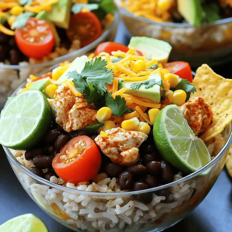 - 2 cups cooked brown rice - 1 lb boneless, skinless chicken breasts, diced - 1 can (15 oz) black beans, rinsed and drained - 1 cup corn kernels (fresh, frozen, or canned) - 1 cup cherry tomatoes, halved - 1 avocado, diced - 1 lime, juiced - 1/4 cup fresh cilantro, chopped - 1 cup shredded cheese (cheddar or Mexican blend) - Optional toppings: sour cream or Greek yogurt, tortilla chips - 1 tablespoon olive oil - 1 teaspoon garlic powder - 1 teaspoon cumin - 1 teaspoon smoked paprika - Salt and pepper to taste Each serving has about 500 calories. You get around 40 grams of protein. The fiber content is high, thanks to beans and rice. This meal is balanced with carbs, proteins, and healthy fats. It's not just tasty but also nutritious. You can enjoy this meal while knowing it's good for you. For more details, check the Full Recipe. Start by heating one tablespoon of olive oil in a large skillet over medium heat. Once the oil is hot, add one pound of diced chicken. Sprinkle garlic powder, cumin, smoked paprika, salt, and pepper over the chicken. Cook the chicken for about 7-10 minutes, stirring often. You want the chicken to be browned and cooked through. This step fills your kitchen with a wonderful aroma! If you do not have cooked brown rice, now is the time to make it. Use two cups of water for every cup of rice. Bring the water to a boil, add the rice, and lower the heat. Cover it and let it cook for about 30-35 minutes. When done, fluff it with a fork. Perfect rice is key to a great burrito bowl! In a large bowl, combine one can of rinsed black beans, one cup of corn, one cup of halved cherry tomatoes, and one diced avocado. Squeeze the juice of one lime into this mix and add fresh chopped cilantro. Season with salt and pepper to taste. This veggie medley adds color and freshness to your bowl! Now comes the fun part! Grab your bowls and layer the components. Start with a base of brown rice. Next, add the spiced chicken. Follow this with the black bean and corn mix. For a finishing touch, top with shredded cheese. If you want to be extra, add a dollop of sour cream or Greek yogurt. You can even crunch up some tortilla chips on top or serve them on the side. Enjoy your colorful Chicken Burrito Bowls! - How to know when chicken is perfectly cooked: The chicken is done when it reaches 165°F. Use a meat thermometer for best results. The chicken should be white and juicy, not pink. - Tips for cooking rice for the best texture: Rinse the rice before cooking. This removes excess starch, helping it stay fluffy. Use a 2:1 water-to-rice ratio. Bring it to a boil, then cover and simmer on low heat. - Suggestions for additional spices or toppings: Add chili powder for heat or oregano for earthiness. Squeeze lime juice over the top for a fresh kick. Fresh jalapeños or pickled onions add crunch and zing. - How to balance flavors: Mix sweet and savory by adding corn or mango. Use lime juice to cut through richness. Taste as you go, adjusting salt and acid for a balanced dish. - Making it dairy-free or vegetarian: Swap chicken for black beans or grilled veggies. Use avocado or cashew cream instead of cheese or sour cream. You can still enjoy all the flavors without dairy. - Spice level adjustments: If you like it mild, skip the jalapeños and use sweet corn. For more heat, add diced serrano peppers or a dash of hot sauce. Adjust to match your taste. Feel free to explore the Full Recipe for more details and instructions! {{image_2}} You can swap the chicken for many proteins. Ground beef or turkey works well. Tofu is a great choice for plant lovers. Cook them just like the chicken for best taste. Each option brings its own flavor and texture. You can mix and match to keep meals exciting. Try different bases for your burrito bowls. Instead of brown rice, you can use quinoa. Cauliflower rice is a low-carb choice. A fresh salad adds crunch and color. Each base changes the dish's vibe and health benefits. Explore these options to find your favorite. Toppings can elevate your chicken burrito bowls. Add bell peppers, corn, or zucchini for more veggies. Different salsas, like mango or pico de gallo, bring new flavors. A drizzle of spicy sauce can wake up the taste. You can even sprinkle some nuts for crunch. The more toppings, the better the meal! To keep your chicken burrito bowls fresh, store them in airtight containers. If you have extra chicken, rice, or veggies, separate them into different containers. This helps maintain their taste and texture. Place the containers in the fridge. They can stay fresh for a few days. For longer storage, use the freezer. Just make sure to label the containers with the date. When you want to enjoy your burrito bowl again, heat it gently. Use the microwave or the stove. If you use a microwave, cover the bowl to keep moisture in. Heat in short bursts to avoid overcooking. If using the stove, add a splash of water to the pan. Stir often until everything is warm. This keeps the flavor and texture just right. In the fridge, your chicken burrito bowls last about 3-4 days. If you've frozen them, they can stay fresh for up to 3 months. After that, they may lose flavor and quality. For the best taste, try to eat them within these time frames. Enjoying them fresh always gives the best flavor! To make Chicken Burrito Bowls vegetarian, swap the chicken for plant-based proteins. You can use: - 1 lb firm tofu, diced and sautéed - 1 can (15 oz) chickpeas, rinsed and drained - 1 cup tempeh, crumbled and cooked Also, add more veggies to keep it filling. Consider bell peppers, zucchini, or mushrooms. Ensure your seasonings still add great flavor. Yes, you can prepare Chicken Burrito Bowls ahead of time. Meal prep makes weeknight cooking easy. Here are some tips: - Cook the rice and chicken in advance. Store them in separate containers in the fridge. - Mix the black beans, corn, tomatoes, and avocados. Keep this mix in a bowl. - Assemble the bowls right before serving. This keeps everything fresh and tasty. You can store leftovers in the fridge for up to 3 days. Chicken Burrito Bowls pair well with many sides and drinks. Here are some ideas: - Tortilla chips with salsa or guacamole - A crisp green salad with lime vinaigrette - Corn on the cob, grilled or boiled - A refreshing drink like lemonade or iced tea These sides add color and flavor to your meal. The spice level of Chicken Burrito Bowls can be adjusted easily. The recipe uses cumin and smoked paprika for flavor. If you want more heat: - Add diced jalapeños or a dash of hot sauce. - Use a spicy cheese for topping. - Consider adding cayenne pepper to the chicken seasoning. For milder flavors, skip the spicy additions and focus on the fresh toppings. You can create delicious Chicken Burrito Bowls with simple ingredients and steps. We covered everything from cooking chicken and rice to mixing the fresh veggies. Each bowl offers great flavor and nutrition. The options for customization and storage make it even better. This dish is fun to make and share, plus it suits many tastes. Enjoy experimenting with different proteins and toppings to find your favorite version. You’ll love how easy and tasty this meal can be!
