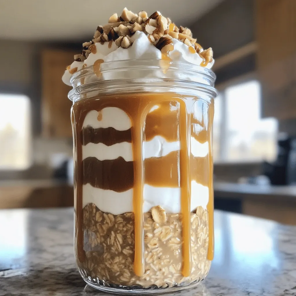 To make delicious caramel macchiato overnight oats, gather these key ingredients: - 1 cup rolled oats - 1 cup unsweetened almond milk (or any milk of choice) - 1 tablespoon chia seeds - 1 tablespoon vanilla extract - 2 tablespoons maple syrup (adjust to taste) - 1 teaspoon espresso granules (or instant coffee) - 1/4 cup caramel sauce (plus extra for drizzling) - 1/2 teaspoon cinnamon - Pinch of salt These ingredients work together to create a creamy and sweet breakfast. The oats soak up the flavors overnight, making them rich and satisfying. Add fun and flavor with these toppings: - Whipped cream - Chopped nuts - Additional caramel sauce These toppings not only enhance taste but also add texture to your oats. You can mix and match based on what you like best. If you want to change things up, here are some easy swaps: - Use any milk, like soy, oat, or coconut, for a different taste. - Swap maple syrup for honey or agave syrup if needed. - For a caffeine-free option, skip espresso granules or use decaf coffee. These substitutions let you customize your oats while keeping the core flavor intact. Enjoy experimenting! For the full recipe, check out the [Full Recipe]. To start, gather all your ingredients. You will need: - 1 cup rolled oats - 1 cup unsweetened almond milk (or any milk of choice) - 1 tablespoon chia seeds - 1 tablespoon vanilla extract - 2 tablespoons maple syrup (adjust to taste) - 1 teaspoon espresso granules (or instant coffee) - 1/4 cup caramel sauce (plus extra for drizzling) - 1/2 teaspoon cinnamon - Pinch of salt - Optional toppings: whipped cream, chopped nuts, or additional caramel sauce In a medium bowl, mix the rolled oats, almond milk, chia seeds, and vanilla extract. Add the maple syrup, espresso granules, cinnamon, and a pinch of salt. Stir well to combine. Next, grab a jar or container. Pour half of the oat mixture into the jar. Then, add 2 tablespoons of caramel sauce on top. This step creates a sweet layer of flavor. After that, pour the rest of the oat mixture on top of the caramel layer. Seal the jar tightly with a lid to keep everything fresh. Refrigerate your jar overnight, or for at least 4 hours. This soaking time allows the oats to absorb the milk and soften. When you're ready to enjoy, stir the oats well. This mixes in the caramel and flavors. To make it extra special, top with whipped cream, chopped nuts, and an extra drizzle of caramel sauce. Enjoy your creamy, delicious Caramel Macchiato Overnight Oats! For the full recipe, check out the detailed instructions. To boost the taste of your caramel macchiato overnight oats, try these ideas: - Add more spices: A pinch of nutmeg or cardamom can add warmth. - Use flavored milk: Almond or oat milk with vanilla can enhance the taste. - Experiment with sweeteners: Try honey or agave syrup instead of maple syrup. These small changes can make your oats even more delightful. Chia seeds are a great addition. They help thicken your oats and add nutrition. Here’s how to use them well: - Soak them: Chia seeds need liquid to expand, so mix them in early. - Mix well: Stir the mixture well to avoid clumps. - Use the right amount: One tablespoon per cup of oats is a good rule. Following these tips will ensure the best texture in your overnight oats. This recipe is easy to make vegan. Here’s how to ensure it stays plant-based: - Choose dairy-free milk: Use almond, soy, or oat milk. - Use vegan caramel: Look for caramel sauce made without dairy. - Check maple syrup: Most are vegan, but always read the label. With these swaps, anyone can enjoy this tasty breakfast! {{image_2}} You can switch up the flavors in your Caramel Macchiato Overnight Oats. Try adding cocoa powder for a chocolate twist. You can also mix in pumpkin spice for a fall vibe. If you love nuts, add some almond or hazelnut extract. These changes add new tastes without much effort. To make your oats even healthier, think about adding some chia seeds or flaxseeds. These seeds pack a punch of fiber and omega-3s. You can also toss in some fresh fruits like berries or banana slices. They add natural sweetness and nutrients. Try a spoonful of nut butter for creaminess and protein. When it's time to serve, you can get creative. Top your oats with whipped cream to make it fancy. Chopped nuts can add crunch. For more caramel flavor, drizzle extra caramel sauce on top. You can also layer it in a clear glass to show off those beautiful layers. Enjoy your oats cold or warm them up a bit if you prefer! Store your caramel macchiato overnight oats in a sealed jar. Glass jars work best. Make sure the lid is tight to keep the oats fresh. You can also use plastic containers. Just ensure they are airtight. These oats stay fresh in the fridge for up to five days. The flavors will blend more over time. If you notice any off smells or odd textures, it's best to toss them. Keep an eye on the caramel sauce; it may thicken as it sits. You can enjoy these oats cold or warm. If you prefer them warm, scoop the oats into a bowl. Heat them in the microwave for 30 seconds. Stir and check the temperature. Add a splash of almond milk if they seem too thick. Enjoy your creamy, caramel delight! For the full recipe, check out the details above. Yes, you can use many types of milk. Almond milk is great, but you can also try oat milk, coconut milk, or regular dairy milk. Each option gives a unique taste. If you want a creamier texture, choose whole milk or a nut milk. To make it dairy-free, simply use any plant-based milk. Almond, soy, or oat milk works well. You can also skip the whipped cream topping or use a dairy-free version. This way, you can enjoy the flavor without dairy. Yes, you can prep it the night before. Just follow the steps and let it soak overnight. You can also make it for the whole week. Store each jar in the fridge. This makes a quick breakfast option. Leftovers can last for about three days in the fridge. You can eat them cold or warm them up. If the oats seem dry, add a splash of milk. You can also add fresh fruit or nuts for extra flavor. For the full recipe of Caramel Macchiato Overnight Oats, check out the entire guide. Caramel Macchiato overnight oats are easy and fun to make. You learned what ingredients to use and how to layer them for the best taste. I shared tips on enhancing flavor and making your oats vegan. You can easily store them, and I answered common questions for your convenience. Keep experimenting with flavors and toppings. Customize your oats to fit your taste. Enjoy your delicious breakfasts and make each day special!