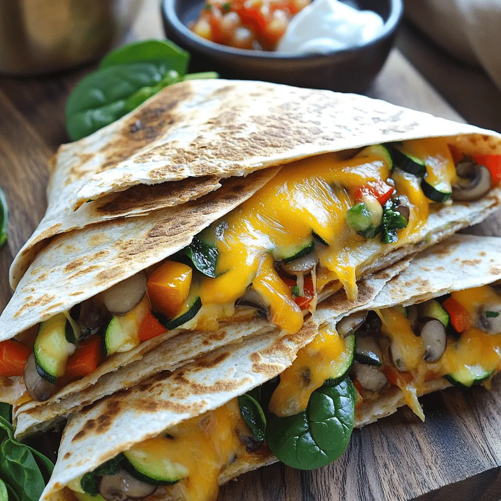 When making loaded veggie quesadillas, you need fresh and tasty ingredients. Here’s what you will use: - 4 large whole wheat tortillas - 1 cup bell peppers (red, yellow, and green), diced - 1 cup zucchini, thinly sliced - 1 cup mushrooms, sliced - 1 cup fresh spinach leaves - 1 cup shredded cheese (Cheddar and Monterey Jack mix) - 1 small red onion, thinly sliced - 2 cloves garlic, minced - 1 tablespoon olive oil - 1 teaspoon cumin - 1 teaspoon smoked paprika - Salt and pepper to taste - Salsa and sour cream (for serving) These ingredients bring a burst of flavor and color to your dish. Whole wheat tortillas offer fiber and a nutty taste. Fresh veggies add crunch and nutrients. The mix of Cheddar and Monterey Jack cheese melts beautifully. Garlic, cumin, and smoked paprika infuse the quesadillas with warmth and depth. Using fresh, high-quality ingredients makes all the difference. They ensure your quesadillas taste great and look appetizing. If you want to explore more, check the [Full Recipe]. - Sauté the onions and garlic: Heat one tablespoon of olive oil in a large skillet over medium heat. Add one small red onion, sliced, and two cloves of minced garlic. Sauté for 2-3 minutes until the onion turns soft and clear. - Cook the mixed vegetables: Next, add one cup each of diced bell peppers, zucchini slices, and mushrooms to the skillet. Cook for 5-7 minutes, stirring often. You want the veggies to soften but not lose all their crunch. - Prepare the tortillas with cheese and veggies: Once the veggies are soft, stir in one cup of fresh spinach, one teaspoon of cumin, one teaspoon of smoked paprika, and salt and pepper to taste. Cook until the spinach wilts, which takes about 2 minutes. Now, lay out two large whole wheat tortillas on a clean surface. Sprinkle half of one cup of shredded cheese evenly over each tortilla. Then, layer the sautéed veggie mix on top of the cheese. Finish by sprinkling the rest of the cheese over the veggies. Top with another tortilla to make a full quesadilla. - Heat the skillet for cooking: Grab a non-stick skillet and heat it over medium heat. This helps to get that nice, crispy texture on the outside of the quesadilla. - Fry the quesadillas: Carefully transfer one quesadilla to the skillet. Cook it for about 3-4 minutes on each side. You want the tortillas to turn golden and crispy while the cheese melts inside. Repeat this step for the second quesadilla. - Cutting and plating instructions: Once cooked, remove both quesadillas from the skillet. Use a sharp knife or pizza cutter to slice them into wedges. Arrange the wedges on a plate for a beautiful presentation. - Recommended accompaniments: Serve your loaded veggie quesadillas hot with a side of salsa and sour cream. These add a nice coolness and flavor contrast. - Presentation tips: For an eye-catching look, garnish the plate with fresh herbs like cilantro. You can also add a few extra veggies around the quesadillas for color. Enjoy this tasty and colorful meal! For the full recipe, check the details above. For crispy quesadillas, use medium heat. This helps the tortillas get golden brown. If the heat is too low, they may not crisp up. If it's too high, they can burn before the cheese melts. To ensure even cooking, flip the quesadillas gently. Use a spatula to check the bottom. When they are golden, flip them carefully. Each side should cook for about 3-4 minutes. To boost flavor, add spices and herbs. Cumin and smoked paprika add warmth to the filling. Fresh herbs like cilantro can brighten the dish. Mixing cheeses enhances the taste, too. Try adding pepper jack for a spicy kick or mozzarella for a gooey melt. The combination of Cheddar and Monterey Jack is perfect, but feel free to get creative! You can add protein to make these quesadillas heartier. Black beans or chickpeas make great options. If you want meat, grilled chicken works well too. For alternative vegetables, think outside the box! Try corn for sweetness or jalapeños for heat. Even sweet potatoes can add a nice twist. The key is to mix flavors and textures for a satisfying bite. For the full recipe, check the section above. {{image_2}} You can switch up the cheese to add new flavors. Try using mozzarella for a gooey texture or pepper jack for a spicy kick. If you prefer vegan options, use plant-based cheese. Brands like Daiya and Violife melt well and taste great. Want more protein? Add black beans or shredded chicken for a hearty meal. You can also mix in cooked quinoa for a boost. For toppings, consider fresh avocado, chopped cilantro, or a drizzle of hot sauce. These add freshness and a burst of flavor. If you're gluten-free, use corn tortillas instead of whole wheat. They hold up well and taste delicious. For a low-carb version, try using large lettuce leaves instead of tortillas. Fill them with your favorite veggies and cheese for a fun twist. To keep your loaded veggie quesadillas fresh, start by cooling them to room temperature. Then, wrap each quesadilla in plastic wrap or aluminum foil. Place them in an airtight container. This helps keep them moist and tasty. Refrigerate them if you plan to eat them within a few days. For long-term storage, you can freeze them. Wrap each quesadilla tightly in plastic wrap, then place them in a freezer bag. This way, they won’t get freezer burn. You can freeze them for up to three months. Reheating quesadillas can be simple. You can use a skillet, microwave, or oven. For the skillet method, heat it over medium heat. Place the quesadilla in the skillet for about 3-4 minutes on each side. This gives a nice crisp texture. If you use a microwave, wrap the quesadilla in a damp paper towel. Heat for 30-45 seconds, but it won’t be as crispy. For the oven, preheat to 350°F (175°C). Place the quesadilla on a baking sheet for about 10-15 minutes. This keeps them crispy on the outside. Stored quesadillas last about 3-4 days in the fridge. If frozen, they last up to three months. To know if they spoil, check for a sour smell or visible mold. If you see either, throw them away. Enjoy your quesadillas fresh for the best taste. For the full recipe, refer back to the earlier sections. I recommend using whole wheat tortillas. They add a nice texture and flavor. Flour tortillas also work well if you prefer a softer bite. Corn tortillas are great too for a gluten-free option. Yes, you can! Prepare the filling and store it in the fridge. You can assemble the quesadillas later. This saves time and allows for easy cooking. If you don't like spinach, try kale or chard. You can also use arugula for a peppery taste. Just make sure to cook it until wilted. To keep your quesadillas crispy, use less filling. Make sure to drain any excess moisture from veggies. Also, don’t cover them while cooking. This helps maintain crunchiness. Yes, they are! These quesadillas are packed with veggies and whole grains. They provide fiber, vitamins, and minerals. Plus, you can adjust the cheese amount for a lighter option. Salsa is a classic choice. You can also serve sour cream or guacamole. For a twist, try a chipotle mayo or a yogurt dip. These add flavor and richness. For the full recipe, check out the section above for step-by-step instructions and ingredient details. In this article, we explored how to make loaded veggie quesadillas. We covered ingredients, step-by-step instructions, cooking tips, and variations. The right mix of veggies, spices, and cheeses can elevate your quesadilla game. Remember to experiment with flavors and storage to enjoy them longer. Whether you serve them fresh or reheat leftovers, they remain a tasty choice. Enjoy creating your perfect quesadilla!