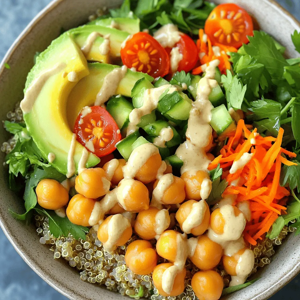 To make your Easy Chickpea Buddha Bowl, you need the following fresh ingredients: - 1 can (15 oz) chickpeas, drained and rinsed - 1 cup quinoa, rinsed - 2 cups vegetable broth or water - 1 avocado, sliced - 1 cup cherry tomatoes, halved - 1 cucumber, diced - 1 cup spinach or mixed greens - 1 carrot, grated - 2 tablespoons tahini - 2 tablespoons lemon juice - 1 tablespoon olive oil - 1 teaspoon garlic powder - Salt and pepper to taste - Fresh parsley or cilantro for garnish These ingredients come together to create a tasty and colorful bowl. Chickpeas add protein, while quinoa serves as a lovely base. Fresh veggies like tomatoes, cucumber, and spinach boost nutrition and flavor. The tahini dressing ties everything together with a creamy, nutty taste. Feel free to mix and match your toppings. You can make it your own! For the complete recipe, check out the full recipe. - Combine 1 cup of rinsed quinoa and 2 cups of vegetable broth (or water) in a saucepan. - Bring the mix to a boil, then reduce heat to a simmer. Cover the saucepan and let it cook for about 15 minutes until all the liquid is absorbed. Fluff the quinoa with a fork and set it aside. - Heat a skillet over medium heat. - Add 1 can of drained and rinsed chickpeas to the skillet. Sprinkle garlic powder, salt, and pepper over them. - Sauté the chickpeas for about 5 to 7 minutes, stirring occasionally until they are golden and slightly crispy. - In a small bowl, whisk together 2 tablespoons of tahini, 2 tablespoons of lemon juice, and 1 tablespoon of olive oil. - If the dressing is too thick, add a little water until you achieve your desired consistency. - Start with a base of cooked quinoa in a large bowl. - Layer a generous portion of spinach or mixed greens on top. - Add the sautéed chickpeas, sliced avocado, halved cherry tomatoes, diced cucumber, and grated carrot on top of the greens. - Pour the tahini dressing over the assembled Buddha bowl, letting it flow over all the ingredients. - Finish your bowl by adding fresh parsley or cilantro for a burst of flavor and color. - Ensure quinoa is thoroughly rinsed for best flavor. - Monitor chickpeas to avoid overcooking. Cooking quinoa correctly is key. Rinsing it removes bitter saponins. This step enhances the taste. When cooking, bring the liquid to a boil first. Then, lower the heat and cover it. Fluff it gently with a fork when done. For the chickpeas, heat a skillet over medium heat. Add the chickpeas after draining. Sprinkle them with garlic powder, salt, and pepper. Stir often to prevent burning. You want them golden and slightly crispy, not mushy. - Use large, shallow bowls for serving. - Arrange toppings in sections for visual appeal. Serving in shallow bowls makes your dish pop. It highlights the vibrant colors of your ingredients. When placing toppings, keep them in neat sections. This method creates a beautiful visual appeal. Your meal becomes more inviting and appetizing. - Experiment with different dressings or seasonings. - Incorporate extra vegetables as desired. Feel free to get creative! Different dressings can change the dish’s taste. Try adding a spicy sauce or a tangy vinaigrette. You can also mix in other vegetables. Think bell peppers, radishes, or zucchini for added crunch and flavor. Enjoy customizing your Easy Chickpea Buddha Bowl! For the complete recipe, check out the [Full Recipe]. {{image_2}} You can easily change the base of your bowl. Swap quinoa for brown rice or couscous. Both options offer great flavors and textures. You can also use assorted greens like kale or arugula. These greens add crunch and nutrition to your meal. Want to boost the protein? Add grilled chicken or tofu. Both options complement chickpeas well. You can also incorporate roasted vegetables for extra flavor and nutrients. Roasted sweet potatoes or bell peppers work wonderfully. If you're looking for a change in flavor, try different dressings. Substitute tahini with yogurt or hummus for a creamy touch. You can also use balsamic vinegar or a soy-based dressing. Each dressing will give your bowl a new twist. Feel free to mix and match these ideas. Your Easy Chickpea Buddha Bowl can be anything you want it to be! For the complete recipe, check the full recipe link. Store leftovers in airtight containers. This keeps them fresh and tasty. Consume within 3-4 days for best quality. You want to enjoy every bite! You can freeze the Chickpea Buddha Bowl without the dressing. This works well for meal prep. Thaw it in the fridge before you eat. Then, assemble fresh ingredients before serving. Reheat the quinoa and chickpeas gently on the stove. This keeps them from getting tough. Avoid reheating dressed salad to maintain quality. You want that fresh taste every time! Add grains, seeds, or nuts for extra protein and energy. Quinoa is a great choice. You can also try brown rice or farro for variety. Nuts like almonds or walnuts add crunch. Seeds such as chia or hemp boost nutrition too. Yes, canned are convenient and save preparation time. Just rinse them well before use. They are already cooked, so it cuts down on time. This makes your meal prep much easier. Consider avocado, roasted vegetables, or seeds like pumpkin or sunflower. These toppings add flavor and texture. You can also use pickled onions or feta cheese for a twist. Fresh herbs like cilantro or parsley enhance taste too. Yes, it is entirely plant-based and vegan-friendly. You can enjoy it without worry. This bowl is packed with nutrients, making it a healthy choice for everyone. Store in the refrigerator for up to a week in an airtight container. This keeps it fresh and tasty. You can use it on salads or other bowls too. Check our blog for the full Chickpea Bliss Buddha Bowl recipe! It has all the details you need to make this delicious meal. This blog post covered all you need to make a delicious Chickpea Buddha Bowl. You learned about the key ingredients, step-by-step instructions, and tips for perfecting your dish. Plus, we shared variations to suit different diets. You can store leftovers with ease and make your meal last longer. For tasty meals, embrace your creativity with toppings and dressings. Enjoy crafting your own Buddha Bowls and share with friends!