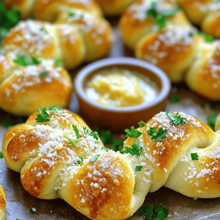 - 1 package of refrigerated pizza dough - 4 tablespoons unsalted butter, melted - 4 cloves garlic, minced - 1 teaspoon dried oregano - 1 teaspoon garlic powder - ½ cup grated Parmesan cheese - 1 tablespoon fresh parsley, chopped These ingredients form the base of your garlic parmesan knots. The refrigerated pizza dough is easy to use and saves time. Unsalted butter gives a rich flavor when you brush it on. Fresh garlic adds a strong aroma and taste. Dried oregano brings a hint of earthiness, while garlic powder boosts the garlic flavor. Grated Parmesan cheese melts perfectly over the knots, adding a salty bite. Finally, fresh parsley gives a pop of color and freshness. - Crushed red pepper flakes - Fresh herbs (basil, thyme) - Cheese variations (mozzarella, cheddar) These optional add-ins let you customize your knots. Crushed red pepper flakes add heat if you like spice. Fresh herbs like basil or thyme can give a unique twist. For cheese lovers, mozzarella or cheddar can make the knots even cheesier. - Gluten-free pizza dough - Vegan butter options - Nutritional yeast as a Parmesan substitute You can easily adjust this recipe for different diets. If you're gluten-free, use gluten-free pizza dough. For a vegan option, try plant-based butter. Nutritional yeast can replace Parmesan if you want a dairy-free version. This flexibility makes garlic parmesan knots a crowd-pleaser for everyone. For the full recipe, check the details above. - Preheat your oven to 400°F (200°C). - Line a baking sheet with parchment paper. - On a floured surface, roll out the pizza dough into a rectangle about ½ inch thick. - Cut the dough into strips that are about 1 inch wide. - Take each strip and twist it into a knot shape. - Place the knots on the prepared baking sheet, leaving some space between each. - In a small bowl, mix melted butter, minced garlic, oregano, garlic powder, salt, and pepper. - Brush half of the garlic butter mixture over the knots. Make sure they are well coated. You can find the full recipe and more details in the main section. Follow these steps closely for a tasty treat! To make the best garlic parmesan knots, you need to coat them evenly with butter. This step gives every bite rich flavor. Use a brush to apply the melted garlic butter mix. It helps all the flavors stick well. Adjust the baking time for the crispiness you want. If you like them soft, bake for about 12 minutes. For a crunchier knot, let them bake for 15 minutes. Keep an eye on them to avoid burning. Garlic parmesan knots taste great with marinara sauce or a garlic dip. These dips add extra flavor and make the knots even better. They are perfect for parties or game days. Everyone loves to snack on them while they watch a game or enjoy a gathering. If you have leftover knots, you can reheat them easily. The best method is to use an oven. Set it to 350°F (175°C) and place the knots on a baking sheet. Bake for about 5-7 minutes. This method keeps them crisp. Avoid sogginess by storing the knots in an airtight container. Make sure they cool completely before sealing. This way, they stay fresh and tasty for your next snack. {{image_2}} You can take garlic parmesan knots to new heights with flavor variations. One tasty twist is to add cheese-stuffed centers. Simply roll the dough around small pieces of mozzarella or cheddar. This gives each knot a gooey surprise. Another option is to experiment with different herb blends. Try mixing in thyme or rosemary for a fragrant kick. You might also consider adding crushed red pepper flakes for a bit of spice. For those needing gluten-free options, you can use gluten-free pizza dough. Many brands make good choices that work well. This way, everyone can enjoy these tasty knots. If you want vegan adaptations, swap out the butter for vegan butter. You can also replace Parmesan cheese with nutritional yeast. This will still give you a cheesy flavor without using dairy. Bring some global flair with international twists. For an Italian-style version, add extra herbs like basil or oregano to the butter mixture. This will enhance the aroma and flavor. If you crave heat, try spicy twists. You can mix in jalapeño pieces or drizzle sriracha on top before serving. These variations keep your garlic parmesan knots exciting and fresh. For the full recipe, check out [Full Recipe]. To store leftover garlic parmesan knots, let them cool first. Place them in an airtight container. You can also wrap them tightly in plastic wrap or aluminum foil. This keeps them fresh longer. Store them in the fridge for up to three days. After that, they may lose their taste and texture. You can freeze the knots before or after baking. To freeze before baking, shape the knots and place them on a baking sheet. Freeze them until solid, then transfer them to a freezer bag. For freezing after baking, let them cool completely. Then, wrap them well and place in a freezer bag. They can last up to three months in the freezer. To thaw, place the frozen knots in the fridge overnight. For quick thawing, you can use the microwave on low power. When ready to eat, reheat them in the oven at 350°F (175°C) for about 10 minutes. This helps them regain their crispy texture. Serve your garlic parmesan knots warm for the best taste. The cheese melts and the garlic aroma shines when they’re fresh. Serve them with marinara sauce or garlic dip for added flavor. Always check the temperature before serving. Hot knots are more enjoyable than cold ones. Enjoy your delicious Garlic Parmesan Knots using the Full Recipe! To make garlic parmesan knots, you need just a few ingredients. First, gather: - 1 package of refrigerated pizza dough - 4 tablespoons unsalted butter, melted - 4 cloves garlic, minced - 1 teaspoon dried oregano - 1 teaspoon garlic powder - ½ cup grated Parmesan cheese - 1 tablespoon fresh parsley, chopped (for garnish) - Salt and pepper to taste Start by preheating your oven to 400°F (200°C). Line a baking sheet with parchment paper. Roll out the pizza dough into a rectangle about ½ inch thick. Cut it into strips that are 1 inch wide. Twist each strip into a knot shape and place them on the baking sheet with a little space between each. In a bowl, mix the melted butter, minced garlic, oregano, garlic powder, salt, and pepper. Brush half of this mixture over the knots. Bake for 12-15 minutes until they are golden brown. Once done, drizzle the rest of the garlic butter over the knots and sprinkle with Parmesan cheese while hot. Garnish with parsley. Enjoy your delicious garlic parmesan knots! Yes, you can prepare garlic parmesan knots ahead of time. You can shape the knots and place them on the baking sheet. Cover them with plastic wrap and store in the fridge for up to 24 hours. When you're ready to bake, just remove the wrap and brush with garlic butter. If you have leftovers, you can reheat them in the oven. Set the oven to 350°F (175°C) and bake for about 5-7 minutes. This keeps them warm and crispy. Garlic parmesan knots are great with many dips. Here are some tasty options: - Marinara sauce - Garlic butter sauce - Ranch dressing - Pesto sauce - Cheese dip These dips add extra flavor and make for a fun appetizer. To keep garlic parmesan knots fresh, store them in an airtight container. Place parchment paper between layers if needed. They can last for 2-3 days in the fridge. For longer storage, freeze them. To freeze, place the knots on a baking sheet and freeze until solid. Then transfer them to a freezer bag. When you're ready to enjoy them, thaw in the fridge overnight and reheat in the oven. This keeps them tasty and warm. Garlic Parmesan knots are tasty and fun to make. You learned about the key ingredients and ways to customize them. We covered step-by-step instructions, tips for perfecting your knots, and fun variations. With these ideas, you can impress guests at any gathering. Whether you stick to the basics or try something new, these knots will be a hit. Enjoy your cooking and happy knot-making!