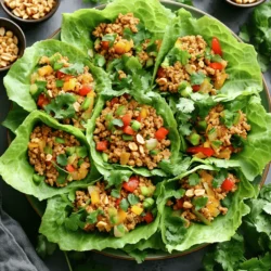 To make Asian Chicken Lettuce Wraps, you will need: - 1 lb ground chicken - 1 tablespoon sesame oil - 1 small onion, finely chopped - 2 cloves garlic, minced - 1 inch ginger, grated - 1 red bell pepper, diced - 1 cup water chestnuts, chopped - 3 green onions, sliced - ¼ cup hoisin sauce - 2 tablespoons soy sauce (low sodium) - 1 tablespoon rice vinegar - 1 teaspoon sriracha (adjust for spice preference) - Salt and pepper to taste - 1 head of butter or romaine lettuce, leaves separated - Fresh cilantro, for garnish - Chopped peanuts, for garnish Each serving of these wraps is tasty and healthy. Here is a rough breakdown: - Calories: 280 - Protein: 24g - Fat: 15g - Carbohydrates: 12g - Fiber: 2g - Sugar: 3g These wraps provide lean protein from the chicken and fiber from the veggies. You can swap some ingredients for your taste or dietary needs: - Use turkey or tofu instead of ground chicken for a lighter option. - Substitute coconut aminos for soy sauce to make it soy-free. - If you don’t have hoisin sauce, mix peanut butter, soy sauce, and honey. - Try using iceberg lettuce if you prefer a crunchier wrap. These swaps keep the essence of the dish while catering to your needs. For the full recipe, check out the [Full Recipe]. First, gather your ingredients. You need ground chicken, sesame oil, onion, garlic, ginger, red bell pepper, water chestnuts, green onions, hoisin sauce, soy sauce, rice vinegar, sriracha, lettuce, cilantro, and peanuts. Wash your lettuce leaves carefully. Set them aside on a plate or in a bowl. Chop the onion, garlic, ginger, red bell pepper, and green onions. Make sure to dice the water chestnuts into small pieces. In a large skillet, heat the sesame oil over medium heat. Add the chopped onion. Sauté the onion until it turns soft and clear, about 3 to 4 minutes. Next, stir in the minced garlic and grated ginger. Cook these for 1 to 2 minutes until you smell their great aroma. Now, turn up the heat to medium-high. Add the ground chicken into the skillet. Break it up with a spatula as it cooks. Keep cooking until it turns brown and is fully cooked, which takes about 5 to 7 minutes. Once the chicken is ready, toss in the diced red bell pepper and chopped water chestnuts. Stir to mix everything well. Cook this for another 3 to 4 minutes until the vegetables soften. In a small bowl, whisk together the hoisin sauce, soy sauce, rice vinegar, sriracha, salt, and pepper. Pour this sauce over the chicken mixture, stirring to coat it evenly. Cook for 2 to 3 more minutes to let the flavors mix nicely. Finally, remove the skillet from the heat and stir in the sliced green onions. To assemble the wraps, take a lettuce leaf and spoon a generous amount of the chicken mixture onto it. Add fresh cilantro and chopped peanuts on top for a burst of flavor. You can serve these wraps right away. For a fun touch, place the wraps on a large platter. Offer extra cilantro and peanuts in small bowls. Guests can customize their own wraps! For full details on making this dish, check the Full Recipe. To make great Asian chicken lettuce wraps, use fresh ingredients. Fresh herbs add flavor. Use ground chicken for a juicy filling. Heat the sesame oil before adding the onion. This step brings out the oil's flavor. Sauté the onion until it turns soft. Don't rush this step; it takes about 3-4 minutes. Add garlic and ginger for more taste. Cook them just until they smell good, about 1-2 minutes. Make sure the chicken is fully cooked. It should be browned and crumbly. Mix in the bell pepper and water chestnuts. These add crunch and color. Stir everything together well before adding the sauce. Serve these wraps as a fun appetizer or a light meal. Each guest can build their wrap. They can add cilantro and peanuts to their taste. Pair them with a side of rice or noodles for a complete meal. These wraps also work well at parties. Set up a wrap station with all ingredients out. This way, everyone can customize their dish. Make your wraps look stunning on the table. Use a large platter to display the lettuce leaves. Arrange the chicken mixture in the center. Add small bowls of cilantro and peanuts nearby. This allows guests to add their own toppings. You can also garnish with extra green onions for a pop of color. Serving these wraps this way makes them more inviting. It adds to the fun of eating! For the full recipe, click here. {{image_2}} You can easily make a vegetarian version of these wraps. Instead of ground chicken, use mushrooms or tofu. Both options soak up flavors well. I love using a mix of shiitake and portobello mushrooms. They add a nice, meaty texture. For tofu, press it first to remove extra water. Then, crumble it into small pieces. Follow the same cooking steps as in the full recipe. If you like heat, add more sriracha or chili flakes. You can also mix in diced jalapeños while cooking. For a smoky flavor, try chipotle peppers in adobo sauce. They add depth and spice. Adjust the heat to match your taste. Always taste your mix before serving. This way, you can balance flavors just right. Changing sauces can create new flavors. Besides hoisin, try peanut sauce for a nutty kick. You can also use sweet chili sauce for a sweet touch. A tangy ponzu sauce adds brightness. For a creamy option, mix Greek yogurt with lime juice. This adds a refreshing twist. Serve sauces in small bowls for guests to choose. After you enjoy your Asian chicken lettuce wraps, store any leftovers in an airtight container. Make sure to separate the chicken mixture from the lettuce leaves. This keeps the lettuce crisp. Place the chicken in its own container, too. Leftovers will stay fresh in the fridge for up to three days. To reheat the chicken mixture, warm it in a skillet over medium heat for about 5 minutes. Stir it often to heat evenly. You can also use the microwave. Heat in short bursts of 30 seconds, stirring in between. Avoid reheating the lettuce leaves. They won’t stay fresh. If you want to save leftovers longer, freeze the chicken mixture. Use a freezer-safe container or bag. It will keep well for about two months. When ready to eat, thaw it in the fridge overnight. Reheat as mentioned before. Do not freeze the lettuce leaves, as they will wilt. For a full flavor experience, make this dish fresh when you can! Check the Full Recipe for more details. The best types of lettuce for wraps are butter lettuce and romaine lettuce. Butter lettuce has soft, flexible leaves. It holds filling well and adds a nice crunch. Romaine is also sturdy and crisp. It gives a good bite and keeps its shape. Yes, you can use different meats! Ground turkey or pork work great too. You can even try tofu for a vegetarian option. Each meat brings a unique flavor to the wraps. Just adjust the cooking time if needed. You can prepare the chicken mixture ahead of time. Cook it, then cool it down. Store it in an airtight container. When ready to serve, just reheat the chicken. Assemble the wraps with fresh lettuce leaves. This keeps everything crisp. Yes, this recipe can be gluten-free. Use gluten-free soy sauce instead of regular soy sauce. Always check labels on sauces to ensure they are gluten-free. This way, everyone can enjoy the wraps. Asian chicken lettuce wraps have roots in Chinese cuisine. They are popular in many Asian restaurants. The dish combines fresh, crunchy lettuce with flavorful fillings. It offers a fun, interactive way to enjoy a meal. You can find the full recipe in this article to make them at home! This blog post covered the key parts of making chicken lettuce wraps. We looked at ingredients, cooking steps, tips, and ways to store leftovers. I shared how to mix in variations, like vegetarian and spicy options. In closing, getting creative with these wraps can make meals fun and healthy. Enjoy making them just the way you like!