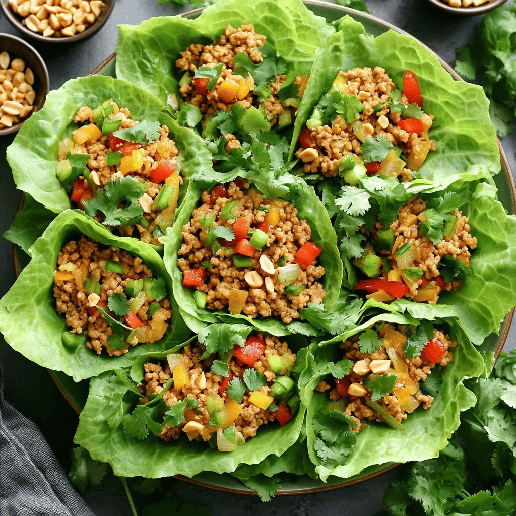 To make Asian Chicken Lettuce Wraps, you will need: - 1 lb ground chicken - 1 tablespoon sesame oil - 1 small onion, finely chopped - 2 cloves garlic, minced - 1 inch ginger, grated - 1 red bell pepper, diced - 1 cup water chestnuts, chopped - 3 green onions, sliced - ¼ cup hoisin sauce - 2 tablespoons soy sauce (low sodium) - 1 tablespoon rice vinegar - 1 teaspoon sriracha (adjust for spice preference) - Salt and pepper to taste - 1 head of butter or romaine lettuce, leaves separated - Fresh cilantro, for garnish - Chopped peanuts, for garnish Each serving of these wraps is tasty and healthy. Here is a rough breakdown: - Calories: 280 - Protein: 24g - Fat: 15g - Carbohydrates: 12g - Fiber: 2g - Sugar: 3g These wraps provide lean protein from the chicken and fiber from the veggies. You can swap some ingredients for your taste or dietary needs: - Use turkey or tofu instead of ground chicken for a lighter option. - Substitute coconut aminos for soy sauce to make it soy-free. - If you don’t have hoisin sauce, mix peanut butter, soy sauce, and honey. - Try using iceberg lettuce if you prefer a crunchier wrap. These swaps keep the essence of the dish while catering to your needs. For the full recipe, check out the [Full Recipe]. First, gather your ingredients. You need ground chicken, sesame oil, onion, garlic, ginger, red bell pepper, water chestnuts, green onions, hoisin sauce, soy sauce, rice vinegar, sriracha, lettuce, cilantro, and peanuts. Wash your lettuce leaves carefully. Set them aside on a plate or in a bowl. Chop the onion, garlic, ginger, red bell pepper, and green onions. Make sure to dice the water chestnuts into small pieces. In a large skillet, heat the sesame oil over medium heat. Add the chopped onion. Sauté the onion until it turns soft and clear, about 3 to 4 minutes. Next, stir in the minced garlic and grated ginger. Cook these for 1 to 2 minutes until you smell their great aroma. Now, turn up the heat to medium-high. Add the ground chicken into the skillet. Break it up with a spatula as it cooks. Keep cooking until it turns brown and is fully cooked, which takes about 5 to 7 minutes. Once the chicken is ready, toss in the diced red bell pepper and chopped water chestnuts. Stir to mix everything well. Cook this for another 3 to 4 minutes until the vegetables soften. In a small bowl, whisk together the hoisin sauce, soy sauce, rice vinegar, sriracha, salt, and pepper. Pour this sauce over the chicken mixture, stirring to coat it evenly. Cook for 2 to 3 more minutes to let the flavors mix nicely. Finally, remove the skillet from the heat and stir in the sliced green onions. To assemble the wraps, take a lettuce leaf and spoon a generous amount of the chicken mixture onto it. Add fresh cilantro and chopped peanuts on top for a burst of flavor. You can serve these wraps right away. For a fun touch, place the wraps on a large platter. Offer extra cilantro and peanuts in small bowls. Guests can customize their own wraps! For full details on making this dish, check the Full Recipe. To make great Asian chicken lettuce wraps, use fresh ingredients. Fresh herbs add flavor. Use ground chicken for a juicy filling. Heat the sesame oil before adding the onion. This step brings out the oil's flavor. Sauté the onion until it turns soft. Don't rush this step; it takes about 3-4 minutes. Add garlic and ginger for more taste. Cook them just until they smell good, about 1-2 minutes. Make sure the chicken is fully cooked. It should be browned and crumbly. Mix in the bell pepper and water chestnuts. These add crunch and color. Stir everything together well before adding the sauce. Serve these wraps as a fun appetizer or a light meal. Each guest can build their wrap. They can add cilantro and peanuts to their taste. Pair them with a side of rice or noodles for a complete meal. These wraps also work well at parties. Set up a wrap station with all ingredients out. This way, everyone can customize their dish. Make your wraps look stunning on the table. Use a large platter to display the lettuce leaves. Arrange the chicken mixture in the center. Add small bowls of cilantro and peanuts nearby. This allows guests to add their own toppings. You can also garnish with extra green onions for a pop of color. Serving these wraps this way makes them more inviting. It adds to the fun of eating! For the full recipe, click here. {{image_2}} You can easily make a vegetarian version of these wraps. Instead of ground chicken, use mushrooms or tofu. Both options soak up flavors well. I love using a mix of shiitake and portobello mushrooms. They add a nice, meaty texture. For tofu, press it first to remove extra water. Then, crumble it into small pieces. Follow the same cooking steps as in the full recipe. If you like heat, add more sriracha or chili flakes. You can also mix in diced jalapeños while cooking. For a smoky flavor, try chipotle peppers in adobo sauce. They add depth and spice. Adjust the heat to match your taste. Always taste your mix before serving. This way, you can balance flavors just right. Changing sauces can create new flavors. Besides hoisin, try peanut sauce for a nutty kick. You can also use sweet chili sauce for a sweet touch. A tangy ponzu sauce adds brightness. For a creamy option, mix Greek yogurt with lime juice. This adds a refreshing twist. Serve sauces in small bowls for guests to choose. After you enjoy your Asian chicken lettuce wraps, store any leftovers in an airtight container. Make sure to separate the chicken mixture from the lettuce leaves. This keeps the lettuce crisp. Place the chicken in its own container, too. Leftovers will stay fresh in the fridge for up to three days. To reheat the chicken mixture, warm it in a skillet over medium heat for about 5 minutes. Stir it often to heat evenly. You can also use the microwave. Heat in short bursts of 30 seconds, stirring in between. Avoid reheating the lettuce leaves. They won’t stay fresh. If you want to save leftovers longer, freeze the chicken mixture. Use a freezer-safe container or bag. It will keep well for about two months. When ready to eat, thaw it in the fridge overnight. Reheat as mentioned before. Do not freeze the lettuce leaves, as they will wilt. For a full flavor experience, make this dish fresh when you can! Check the Full Recipe for more details. The best types of lettuce for wraps are butter lettuce and romaine lettuce. Butter lettuce has soft, flexible leaves. It holds filling well and adds a nice crunch. Romaine is also sturdy and crisp. It gives a good bite and keeps its shape. Yes, you can use different meats! Ground turkey or pork work great too. You can even try tofu for a vegetarian option. Each meat brings a unique flavor to the wraps. Just adjust the cooking time if needed. You can prepare the chicken mixture ahead of time. Cook it, then cool it down. Store it in an airtight container. When ready to serve, just reheat the chicken. Assemble the wraps with fresh lettuce leaves. This keeps everything crisp. Yes, this recipe can be gluten-free. Use gluten-free soy sauce instead of regular soy sauce. Always check labels on sauces to ensure they are gluten-free. This way, everyone can enjoy the wraps. Asian chicken lettuce wraps have roots in Chinese cuisine. They are popular in many Asian restaurants. The dish combines fresh, crunchy lettuce with flavorful fillings. It offers a fun, interactive way to enjoy a meal. You can find the full recipe in this article to make them at home! This blog post covered the key parts of making chicken lettuce wraps. We looked at ingredients, cooking steps, tips, and ways to store leftovers. I shared how to mix in variations, like vegetarian and spicy options. In closing, getting creative with these wraps can make meals fun and healthy. Enjoy making them just the way you like!