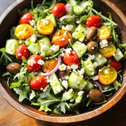 To make a simple Greek salad, gather these fresh and tasty ingredients: - Fresh arugula - Cucumber - Cherry tomatoes - Red onion - Kalamata olives - Feta cheese - Olive oil - Red wine vinegar - Dried oregano - Salt and pepper You will love how these ingredients blend together. The arugula adds a peppery taste, while the cucumber brings crunch. Cherry tomatoes add sweetness and color. Red onion gives a bit of zest. Kalamata olives offer a salty bite, and feta cheese adds creaminess. For the dressing, olive oil and red wine vinegar create a tangy flavor. Dried oregano adds an herbal note, while salt and pepper help balance everything. This mix makes an easy, healthy, and delicious salad. Check out the Full Recipe for step-by-step guidance to prepare this delight. To make your Simple Greek Salad, follow these easy steps. - Base with arugula: Start by adding 2 cups of fresh arugula to a large salad bowl. This green adds a nice peppery flavor and a healthy crunch. - Add vegetables: Next, dice 1 medium cucumber, halve 1 cup of cherry tomatoes, and thinly slice 1/2 red onion. Scatter these colorful veggies on top of the arugula. You can see how fresh and inviting it looks. - Sprinkle feta cheese: Now, take 1 cup of crumbled feta cheese and sprinkle it evenly over the salad. This cheese gives a creamy and salty taste that pairs well with the veggies. - Make the dressing: In a small bowl, whisk together 1/4 cup of extra-virgin olive oil, 2 tablespoons of red wine vinegar, and 1 teaspoon of dried oregano. Add salt and pepper to taste. This dressing adds a zesty kick to the salad. - Combine and toss the salad: Drizzle your dressing over the salad. Gently toss all the ingredients together. Make sure everything is coated well with that tasty dressing. - Adjust seasoning: Finally, taste the salad. If needed, adjust the seasoning. Add more salt, pepper, or vinegar to suit your taste buds. This salad is quick to make and packed with flavors. For the complete recipe, check out the full recipe. Enjoy this healthy and vibrant dish! - Pair with proteins: This salad shines with added proteins. Try grilled chicken, shrimp, or chickpeas. They elevate the dish and make it a full meal. - Best serve chilled: A chilled salad tastes fresh and crisp. Store it in the fridge before serving. This keeps the flavors lively and enjoyable. - Garnish ideas: Fresh herbs like parsley or mint brighten your salad. Add a sprinkle of fresh herbs just before serving. It adds color and flavor. - Overdressing the salad: Too much dressing can make the salad soggy. Use just enough to coat the ingredients lightly. You want to enhance flavors, not drown them. - Using stale ingredients: Fresh ingredients make a big difference. Always check your vegetables and cheese. Wilting or old items will ruin your salad's taste. - Not balancing flavors: A good salad needs balance. Ensure you have salty feta, sweet tomatoes, and crisp cucumbers. Taste as you go to adjust the flavors. {{image_2}} You can easily change your Greek salad to fit your taste. For protein, try adding grilled chicken or shrimp. These choices boost flavor and make the salad heartier. You can also use chickpeas for a vegetarian option. They add protein and texture. If you want a different cheese, switch to goat cheese. Goat cheese gives the salad a tangy taste. It pairs well with the veggies and olives. Another fun change is to use different olives. While Kalamata olives are classic, try green olives or Castelvetrano olives. Each olive type has its own flavor, adding a new twist to your dish. Seasonal ingredients can freshen up your Greek salad. In the summer, add fruits like peaches or watermelon. These sweet fruits contrast nicely with the salty feta and olives. They add a refreshing touch on hot days. In winter, consider adding roasted vegetables. Roasted bell peppers or zucchini can give warmth to your salad. You might also try adding nuts like walnuts for extra crunch and flavor. These variations keep your Greek salad exciting and full of flavor all year. For the full recipe, check the Mediterranean Bliss Salad section. To keep your Simple Greek Salad fresh, store it in the fridge. Use an airtight container to seal in the flavors. This will help prevent the veggies from getting soggy. If you have dressing left over, store it separately. This keeps everything crisp. In the fridge, your salad will stay good for about three days. If you notice any mushy veggies or a bad smell, it's time to toss it. Always trust your senses. If it doesn’t look or smell right, don’t eat it. Enjoy your Mediterranean Bliss Salad while it’s fresh! For the full recipe, check out the linked section above. The original Greek salad, or Horiatiki, uses fresh and simple ingredients. It typically includes tomatoes, cucumbers, red onion, green peppers, olives, and feta cheese. The dressing is just olive oil, salt, and oregano. The salad does not have lettuce, making it a true representation of Greek flavors. You can find a full recipe for a Mediterranean Bliss Salad that follows this tradition while adding a twist. Yes, you can prepare this salad ahead of time. I recommend cutting the vegetables and storing them separately. This keeps them fresh and crisp. Mix the dressing in another container. Combine everything just before serving. This way, your salad stays bright and tasty, not soggy. Making a simple Greek dressing is easy. You need just a few ingredients. Start with extra-virgin olive oil and red wine vinegar. Add salt, pepper, and dried oregano for flavor. Whisk these ingredients together in a bowl. Drizzle the dressing over your salad when ready to serve. This punchy dressing enhances the fresh flavors of your Greek salad. This blog post covered how to make a delicious Greek salad. We explored fresh ingredients, step-by-step instructions, and tips for the best flavors. Don't forget to adjust your dressing and watch for common mistakes like over-seasoning. You can add proteins or switch cheeses to make it your own. Proper storage is key to keeping leftovers fresh. Enjoy your salad chilled for the best taste experience. With these tips, you’ll impress everyone at your next meal. Dive into making your salad and enjoy every bite!