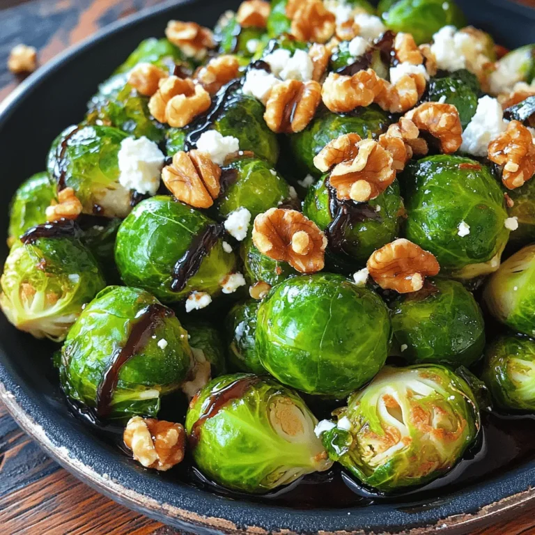 - 1 lb Brussels sprouts, trimmed and halved - 2 tablespoons olive oil - 1/4 teaspoon salt - 1/4 teaspoon black pepper - 2 tablespoons balsamic vinegar - 1 tablespoon honey (or maple syrup for a vegan option) - 1/2 teaspoon garlic powder - Optional toppings: walnuts and feta cheese Roasted Brussels sprouts with balsamic glaze are simple and tasty. The key is fresh ingredients. Start with 1 pound of Brussels sprouts. Trim the ends and cut them in half. This helps them cook evenly. Next, add 2 tablespoons of olive oil. This oil brings flavor and helps the sprouts cook. Sprinkle in 1/4 teaspoon of salt and 1/4 teaspoon of black pepper. This seasoning enhances the taste. For the glaze, gather 2 tablespoons of balsamic vinegar and 1 tablespoon of honey. You can use maple syrup if you prefer a vegan option. This glaze adds a sweet and tangy touch. Finally, add 1/2 teaspoon of garlic powder for a savory kick. You can also add optional toppings. Chopped walnuts give a nice crunch. Crumbled feta cheese adds creaminess. These extras make the dish even better. For the full recipe, check out the details above. - Preheat your oven to 400°F (200°C). - In a large bowl, combine 1 lb of halved Brussels sprouts with 2 tablespoons of olive oil, 1/4 teaspoon of salt, 1/4 teaspoon of black pepper, and 1/2 teaspoon of garlic powder. Toss them well. This makes sure each sprout gets coated. - Spread the Brussels sprouts on a baking sheet in a single layer, cut side down. This helps them caramelize nicely. - Roast them in the oven for 20-25 minutes until they are tender and crispy. You will see the outer leaves turn brown and crispy. - In a small saucepan, combine 2 tablespoons of balsamic vinegar and 1 tablespoon of honey over medium heat. - Stir the mixture until it begins to simmer. Then, reduce the heat and let it simmer for about 5 minutes until it thickens slightly. This glaze adds a sweet and tangy flavor to the sprouts. For the full recipe, check out the details above. - Place the halved Brussels sprouts cut side down. This helps them caramelize well. - Do not overcrowd the baking sheet. Give each sprout space to roast evenly. - Always use fresh ingredients. Fresh Brussels sprouts taste much better than old ones. - Feel free to try different seasonings. Garlic, lemon zest, or red pepper flakes add great flavor. - You can adjust the sweetness of the glaze. Add more or less honey to match your taste. - Let the glaze cool for a thicker texture. This helps it stick better to the sprouts. For the full recipe, check out the detailed instructions and ingredients list. {{image_2}} If you want a vegan dish, use maple syrup instead of honey. This swap keeps the sweetness while making it plant-based. Maple syrup adds a nice, rich flavor to the glaze. You won't even miss the honey! For a heartier meal, add cooked bacon or chickpeas. Crispy bacon gives a savory crunch. Chickpeas add protein and make it filling. Both options change the dish while keeping it tasty. Try adding balsamic reduction with herbs or citrus zest. Herbs like thyme or rosemary enhance the taste. A bit of lemon zest brightens the glaze. These changes boost flavor and make the dish unique. Explore the full recipe for more ideas! After enjoying your roasted Brussels sprouts, store any leftovers in an airtight container. This keeps them fresh and tasty in the fridge for up to three days. Make sure to let them cool down first, so you don’t trap steam inside the container. This helps avoid soggy sprouts. To bring back that crispy texture, the oven is your best friend. Preheat it to 350°F (175°C). Spread the Brussels sprouts on a baking sheet. Heat them for about 10-15 minutes. This method keeps them crunchy and delicious, just like when you first made them. You can freeze Brussels sprouts if you want to save some for later. First, blanch them in hot water for about three minutes. Then, quickly cool them in ice water. Drain and pack them in freezer bags, removing as much air as possible. When ready to use, thaw them overnight in the fridge. This method keeps their flavor and texture intact. Typical roasting time is 20-25 minutes. I find that this gives them a nice crispy outside. You want them tender inside but with a bit of crunch. Always check around the 20-minute mark. If they are not done, give them a few more minutes. Fresh Brussels sprouts are recommended for best texture, but you can use frozen if needed. Frozen sprouts may not get as crispy. They tend to be softer. If you use frozen, make sure to thaw them first. This helps them roast better. Pair with proteins like chicken, pork, or serve as a side to pasta dishes. They also go well with fish. You can add them to grain bowls or salads for extra flavor. Try them with a nice piece of salmon for a lovely meal. For more ideas, check out the Full Recipe. Roasting Brussels sprouts is easy and fun. We covered the best ingredients, prep, and cooking methods. You learned tips for perfect results and how to store leftovers. Remember, using fresh ingredients makes a big difference. Experiment with flavors to find your favorites. With these steps, your Brussels sprouts will impress everyone. Enjoy the process, try new ideas, and savor the deliciousness! Happy cooking!