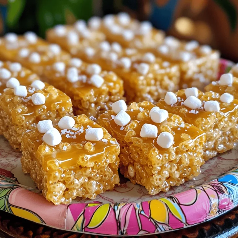 - 6 cups Rice Krispies cereal - 1 cup mini marshmallows - 1 cup peanut butter (smooth or crunchy) - 1 cup unsalted butter (2 sticks) - 1 cup granulated sugar - 1/2 cup brown sugar, packed - 1 teaspoon vanilla extract - 1 teaspoon sea salt (plus extra for garnish) You might want to change some ingredients. Here are a few ideas: - For a vegan option, use coconut oil in place of butter. Swap regular marshmallows for vegan ones. - If you need gluten-free treats, look for gluten-free Rice Krispies. They taste just as good! - You can use sunflower seed butter or soy nut butter instead of peanut butter for nut-free treats. These swaps keep the fun and flavor intact while meeting dietary needs. Enjoy the process of making your treats! To start, gather a large saucepan and place it on medium heat. First, melt one cup of unsalted butter. Once the butter is melted, add one cup of granulated sugar and half a cup of packed brown sugar. Stir this mixture continuously until it starts to boil lightly. This step is key for a smooth caramel. Next, reduce the heat to low. Carefully mix in one cup of mini marshmallows and one cup of peanut butter. Stir until the mix is fully melted and smooth. This should take about 2-3 minutes. The marshmallows and peanut butter give the caramel its rich, gooey texture. Now, it’s time to fold in the Rice Krispies. You will need six cups of Rice Krispies cereal for this step. Gently add the cereal to the caramel mixture. Make sure to fold it in carefully. This helps to coat each piece evenly without crushing them. An even coating ensures that every bite is packed with flavor. Before pouring the mixture, grease a 9x13 inch baking dish. You can use cooking spray or some butter to prevent sticking. Pour the Rice Krispie mixture into the dish. Spread it evenly using a spatula or your greased hands. Press down firmly to compact the mixture well. After pressing, allow the treats to cool at room temperature for at least 30 minutes. Once set, cut them into squares or rectangles. For a special touch, sprinkle a small pinch of sea salt over the top before serving. This enhances the salted caramel flavor and makes them even more delicious. To avoid overly sticky treats, use a non-stick saucepan. Melt the butter slowly on low heat. Stir in the sugars until they dissolve completely. Once you add the marshmallows and peanut butter, make sure to stir gently. This keeps the mixture smooth and creamy. After mixing in the Rice Krispies, press the mixture into your baking dish firmly. Use your hands or a spatula to compact the mixture without crushing the cereal. This helps create a nice, chewy texture that holds together well. For extra flavor, try adding toppings. You can drizzle melted chocolate on top. Or, sprinkle crushed nuts for a crunchy bite. A dash of cinnamon or a swirl of peanut butter can add a unique twist. Using different types of salt can enhance the taste. Flaky sea salt offers a nice crunch. Try smoked salt for a deeper flavor. Each type brings its own unique taste to your treats. Choosing the right saucepan makes a big difference. A heavy-bottomed saucepan prevents burning. It ensures even heating for melting butter and sugar. Use a sturdy spatula for mixing. A silicone spatula works best for scraping the sides of the pan. Measuring cups are important for accuracy. They help you get the right amount of each ingredient. For more tips, check out the Full Recipe. It offers detailed steps and suggestions for perfecting your Salted Caramel Rice Krispie Treats. {{image_2}} You can easily change the flavor of your salted caramel rice Krispie treats. Adding chocolate chips gives them a rich twist. I love using semi-sweet chips for balance. You can also mix in nuts for crunch. Walnuts or pecans work well. Another fun idea is to add spices. A dash of cinnamon gives warmth. Nutmeg adds a cozy holiday feel. Just a pinch can transform the taste. Not everyone can enjoy the same treats. For a low-sugar option, use a sugar substitute. This way, you can still enjoy the sweetness without the extra sugar. If you have allergies, try nut-free options. Use sunflower seed butter instead of peanut butter. You can also find dairy-free marshmallows. These swaps make your treats safe and delicious for everyone. Seasonal flavors can make your treats even more special. For fall, add a bit of pumpkin spice. In summer, try mixing in dried fruit for a fruity twist. You can also make holiday-themed treats. For Halloween, add orange and black sprinkles. At Christmas, use festive colors like red and green. These ideas make your treats fun for any occasion. For the complete recipe, check out the Full Recipe above. Enjoy your baking! To keep your salted caramel rice Krispie treats fresh, use airtight containers. Glass or plastic containers work well. Make sure the treats are cool before sealing the container. This prevents moisture build-up, which can make them soggy. Keep the treats at room temperature. They can stay fresh for up to three days. If you want them to last longer, avoid cutting them into squares until you're ready to eat. This helps keep their shape and texture. To stop the treats from becoming stale, try these tips: - Place a slice of bread in the container. - The bread adds moisture and keeps the treats soft. - Avoid using wax paper between layers, as it can stick. You can freeze salted caramel rice Krispie treats for a longer storage option. First, let them cool completely. Then, wrap each treat in plastic wrap. After wrapping, place them in a freezer-safe bag or container. When freezing, the treats can last for up to three months. To thaw, move them to the fridge overnight. If you're in a hurry, you can let them sit at room temperature for about 30 minutes. When ready to enjoy, do not refreeze them after thawing. This keeps the texture nice and chewy. For the full recipe, refer back to the main sections outlined above. Salted Caramel Rice Krispie Treats last about 2-3 days at room temperature. Keep them in an airtight container. If you store them in the fridge, they can last up to a week. Just remember, the treats might get a bit firmer when cold. Yes, you can make these treats a day or two ahead. This is great for parties or events. Just store them in an airtight container. They will still taste amazing when you serve them. If the mixture is sticky, you can try these tips. First, let the mixture cool a bit before mixing in the Rice Krispies. This can help reduce stickiness. Second, use a greased spatula or your hands to avoid sticking. If it’s still too sticky, add a bit more Rice Krispies. This will help balance the texture. For the full list of ingredients and steps, check out the Full Recipe. This will guide you through making these delicious treats step by step. You’ve learned how to make delicious Salted Caramel Rice Krispie Treats. We covered ingredients, easy steps, and tips for the right texture. You can customize these treats for diet needs or special occasions. Remember to store them well for lasting freshness. I hope you feel ready to create your own tasty snacks. Enjoy your cooking!