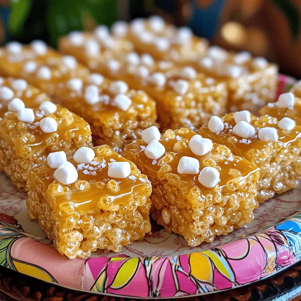 - 6 cups Rice Krispies cereal - 1 cup mini marshmallows - 1 cup peanut butter (smooth or crunchy) - 1 cup unsalted butter (2 sticks) - 1 cup granulated sugar - 1/2 cup brown sugar, packed - 1 teaspoon vanilla extract - 1 teaspoon sea salt (plus extra for garnish) You might want to change some ingredients. Here are a few ideas: - For a vegan option, use coconut oil in place of butter. Swap regular marshmallows for vegan ones. - If you need gluten-free treats, look for gluten-free Rice Krispies. They taste just as good! - You can use sunflower seed butter or soy nut butter instead of peanut butter for nut-free treats. These swaps keep the fun and flavor intact while meeting dietary needs. Enjoy the process of making your treats! To start, gather a large saucepan and place it on medium heat. First, melt one cup of unsalted butter. Once the butter is melted, add one cup of granulated sugar and half a cup of packed brown sugar. Stir this mixture continuously until it starts to boil lightly. This step is key for a smooth caramel. Next, reduce the heat to low. Carefully mix in one cup of mini marshmallows and one cup of peanut butter. Stir until the mix is fully melted and smooth. This should take about 2-3 minutes. The marshmallows and peanut butter give the caramel its rich, gooey texture. Now, it’s time to fold in the Rice Krispies. You will need six cups of Rice Krispies cereal for this step. Gently add the cereal to the caramel mixture. Make sure to fold it in carefully. This helps to coat each piece evenly without crushing them. An even coating ensures that every bite is packed with flavor. Before pouring the mixture, grease a 9x13 inch baking dish. You can use cooking spray or some butter to prevent sticking. Pour the Rice Krispie mixture into the dish. Spread it evenly using a spatula or your greased hands. Press down firmly to compact the mixture well. After pressing, allow the treats to cool at room temperature for at least 30 minutes. Once set, cut them into squares or rectangles. For a special touch, sprinkle a small pinch of sea salt over the top before serving. This enhances the salted caramel flavor and makes them even more delicious. To avoid overly sticky treats, use a non-stick saucepan. Melt the butter slowly on low heat. Stir in the sugars until they dissolve completely. Once you add the marshmallows and peanut butter, make sure to stir gently. This keeps the mixture smooth and creamy. After mixing in the Rice Krispies, press the mixture into your baking dish firmly. Use your hands or a spatula to compact the mixture without crushing the cereal. This helps create a nice, chewy texture that holds together well. For extra flavor, try adding toppings. You can drizzle melted chocolate on top. Or, sprinkle crushed nuts for a crunchy bite. A dash of cinnamon or a swirl of peanut butter can add a unique twist. Using different types of salt can enhance the taste. Flaky sea salt offers a nice crunch. Try smoked salt for a deeper flavor. Each type brings its own unique taste to your treats. Choosing the right saucepan makes a big difference. A heavy-bottomed saucepan prevents burning. It ensures even heating for melting butter and sugar. Use a sturdy spatula for mixing. A silicone spatula works best for scraping the sides of the pan. Measuring cups are important for accuracy. They help you get the right amount of each ingredient. For more tips, check out the Full Recipe. It offers detailed steps and suggestions for perfecting your Salted Caramel Rice Krispie Treats. {{image_2}} You can easily change the flavor of your salted caramel rice Krispie treats. Adding chocolate chips gives them a rich twist. I love using semi-sweet chips for balance. You can also mix in nuts for crunch. Walnuts or pecans work well. Another fun idea is to add spices. A dash of cinnamon gives warmth. Nutmeg adds a cozy holiday feel. Just a pinch can transform the taste. Not everyone can enjoy the same treats. For a low-sugar option, use a sugar substitute. This way, you can still enjoy the sweetness without the extra sugar. If you have allergies, try nut-free options. Use sunflower seed butter instead of peanut butter. You can also find dairy-free marshmallows. These swaps make your treats safe and delicious for everyone. Seasonal flavors can make your treats even more special. For fall, add a bit of pumpkin spice. In summer, try mixing in dried fruit for a fruity twist. You can also make holiday-themed treats. For Halloween, add orange and black sprinkles. At Christmas, use festive colors like red and green. These ideas make your treats fun for any occasion. For the complete recipe, check out the Full Recipe above. Enjoy your baking! To keep your salted caramel rice Krispie treats fresh, use airtight containers. Glass or plastic containers work well. Make sure the treats are cool before sealing the container. This prevents moisture build-up, which can make them soggy. Keep the treats at room temperature. They can stay fresh for up to three days. If you want them to last longer, avoid cutting them into squares until you're ready to eat. This helps keep their shape and texture. To stop the treats from becoming stale, try these tips: - Place a slice of bread in the container. - The bread adds moisture and keeps the treats soft. - Avoid using wax paper between layers, as it can stick. You can freeze salted caramel rice Krispie treats for a longer storage option. First, let them cool completely. Then, wrap each treat in plastic wrap. After wrapping, place them in a freezer-safe bag or container. When freezing, the treats can last for up to three months. To thaw, move them to the fridge overnight. If you're in a hurry, you can let them sit at room temperature for about 30 minutes. When ready to enjoy, do not refreeze them after thawing. This keeps the texture nice and chewy. For the full recipe, refer back to the main sections outlined above. Salted Caramel Rice Krispie Treats last about 2-3 days at room temperature. Keep them in an airtight container. If you store them in the fridge, they can last up to a week. Just remember, the treats might get a bit firmer when cold. Yes, you can make these treats a day or two ahead. This is great for parties or events. Just store them in an airtight container. They will still taste amazing when you serve them. If the mixture is sticky, you can try these tips. First, let the mixture cool a bit before mixing in the Rice Krispies. This can help reduce stickiness. Second, use a greased spatula or your hands to avoid sticking. If it’s still too sticky, add a bit more Rice Krispies. This will help balance the texture. For the full list of ingredients and steps, check out the Full Recipe. This will guide you through making these delicious treats step by step. You’ve learned how to make delicious Salted Caramel Rice Krispie Treats. We covered ingredients, easy steps, and tips for the right texture. You can customize these treats for diet needs or special occasions. Remember to store them well for lasting freshness. I hope you feel ready to create your own tasty snacks. Enjoy your cooking!
