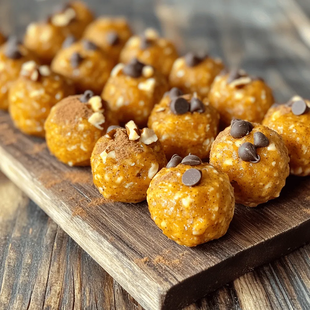 To make these tasty energy bites, gather the following: - 1 cup rolled oats - 1/2 cup pumpkin puree - 1/4 cup almond butter (or peanut butter) - 1/4 cup honey or maple syrup - 1/2 teaspoon ground cinnamon - 1/2 teaspoon ground ginger - 1/4 teaspoon nutmeg - 1/4 teaspoon salt - 1/4 cup mini chocolate chips (optional) - 1/4 cup chopped nuts (such as walnuts or pecans, optional) You can personalize your energy bites easily. Here are some add-ins to consider: - Seeds: Add chia seeds or flaxseeds for extra nutrition. - Dried fruit: Try cranberries or raisins for a sweet touch. - Protein powder: Boost your bites with your favorite protein powder. - Coconut flakes: Add unsweetened coconut for a tropical vibe. These options let you tailor the bites to your taste and needs. Each ingredient in these energy bites offers health benefits: - Rolled oats: These provide fiber and energy. They help keep you full. - Pumpkin puree: Rich in vitamins A and C. It's low in calories but high in flavor. - Almond butter: This nut butter is a good source of healthy fats and protein. - Honey or maple syrup: Natural sweeteners that offer quick energy. - Spices (cinnamon, ginger, nutmeg): These add flavor and have anti-inflammatory properties. - Salt: A small amount helps balance the sweetness. - Chocolate chips and nuts: These can add a fun texture and extra nutrients. Each bite is not just tasty but also packed with good stuff! For the full recipe, refer to the earlier section. To make pumpkin spice energy bites, start by gathering all your ingredients. You will need rolled oats, pumpkin puree, almond butter, and honey. These ingredients form the base of your bites. 1. In a large mixing bowl, combine 1 cup rolled oats, 1/2 cup pumpkin puree, 1/4 cup almond butter, and 1/4 cup honey or maple syrup. Stir well until everything blends nicely. 2. Next, add 1/2 teaspoon ground cinnamon, 1/2 teaspoon ground ginger, 1/4 teaspoon nutmeg, and 1/4 teaspoon salt. Mix until you see no dry spots. 3. If you like a little crunch, fold in 1/4 cup mini chocolate chips and 1/4 cup chopped nuts. This step is optional but fun! 4. Use your hands to form small balls, about 1 inch in size. This part can get a bit sticky, but it’s worth it. 5. Place the bites on a baking sheet lined with parchment paper. This helps with easy cleanup. 6. Chill them in the fridge for at least 30 minutes. This step helps the bites firm up. 7. Finally, transfer your energy bites to an airtight container for storage. - Step 1: A bowl filled with the mixed base ingredients. - Step 2: Close-up of the spices being added to the mixture. - Step 3: A hand folding in the chocolate chips and nuts. - Step 4: Hands rolling the mixture into small balls. - Step 5: Bites arranged neatly on the lined baking sheet. - Step 6: A fridge with the baking sheet inside. - Step 7: A well-sealed container filled with the finished energy bites. - Use fresh pumpkin puree for the best taste. Canned works too but check for added sugars. - Adjust the spices to your liking; some might prefer more cinnamon or ginger. - If the mix feels too dry, add a splash of water or more nut butter. - Let the bites chill longer if they are still soft after 30 minutes. - Experiment with different nut butters if you have allergies or preferences. These steps help you create tasty and healthy pumpkin spice energy bites. For the complete recipe, refer to the earlier section. Enjoy your cooking! To make the best pumpkin spice energy bites, follow these tips. Always use fresh ingredients. Check the date on your spices, as old spices lose flavor. Measure your ingredients carefully. This ensures the right texture and taste. Mix the wet ingredients first. This helps blend the flavors well. When you add the dry ingredients, stir slowly to avoid spills. Serving your energy bites can be fun! Place them on a colorful plate. You can even use cupcake liners for a cute touch. If you want to impress guests, drizzle some melted chocolate on top. It adds a nice look and taste. You can also sprinkle some extra cinnamon on top for added flavor. Serve them with a warm drink like tea or coffee for a cozy snack. To make sure your energy bites are firm, chill them well. After mixing, form the balls and place them on a baking sheet. Refrigerate them for at least 30 minutes. This step is key to getting the right texture. If they are too soft, you can add more oats. This will help them hold their shape better. If they still feel sticky, put them back in the fridge for a bit longer. For the full recipe, check out the complete instructions above. {{image_2}} You can play with flavors to make energy bites that suit your taste. Try adding cocoa powder for a chocolate twist. If you love fruit, mix in dried cranberries or raisins. For a tropical touch, add shredded coconut. You can also swap the pumpkin puree for sweet potato or banana to change the base flavor. These small changes keep your snacks fresh and fun. If you have allergies, it's easy to adjust the recipe. Use sunflower seed butter instead of almond or peanut butter if you're allergic to nuts. If you can’t have honey, maple syrup works great as a sweetener. For gluten-free bites, make sure to choose certified gluten-free oats. These swaps make the recipe safe and tasty for everyone. Serving energy bites can be fun, too! Try stacking them on a cute plate for a snack display. You can also roll them in crushed nuts or seeds for extra crunch. Pair them with yogurt or fresh fruit for a balanced snack. For a festive look, place them in small treat bags as gifts. These ideas make your energy bites look as good as they taste. For the complete recipe, check the [Full Recipe]. To keep your pumpkin spice energy bites fresh, place them in an airtight container. This helps lock in moisture and flavor. You can store them in the fridge for best results. Make sure to separate layers with parchment paper if stacking them. These energy bites last about one week in the fridge. If you want to store them longer, freeze them! They can stay fresh in the freezer for up to three months. Just make sure to wrap each bite in plastic wrap or foil before placing them in a freezer bag. This prevents freezer burn. Use glass or plastic containers with tight lids for storage. I prefer glass since it does not absorb odors. Choose a container that fits the number of bites you have. If you have a large batch, use multiple containers. This way, you can grab a few bites easily. For freezing, a good-quality freezer bag works well too. Pumpkin spice energy bites are small, no-bake snacks. They mix oats, pumpkin puree, and nut butter. These bites are sweet, warm, and packed with energy. They are great for busy days or as a quick treat. The blend of spices like cinnamon and nutmeg gives them a cozy flavor. You can make them easily at home with the Full Recipe provided. Yes, you can use different nut butter! Almond butter works well, but peanut butter is also good. If you have nut allergies, try sunflower seed butter or soy nut butter. Each type adds its own unique flavor. Just make sure the texture is similar to keep the bites firm. These energy bites last about one week in the fridge. Store them in an airtight container for best results. You can also freeze them for up to three months. When you want a bite, just take one out and enjoy! They are perfect for meal prep and snacking. You can find pre-made pumpkin spice energy bites at local health food stores. Some grocery stores may also carry them. Check the snack or health food aisle. Online options are available too, like on Amazon or specialty food sites. Just read the labels to ensure they match your taste. In this post, we explored the delightful world of Pumpkin Spice Energy Bites. We discussed key ingredients, how each adds nutrition, and step-by-step instructions for making them. You learned tips for a perfect texture, creative variations, and how to store your bites well. Remember, these energy bites are not just tasty; they pack a nutritious punch. Customize them to fit your palate or dietary needs. Enjoy making these bites and sharing them with friends. They will love the flavors and benefits!